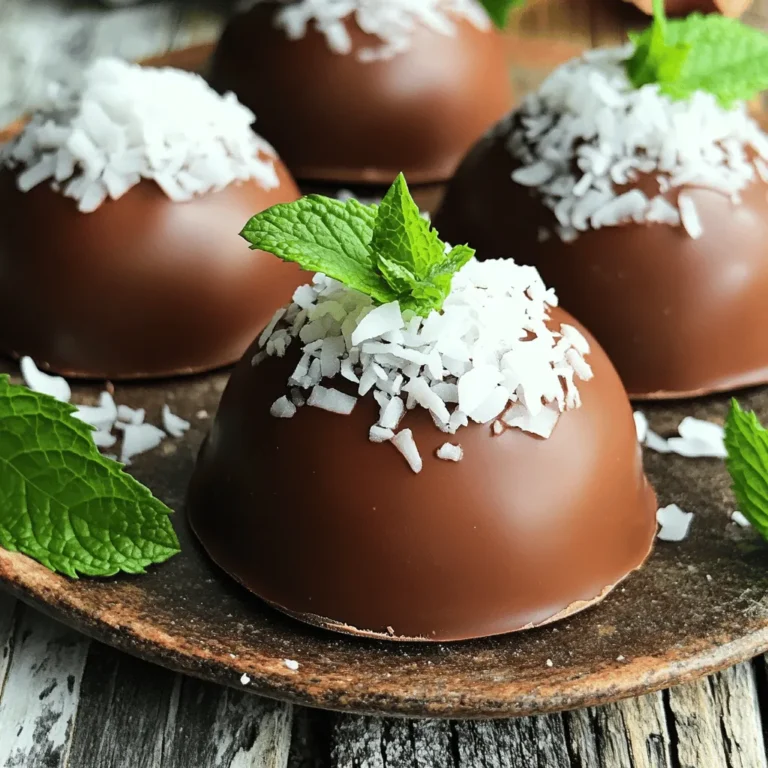 To make the Coconut Chocolate Dome, gather these key items: - 1 cup coconut cream - 1/2 cup granulated sugar - 1/2 cup unsweetened cocoa powder - 1/2 cup dark chocolate, chopped - 1/4 cup shredded coconut - 1 teaspoon vanilla extract - Pinch of salt - 1 tablespoon coconut oil - 1/4 cup milk chocolate for coating - Fresh mint leaves for garnish (optional) These ingredients create a rich and creamy dessert that shines with coconut flavor. If you can’t find coconut cream, try using heavy cream or a dairy-free option like almond milk. For vegan or gluten-free needs, use plant-based milk and non-dairy chocolate. These swaps keep the dessert tasty without losing charm. Want to make more or fewer domes? Simply adjust the amounts. For 12 domes, double all ingredients. For just two, cut them in half. It's easy to scale, ensuring everyone gets a bite of this treat. To make the coconut chocolate mixture, start by gathering your ingredients. You need coconut cream, sugar, cocoa powder, and a pinch of salt. 1. In a medium saucepan, mix the coconut cream, sugar, cocoa powder, and salt. 2. Heat this mix on medium. Stir it constantly. You want the sugar and cocoa to dissolve completely. 3. Once smooth, remove the pan from the heat. Add chopped dark chocolate, shredded coconut, and vanilla extract. 4. Stir until the chocolate melts and everything combines well. 5. Let this mixture cool a bit. Then, carefully pour it into dome-shaped silicone molds. Fill them just below the rim. Now it’s time to set the domes. 1. Place the molds in the freezer. 2. Let them freeze for about 4 to 5 hours. Check if they are firm. 3. When ready, gently remove the chocolate domes from the molds. 4. If they stick, warm the mold’s edges with your hands. This helps loosen them. Next, we’ll coat the domes with chocolate. 1. In a small microwave-safe bowl, combine milk chocolate and coconut oil. 2. Microwave this mix in 30-second bursts. Stir after each burst until it’s smooth. 3. Dip the top of each dome into the melted chocolate. Let the excess chocolate drip off. 4. Place the domes on a wire rack to set. 5. Once the coating is firm, you can serve the coconut chocolate domes. You can sprinkle some shredded coconut on top for extra flair. Follow this guide and you will create a stunning coconut chocolate dome that will wow your friends and family! For the full recipe, check the previous section. To get the right texture in your coconut chocolate mixture, stir it well. You want it smooth and creamy. If you find it too thick, add a bit more coconut cream. This will help. For added flavor, consider mixing in a dash of espresso or a few drops of almond extract. These flavors pair nicely with chocolate and coconut. Garnishing your coconut chocolate domes can really impress your guests. Try sprinkling additional shredded coconut on top. It adds texture and looks lovely. Fresh mint leaves make a great garnish too. They give a nice pop of color and freshness. When plating, use a clean white dish. It makes the dessert stand out more. One common issue is uneven setting of the domes. To avoid this, make sure the mixture is evenly distributed in the molds. If the domes do not come out cleanly, try warming the mold slightly. This helps loosen them. Also, ensure your chocolate coating is not too thick. A thin layer will look smooth and shiny. {{image_2}} To make a fully plant-based version, use coconut cream. Replace milk chocolate with vegan chocolate. This simple swap keeps the taste rich and creamy. You can use agave or maple syrup instead of granulated sugar. These options make the dessert sweet without animal products. For a gluten-free recipe, ensure all ingredients are labeled gluten-free. Use certified gluten-free cocoa powder and chocolate. This way, everyone can enjoy this delightful treat without worry. You can also replace granulated sugar with coconut sugar for a unique flavor twist. To add different flavors, think outside the box! Mint and orange zest work great. You can mix in a few drops of peppermint oil for minty goodness. For orange flavor, add zest to the chocolate mixture. You can even swirl in fruit purees like raspberry or passion fruit for a fruity touch. Each of these ideas adds a fun twist to your coconut chocolate dome. To keep your coconut chocolate domes fresh, store them properly. If the domes are uncoated, wrap them in plastic wrap. Place them in an airtight container. This method keeps them safe from freezer burn. For coated domes, let the chocolate set first. Then place them in a single layer in an airtight container. Add parchment paper between layers to prevent sticking. Coconut chocolate domes last about five days in the refrigerator. Make sure to keep them in an airtight container. If you want to save them longer, freeze them. Frozen domes can last up to three months. Just remember to wrap them well to avoid freezer burn. Before serving, let the domes sit at room temperature for a few minutes. This helps bring back their soft texture. If the chocolate looks dull, you can warm them slightly in your hands. Avoid using a microwave, as it may melt the chocolate too much. Enjoy the fresh taste and texture of your coconut chocolate domes! For the full recipe, click here. To avoid cracks, make sure your chocolate is not too hot. Melt the chocolate gently. Stir it often to keep the heat even. Once melted, let it cool slightly before dipping. This helps create a smooth coating over the dome. You can also try dipping the domes quickly. This keeps the chocolate from setting too fast. Yes, you can make these domes ahead of time. Prepare them and freeze them for up to two weeks. When you are ready to serve, take them out and let them thaw in the fridge. This keeps their shape and taste fresh. If you coat them, do it right before serving for the best results. You can serve coconut chocolate domes with many delicious things. Fresh fruit like strawberries or raspberries adds a nice touch. A scoop of vanilla ice cream pairs well too. For drinks, serve with coffee, hot chocolate, or a fruity cocktail. These options complement the rich flavors of the domes perfectly. You now have all the tools to create delicious coconut chocolate domes. You learned about essential ingredients and substitutes, making adjustments for dietary needs. The step-by-step guide helps you prepare, set, and coat your domes perfectly. I shared tips to perfect flavors and avoid common mistakes. Feel free to experiment with variations that suit your taste. By following these guidelines, you'll create tasty treats that impress everyone. Enjoy making and sharing your coconut chocolate domes!