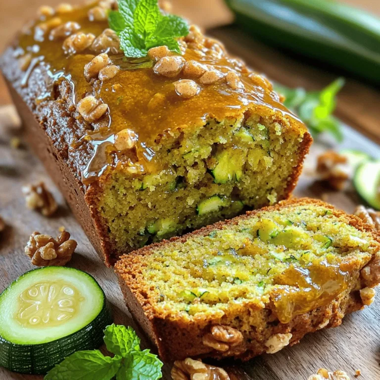 To make the best zucchini bread, you need some key ingredients. Here is what you will need: - 2 medium zucchinis, grated (about 2 cups) - 1 cup all-purpose flour - 1 cup whole wheat flour - 1 teaspoon baking soda - ½ teaspoon baking powder - ½ teaspoon salt - 2 teaspoons cinnamon - 1/2 teaspoon nutmeg - 1/2 cup honey - 1/2 cup vegetable oil - 2 large eggs - 1 tablespoon vanilla extract These ingredients create a moist and tasty bread. The grated zucchini adds moisture and nutrition, while honey gives it sweetness. Whole wheat flour adds a nice texture and flavor. You can boost the flavor of your zucchini bread with some fun add-ins. Here are a few ideas: - 1 cup chopped walnuts - 1/2 cup raisins - 1/2 cup chocolate chips Adding walnuts gives a nice crunch. Raisins add sweetness and chewiness. If you love chocolate, chocolate chips are a great choice. Feel free to mix and match these options. Choosing the right zucchini is key to great bread. Here’s how to pick the best ones: - Look for small to medium zucchinis. They are more tender and less bitter. - Check for a shiny, firm skin without blemishes. - Avoid large zucchinis as they may have tough seeds and more water. When you get fresh zucchini, your bread will taste amazing. For a fun twist, you can even use yellow squash if you want to try something different. For the full recipe, check the details above. Start by gathering all your ingredients. You will need two medium zucchinis, about two cups when grated. Grate the zucchinis and set them aside. Next, measure out your dry ingredients. You will need one cup of all-purpose flour and one cup of whole wheat flour. Add one teaspoon of baking soda, half a teaspoon of baking powder, and half a teaspoon of salt. Don't forget the cinnamon and nutmeg; you’ll need two teaspoons of cinnamon and half a teaspoon of nutmeg. Also, get your wet ingredients ready: half a cup of honey, half a cup of vegetable oil, two large eggs, and one tablespoon of vanilla extract. If you want to add texture, grab one cup of chopped walnuts and half a cup of raisins or chocolate chips. In a large bowl, mix the grated zucchini with the honey, vegetable oil, eggs, and vanilla extract. Stir well until everything is blended. Then, in a separate bowl, whisk together the dry ingredients until they are well combined. Gradually add this dry mix to the wet ingredients. Stir gently to combine, but don’t over-mix. It’s okay if the batter has some lumps. If you’re using walnuts or raisins, fold them in gently at this stage. Preheat your oven to 350°F (175°C) and prepare your 9x5 inch loaf pan. You can grease it or line it with parchment paper for easy removal. Pour the batter into the pan and smooth the top with a spatula. Bake your zucchini bread for 50 to 60 minutes. To check if it is done, insert a toothpick into the center. If it comes out clean, your bread is ready. Let it cool in the pan for about ten minutes before transferring it to a wire rack. This cooling step is important to keep the bread from getting soggy. Enjoy the aroma while it cools! To make your zucchini bread moist and tasty, start with fresh zucchini. Grate it finely to release its natural moisture. You can squeeze out excess water if it's very wet. Use a mix of all-purpose and whole wheat flour for great texture. Honey adds sweetness and moisture. Don't forget to add your favorite spices, like cinnamon and nutmeg. They enhance the flavor and make your kitchen smell amazing. One big mistake is over-mixing the batter. Stir just enough to blend the wet and dry ingredients. The batter can be lumpy; that's okay! Another mistake is skipping the cooling time. Let the bread cool in the pan for 10 minutes before taking it out. This helps it set properly. Also, avoid using too much zucchini. Stick to about two cups for the best results. Too much can make the bread soggy. You will need a few key tools for baking perfect zucchini bread. A 9x5 inch loaf pan is essential for shaping your bread. Use a large mixing bowl for combining your ingredients. A whisk helps mix dry ingredients well. A spatula is handy for folding in extras like nuts or chocolate chips. Lastly, a toothpick is your best friend for checking if the bread is done. Just insert it in the center; if it comes out clean, your bread is ready. For the full recipe, check out the [Full Recipe]. {{image_2}} You can make a gluten-free zucchini bread easily. Replace all-purpose flour with a gluten-free blend. Look for a blend that includes xanthan gum for the best texture. Use the same amount as the recipe calls for. This swap keeps your bread delicious and safe for gluten-free eaters. Feel free to get creative! You can add various spices to change the flavor. Try adding ginger for warmth or cardamom for a unique twist. You can also mix in cocoa powder for a chocolate version. Just keep the dry ingredients balanced, and adjust the sugar if needed. Adding nuts and dried fruits boosts flavor and texture. Chop walnuts, pecans, or almonds for a crunchy bite. You can also mix in dried cranberries or apricots for sweetness. If you love chocolate, chocolate chips make a great addition too. Just fold them in gently at the end of mixing. This way, you add healthy goodies without losing the classic taste of zucchini bread. Discover more ideas in the [Full Recipe]. To keep your zucchini bread fresh, store it in an airtight container. This keeps moisture in and air out. Place a paper towel in the container to absorb any extra moisture. It helps the bread stay soft longer. You can store it at room temperature for up to three days. If you want it to last longer, refrigerate it. Just remember to wrap it well to prevent it from drying out. If you have extra zucchini bread, freezing is a great option. First, let it cool completely. Then, slice it into pieces for easy serving. Wrap each slice tightly in plastic wrap. You can also use aluminum foil for extra protection. Place the wrapped slices in a freezer bag, removing as much air as possible. Label the bag with the date. You can freeze zucchini bread for up to three months. When you want to enjoy your frozen bread, there are simple steps to follow. First, take out the slice and unwrap it. You can thaw it in the fridge overnight or leave it at room temperature for a few hours. For a warm treat, use the oven. Preheat it to 350°F (175°C). Place the slice on a baking sheet and warm it for about 10 minutes. This will help revive its fresh taste and soft texture. Enjoy your delicious bread just like it was freshly baked! You can tell zucchini bread is done by checking the center. Insert a toothpick into the middle. If it comes out clean, your bread is ready. If not, give it a few more minutes. The top should also look golden and firm. The bread will rise and feel springy when you gently press it. Yes, you can use yellow squash in this recipe. Yellow squash has a similar texture and moisture content. Just make sure to grate it like you would the zucchini. The flavor will change slightly but still taste great. Experimenting with different squashes can add fun twists to your baking. If you want to replace honey, use maple syrup or agave nectar. Both options will give your bread sweetness. You can also use brown sugar, but adjust the liquid in the recipe. Replace each cup of honey with one cup of either syrup or one cup of sugar mixed with 1/4 cup of water. This keeps the texture right. For the best results, choose a sweetener you enjoy. For the full recipe, check out the irresistible honey glazed zucchini bread recipe above! Zucchini bread is a tasty treat that brings joy to many. We explored ingredients that make it special, including essential and optional add-ins. I shared simple steps for mixing and baking your bread perfectly. Tips helped you avoid common mistakes, ensuring a moist result. We also discussed variations and storage, making your bread last longer. In the end, zucchini bread is fun to make and enjoy. With these tips, you can bake a delicious loaf that impresses everyone. Happy baking!