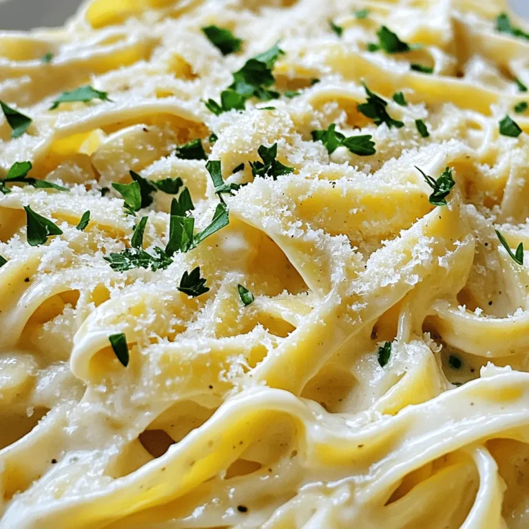- 12 oz fettuccine pasta - 4 tablespoons unsalted butter - 3 cloves garlic, minced - 1 cup heavy cream - 1 cup grated Parmesan cheese - 1/2 teaspoon black pepper - Salt to taste - Chopped fresh parsley In this dish, fettuccine pasta forms the base. It cooks up nice and thick. The unsalted butter gives a rich flavor, while the minced garlic adds a tasty kick. Heavy cream brings that creamy texture we love. Grated Parmesan cheese makes the sauce smooth and cheesy. Black pepper adds a hint of spice. Finally, salt and parsley help to finish the dish right. For the full recipe, check out the detailed steps later. First, fill a large pot with water. Add a good amount of salt to it. This helps the pasta taste better. Bring the water to a rolling boil. Once boiling, add 12 oz of fettuccine pasta. Cook it according to the package directions until it's al dente. This means it should be firm but not hard. It usually takes about 8-10 minutes. Before draining, save 1 cup of the pasta water. This water adds flavor and helps the sauce stick. Drain the pasta and set it aside. In the same pot, melt 4 tablespoons of unsalted butter over medium heat. Once it’s melted, add 3 cloves of minced garlic. Sauté the garlic for 1-2 minutes. You want it fragrant but not brown. Next, slowly pour in 1 cup of heavy cream. Stir to mix it well. Let the mixture simmer for 2-3 minutes until it thickens a bit. After that, add 1 cup of grated Parmesan cheese, 1/2 teaspoon of black pepper, and a pinch of salt. Stir until the cheese melts and the sauce is smooth. Now, it’s time to bring the pasta and sauce together. Add the cooked fettuccine to your creamy sauce. Toss the pasta in the sauce until it’s well coated. If the sauce looks too thick, add some of the reserved pasta water a little at a time. This will help you reach the right consistency. Taste your dish and adjust the seasoning with more salt or black pepper if needed. Serve your fettuccine alfredo right away for the best taste. You can find the complete instructions in the Full Recipe. Choosing the right cheese For a rich flavor, I love using freshly grated Parmesan cheese. It melts well and gives a nice taste. Avoid pre-grated cheese; it often has additives that can change the sauce texture. You can also mix in some Pecorino Romano for an extra kick. Importance of reserved pasta water Always save some pasta water before draining. This water is starchy, and it helps the sauce stick to the pasta. Add it slowly to adjust the sauce's thickness. It helps make a creamy, smooth sauce that clings to each strand of fettuccine. Understanding al dente Cooking your fettuccine al dente means it should be firm when bitten. It should not be mushy. This texture holds up well in the sauce. Check the package for cooking time, but start tasting a minute or two early. Timing for best texture Once your pasta is ready, drain it right away. Don't let it sit too long, as it can become soggy. Combine it with the sauce immediately for the best taste and texture. This makes every bite of your fettuccine Alfredo delightful. Plate presentation ideas When serving, twirl the fettuccine in the center of a plate. This creates a lovely nest. Top it with extra Parmesan and a sprinkle of parsley for color. It makes the dish look fancy and inviting. Best accompaniments Pair your fettuccine Alfredo with a fresh green salad. A light Caesar salad works great. You can also serve garlic bread on the side for a full meal experience. This combination will impress your guests and make your meal special. {{image_2}} You can make your fettuccine Alfredo heartier by adding proteins. Grilled chicken is a classic choice. Just slice it thin and mix it in. Shrimp also works well. Sauté shrimp until pink, then toss with the pasta. If you prefer a vegetarian option, try adding cooked mushrooms or roasted vegetables. Both add great flavor. Herbs and spices can truly elevate your dish. Fresh basil or parsley can add a nice touch. Try a pinch of nutmeg for warmth. You can also use different cheese varieties. Pecorino Romano adds a sharp taste. A mix of cheeses can make the dish even richer. Want to lighten the dish? Use lower-calorie substitutes. Swap heavy cream for half-and-half or whole milk. This change keeps the creaminess but cuts calories. You can also use a cauliflower puree instead of cream. It gives a great texture without the extra fat. After enjoying your Easy Fettuccine Alfredo, you may have leftovers. To store them, follow these tips: - Let the pasta cool to room temperature. - Place it in an airtight container. - Refrigerate within two hours to keep it fresh. - Use it within three days for best taste. When it's time to enjoy your leftovers, you have two main options: the microwave or stovetop. - Microwave: Place the pasta in a bowl, cover it with a damp paper towel, and heat in short bursts. Stir between each burst to heat it evenly. - Stovetop: Put the pasta in a pan over low heat. Add a splash of cream or reserved pasta water for creaminess. Stir gently until warmed through. Can you freeze fettuccine alfredo? Yes, but keep in mind it may change texture. Here are some tips: - Cool the pasta completely before freezing. - Use freezer-safe bags or containers to avoid freezer burn. - Label the container with the date. - To thaw, place it in the fridge overnight. Reheat using the stovetop method for best results. For a complete overview of making this dish, check the Full Recipe for step-by-step guidance. Making Easy Fettuccine Alfredo is quick and simple. It takes about 10 minutes to prep and 10 minutes to cook. In total, you will spend around 20 minutes from start to finish. This makes it a great choice for busy nights when you want a tasty meal fast. Yes, you can prepare Easy Fettuccine Alfredo ahead of time. Cook the fettuccine and sauce, then store them separately. Keep them in airtight containers in the fridge for up to three days. When you're ready to eat, reheat the pasta and sauce together in a pan. Add a splash of reserved pasta water to bring back the creaminess. If you need to skip heavy cream, there are good options. You can use half-and-half for a lighter sauce. Milk with a bit of butter also works well. For a dairy-free choice, try coconut cream or cashew cream. These alternatives will change the flavor a bit, but they can still make your dish creamy and delicious. Easy Fettuccine Alfredo is a simple delight to make. You need fettuccine pasta, butter, garlic, cream, cheese, and spices. Follow the steps to cook and mix everything well. Try tips for better sauce and texture. You can also explore variations for fun flavors. Store leftovers correctly for later, and reheating is a breeze. With these insights, you can master this dish with ease. Enjoy making Fettuccine Alfredo your way. Happy cooking!