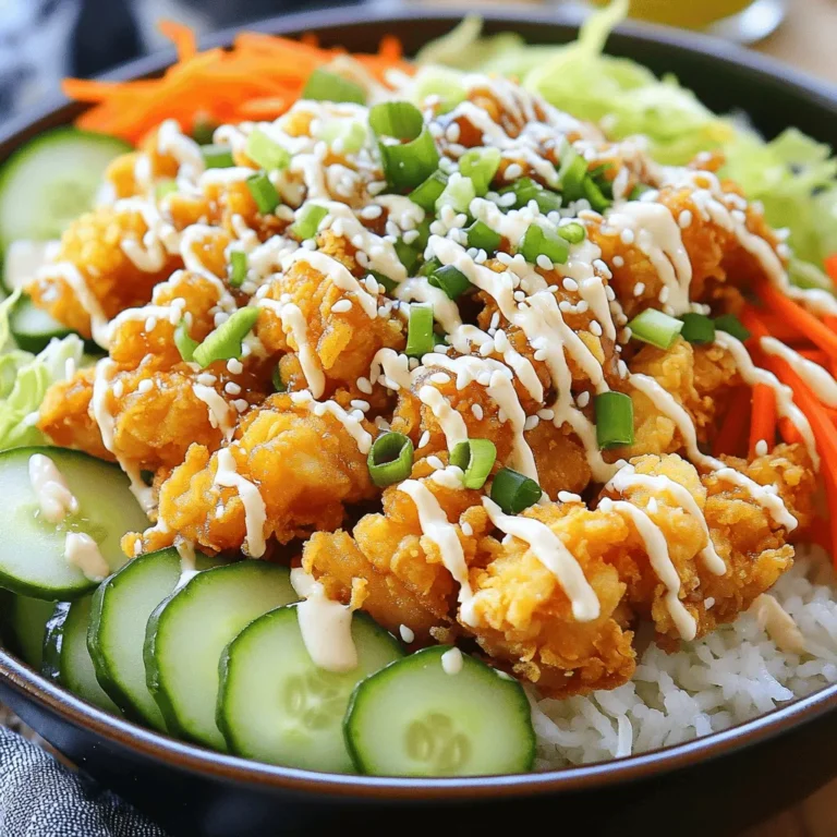 To make a tasty Bang Bang Chicken Bowl, you need a few key items. Here’s what you’ll need: - 2 cups cooked jasmine rice - 1 lb chicken breast, diced - 1/2 cup cornstarch - 1 tablespoon vegetable oil - 1 cup shredded cabbage - 1 carrot, julienned - 1/2 cucumber, sliced - 3 green onions, chopped - Sesame seeds for garnish These items create a filling meal that looks great and tastes even better. The sauce is what makes this bowl pop with flavor. For the Bang Bang sauce, you will need: - 1/2 cup mayonnaise - 3 tablespoons sweet chili sauce - 1 tablespoon sriracha (adjust for spice level) - 1 teaspoon lime juice Mix these ingredients well. This sauce adds creaminess and a kick! Fresh veggies brighten the dish and add crunch. I recommend these: - Shredded cabbage - Julienned carrots - Sliced cucumber - Chopped green onions Feel free to add your favorites. This recipe is flexible! For the full recipe, check the link. To make the Bang Bang sauce, start with a mixing bowl. Add 1/2 cup of mayonnaise, 3 tablespoons of sweet chili sauce, and 1 tablespoon of sriracha. If you like it spicier, add more sriracha. Then, squeeze in 1 teaspoon of lime juice. Whisk everything together until it’s smooth and creamy. Set this sauce aside for later. Next, take your diced chicken breast and place it in a bowl. Sprinkle 1/2 cup of cornstarch over the chicken. Toss it well, so each piece is coated. This step makes the chicken crispy. Heat 1 tablespoon of vegetable oil in a skillet over medium-high heat. Once hot, add the coated chicken. Cook for about 6 to 8 minutes. Stir occasionally until the chicken turns golden brown and is fully cooked. Remove it from the heat and let it cool slightly. Now it’s time to put everything together. Start with 2 cups of cooked jasmine rice as your base. Next, place the cooked chicken on top of the rice. Then, add shredded cabbage, julienned carrots, and sliced cucumber. Drizzle the Bang Bang sauce generously over the chicken and veggies. For the final touch, sprinkle some chopped green onions and sesame seeds on top. Enjoy your colorful and tasty Bang Bang Chicken Bowl! For the complete recipe, refer to the Full Recipe section. To get perfectly cooked chicken, start with even-sized pieces. This helps them cook at the same rate. Coat the diced chicken in cornstarch well. This gives it a nice crispy texture. Heat the oil until it shimmers before adding the chicken. Cook it for 6 to 8 minutes. Check that it is golden brown and fully cooked. Use a meat thermometer. The chicken should reach 165°F for safety. To store leftovers, let your Bang Bang Chicken Bowl cool down first. Place it in an airtight container. It can stay in the fridge for up to three days. If you want to keep it longer, freeze it. Just remember to separate the sauce. The chicken and veggies can go in one container. The sauce should be in another. This keeps everything fresh and tasty. You can swap out some ingredients for a healthier bowl. Use brown rice instead of jasmine rice for more fiber. For the chicken, try using turkey or tofu for a different protein. Instead of mayonnaise, you could use Greek yogurt for a tangy twist. Adding more veggies? Try bell peppers, spinach, or edamame. These changes keep the flavor while boosting nutrition. {{image_2}} You can make a tasty vegetarian or vegan version of the Bang Bang Chicken Bowl. Swap the chicken for tofu or tempeh. Both options soak up flavor well. Use the same cornstarch coating for crispiness. If you want a nutty taste, try marinated and baked eggplant. For the sauce, ensure you use vegan mayonnaise. This keeps the rich flavor of the dish while staying plant-based. If you love heat, add more spice to your Bang Bang Chicken Bowl. Increase the amount of sriracha in the sauce. You can also add red pepper flakes to the chicken while cooking. For an extra kick, serve with sliced jalapeños. This spicy twist brings a new level of flavor that heat lovers will enjoy. The base of your bowl can change to make it healthier. Instead of jasmine rice, try brown rice or quinoa. Both options boost fiber and nutrients. Cauliflower rice is another great choice for a low-carb meal. These alternatives keep the dish filling while adding more health benefits. To store your Bang Bang Chicken Bowl, let it cool first. Place the chicken, rice, and veggies in an airtight container. Make sure to keep the Bang Bang sauce separate. This helps maintain the crunch of the veggies and the flavor of the sauce. Store in the fridge for up to three days. If you want to freeze leftovers, use freezer-safe containers. Divide the chicken and rice into portions. You can freeze the chicken and rice together, but keep the veggies and sauce separate. This way, the veggies stay fresh. You can freeze them for up to three months. To reheat, take the bowl out of the fridge or freezer. If frozen, let it thaw overnight in the fridge. For reheating, use a microwave-safe dish. Add a splash of water to keep it moist. Heat in the microwave for 2-3 minutes or until hot. Stir halfway to heat evenly. Drizzle the Bang Bang sauce on top before serving. Enjoy your meal! Bang Bang sauce is a mix of four simple ingredients. You need mayonnaise, sweet chili sauce, sriracha, and lime juice. The mayonnaise gives it a creamy texture. Sweet chili sauce adds sweetness and a hint of spice. Sriracha brings heat, and lime juice adds a refreshing zing. This sauce ties the whole dish together. It’s perfect for dipping or drizzling. Yes, you can make Bang Bang chicken ahead of time. Cook the chicken and prepare the sauce separately. Store each in an airtight container. Keep the chicken in the fridge for up to three days. The sauce can last about a week. When ready to eat, simply reheat the chicken and assemble your bowl. This helps save time on busy days. To find the best Bang Bang Chicken Bowl, check local food apps and websites. Look for restaurants with high ratings for Asian cuisine. Ask friends or family for recommendations too. Many places offer this dish, but each has its twist. You might discover a hidden gem serving an amazing version. Enjoy the search as part of the fun! This article covered everything you need to create a Bang Bang Chicken Bowl. We explored key ingredients and the creamy bang bang sauce. I shared easy steps to cook the chicken and put the bowl together. You got tips for perfect cooking, storing leftovers, and healthier swaps. Plus, we looked at tasty variations and how to store your dish. Now, go enjoy your fresh, flavorful bowl that suits your needs!