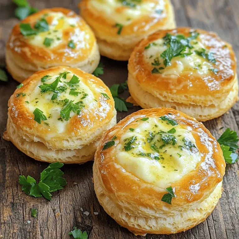 - 1 can refrigerated biscuit dough (8 count) - 1 cup shredded mozzarella cheese - 4 tablespoons unsalted butter, melted - 3 cloves garlic, minced - 1 teaspoon dried Italian herbs (oregano, basil, thyme mix) - 1/2 teaspoon garlic powder - 1/4 teaspoon red pepper flakes (optional for spice) - 1/4 teaspoon salt - Fresh parsley, chopped (for garnish) To make Biscuit Garlic Butter Cheese Bombs, you need simple, tasty ingredients. First, grab a can of refrigerated biscuit dough. This dough is the base of your cheese bombs. It’s soft and easy to work with. Next, shredded mozzarella cheese brings delicious gooeyness. You can also try other cheeses if you like. Melted unsalted butter adds richness. It helps give the bombs a nice, golden finish. Now, let’s spice things up! Minced garlic is key. It gives a strong, savory flavor. Dried Italian herbs add a nice touch. They mix well with garlic and cheese. Garlic powder boosts the garlic taste. Red pepper flakes can add a kick, but it's up to you. Finally, a pinch of salt enhances all the flavors. To finish, fresh parsley brightens the dish. It makes your cheese bombs look great and adds color. With these ingredients, you are set to create a tasty treat. For the full recipe, check out the section below. - Preheat your oven to 375°F (190°C). Line a baking sheet with parchment paper. This step helps the cheese bombs bake evenly. - In a small bowl, combine 4 tablespoons of melted butter, 3 cloves of minced garlic, 1 teaspoon of dried Italian herbs, 1/2 teaspoon of garlic powder, 1/4 teaspoon of red pepper flakes, and 1/4 teaspoon of salt. Mix well to create a flavorful garlic butter. - Open the can of refrigerated biscuit dough. Separate each biscuit and flatten each one slightly in your hand. Aim for a small circle. - Take about 1 tablespoon of shredded mozzarella cheese and place it in the center of each biscuit circle. This cheese will melt and create a gooey center. - Fold the biscuit around the cheese. Pinch it closed and roll it into a ball shape. Make sure the cheese is fully sealed inside to avoid leaks. - Arrange each cheese bomb seam side down on your prepared baking sheet. This keeps them from opening in the oven. - Brush the tops of the biscuit bombs with the garlic butter mixture. Use all of the mixture to get a rich flavor. - Bake in the preheated oven for 12-15 minutes. Look for a golden brown color to know they are cooked through. - Once baked, remove the cheese bombs from the oven and let them cool for a couple of minutes. Garnish with fresh chopped parsley before serving. For a detailed list of ingredients and instructions, check out the Full Recipe. To make the best Biscuit Garlic Butter Cheese Bombs, sealing the cheese is key. After placing cheese in the biscuit, fold it tightly. Pinch the edges well to keep the cheese inside. This step prevents leaks while baking. Baking temperature and timing matter too. Preheat your oven to 375°F (190°C). Bake the cheese bombs for 12 to 15 minutes. Look for a golden brown color to know they’re ready. You can prepare these cheese bombs in advance. Start by mixing the garlic butter and seasoning. Prepare the biscuits and cheese as directed. You can keep them in the fridge for up to a day before baking. For storage, place the unbaked cheese bombs in an airtight container. You can also freeze them for longer storage. Just make sure to place parchment paper between layers. When ready to eat, bake straight from the fridge or freezer. If frozen, add a few extra minutes to the baking time. Follow the Full Recipe for more helpful tips. {{image_2}} You can change the cheese in your biscuit garlic butter cheese bombs. While mozzarella is great, you can try cheddar or pepper jack for a twist. Cheddar gives a sharp flavor. Pepper jack adds a nice kick. You can also mix cheeses for fun flavors. Try half mozzarella and half cheddar for a rich taste. Mixing cheeses creates a unique experience in every bite. Add extra herbs and spices to boost flavor. Consider adding some fresh basil or chives for a bright taste. You can also sprinkle in some Italian seasoning to enhance the dish. For those who like heat, diced jalapeños can give a spicy bite. If you want a savory touch, bacon bits work wonders. Just cook the bacon first, then mix it in with the cheese. These flavor additions make your cheese bombs even more exciting! Discover more ideas and tips in the [Full Recipe]. After enjoying your biscuit garlic butter cheese bombs, store any leftovers in the fridge. Place them in an airtight container. This helps keep them fresh for up to three days. If you want to save space, wrap them in plastic wrap first, then put them in the container. This extra layer keeps moisture in and helps prevent them from drying out. To freeze these cheesy delights, let them cool completely. Once cooled, place them on a baking sheet in a single layer. Freeze them for about one hour until they are firm. After that, transfer the cheese bombs to a freezer bag. Remove as much air as you can to prevent freezer burn. They will stay fresh for about three months in the freezer. When you’re ready to eat, you can reheat them straight from the freezer. Preheat your oven to 350°F (175°C). Place the frozen cheese bombs on a baking sheet and cover them with foil. Heat them for about 15-20 minutes. Remove the foil for the last 5 minutes to get a nice, crispy top. Enjoy your tasty treat anytime! To add spice to your cheese bombs, mix in red pepper flakes. You can adjust the amount based on your taste. For even more heat, try adding diced jalapeños or a dash of hot sauce to the cheese filling. These additions will kick up the flavor and make each bite exciting. Yes, you can use homemade biscuit dough! Just make sure the dough is easy to work with. Roll it out to a similar thickness as store-bought dough. This way, you can still create the perfect cheese bombs. Homemade dough can make them even tastier. To reheat leftover cheese bombs, place them in a preheated oven at 350°F (175°C). Bake for about 10 minutes or until warm. This method keeps them crispy. You can also microwave them for 30-45 seconds, but they may lose some crunch. You’ll know the cheese bombs are done when they turn golden brown. Check the edges for color and the center for firmness. If they look golden and feel firm to the touch, they are ready to enjoy. Trust your eyes and nose; the garlic smell will be a good sign too! You now know how to make cheese bombs from simple ingredients. We covered the key steps, flavors, and storage tips. These treats are fun to make and perfect for sharing. Don't hesitate to customize them with your favorite cheeses or spices. Proper preparation ensures a great result each time. Enjoy your delicious cheese bombs hot or as leftovers. Remember, making these treats can be a great way to bond with family or friends. Happy cooking!