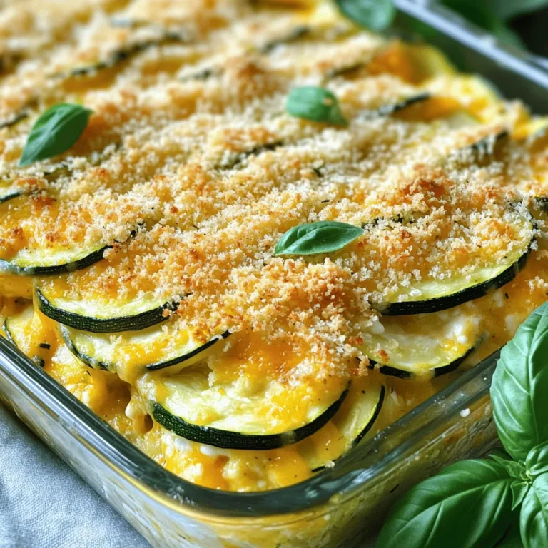 To make the perfect cheesy baked zucchini casserole, gather these ingredients: - 4 medium zucchinis, sliced thinly - 1 cup shredded mozzarella cheese - 1 cup shredded cheddar cheese - 1 cup ricotta cheese - 1 large egg - 1/2 cup grated Parmesan cheese - 1 teaspoon garlic powder - 1 teaspoon Italian seasoning - Salt and pepper to taste - 1 cup breadcrumbs (for topping) - 2 tablespoons olive oil - Fresh basil leaves for garnish (optional) When measuring, use a dry measuring cup for solids and a liquid cup for liquids. If you want to change things up, you can swap cheeses. Try gouda or feta for a twist. You can replace ricotta with cottage cheese for a lighter feel. For a vegan option, use plant-based cheeses or tofu instead of the egg and ricotta. I always prefer fresh zucchini for this dish. Fresh zucchini has a better taste and texture. It cooks well and adds moisture. Frozen zucchini can work, but it may release more water. If you use frozen, thaw and drain it well before cooking. Fresh ingredients often lead to a tastier casserole, making it a better choice for this cheesy delight. To start, wash the zucchinis well. I prefer medium zucchinis for this dish. Slice them thinly. This helps them cook evenly. After slicing, sprinkle salt and pepper on them. Let them sit for about 10 minutes. This will help draw out extra moisture. Once they sit, pat them dry with a paper towel. This step is key to keep the casserole from being too watery. Next, grab a large mixing bowl. In it, combine the ricotta cheese, egg, garlic powder, and Italian seasoning. Mix well until smooth. Then, add half of the shredded mozzarella and cheddar cheeses. Stir until everything blends together nicely. Add a pinch more salt and pepper. This cheese mixture is the heart of your casserole. It gives flavor and creaminess. Now, it's time to build your casserole. Take a greased baking dish. Layer half of the zucchini slices at the bottom. Spread the cheese mixture evenly over the zucchini. Add the rest of the zucchini slices on top. Sprinkle the remaining mozzarella and cheddar cheeses over everything. In a small bowl, mix breadcrumbs with olive oil. This adds crunch. Spread the breadcrumb mix over the cheese layer. Finally, top with grated Parmesan cheese for an extra kick. Cover the dish with aluminum foil. Bake it in a preheated oven at 375°F (190°C) for 25 minutes. After that, remove the foil and bake for another 15 to 20 minutes. Look for golden, bubbly cheese. The zucchini should be tender. Let the casserole sit for about 5 minutes before slicing. If you like, garnish with fresh basil leaves. Enjoy your cheesy baked zucchini casserole! For the full recipe, check out the details above. To keep your casserole from being soggy, draining moisture is key. First, slice the zucchinis thinly. Sprinkle them with salt and let them sit for about 10 minutes. This step draws out moisture. After that, pat them dry with a paper towel. This simple method helps keep the casserole creamy and not watery. While I love the classic mozzarella and cheddar mix, you can swap in different cheeses. Try using gouda for a smoky taste or feta for a tangy twist. You can even use vegan cheese if you want a dairy-free option. Mixing up the cheeses adds new flavors and makes the dish your own. Cooking at the right temperature is crucial for a perfect casserole. I recommend preheating the oven to 375°F (190°C). Bake covered for 25 minutes, then uncover and bake for another 15-20 minutes. This method gives you gooey cheese and tender zucchini. Keep an eye on it to avoid overcooking. Enjoy every cheesy bite! Check the [Full Recipe] for complete details on making this delicious dish. {{image_2}} You can add ground meat to your casserole for a boost of flavor. Ground beef, turkey, or chicken works well. Just cook the meat in a skillet until it’s brown. Mix the cooked meat with the cheese mixture before layering. This adds protein and makes the dish heartier. You can also season the meat with spices. This adds extra taste and depth to your casserole. For a vegan version, swap out the cheese and egg. Use plant-based cheese made from nuts or soy. Silken tofu can replace the egg. Blend the tofu until smooth and mix it with your spices. This keeps the creamy texture while making it dairy-free. Nutritional yeast can add a cheesy flavor. It’s a great way to enjoy the casserole without animal products. Feel free to add other veggies based on the season. Spinach, bell peppers, or mushrooms mix well with zucchini. Chop them up and sauté before layering them in the dish. This not only adds color but also boosts nutrition. Using seasonal veggies keeps the meal fresh and exciting. You can even try omitting zucchini for a new twist. Each variation brings its own unique flavor to the casserole. For the full recipe, check the details provided. After enjoying your cheesy baked zucchini casserole, let it cool down to room temperature. Then, place leftovers in an airtight container. Store in the fridge for up to three days. If you have a large portion, divide it into smaller servings. This makes it easy to grab for meals later. To reheat, I recommend using the oven for the best flavor. Preheat it to 350°F (175°C). Place the casserole in an oven-safe dish. Cover it with foil to keep moisture in. Heat for about 20 minutes or until warm. You can also use a microwave, but it may not retain the same texture. If using the microwave, heat in short bursts, stirring in between. If you want to save some for later, freezing is a great option. After cooling, wrap the casserole tightly in plastic wrap. Then, place it in a freezer-safe bag. It can last for up to three months in the freezer. When you're ready to eat, transfer it to the fridge to thaw overnight. Reheat as mentioned above for the best results. Enjoy your cheesy comfort dish anytime! Yes, you can make this casserole ahead of time. Prepare it the day before. Simply follow the recipe until you cover it with foil. Store it in the fridge overnight. When you are ready to bake, just add a few extra minutes to the cooking time. This method helps the flavors blend nicely, making it even tastier. This cheesy baked zucchini casserole pairs well with many side dishes. Here are a few great options: - A simple green salad with a light vinaigrette - Garlic bread for a crunchy side - Roasted vegetables for a healthy touch - A bowl of soup, like tomato or minestrone These sides add variety and complement the flavors of the casserole. Yes, you can use yellow squash instead of zucchini. Both have a similar texture and taste. Yellow squash adds a nice color to the dish. Just slice it the same way as zucchini. You can mix both for more flavor and a colorful plate. Enjoy experimenting with this fun twist! If you want to try making this dish, check out the Full Recipe for all the details. This blog post covered how to make a tasty Cheesy Baked Zucchini Casserole. We looked at ingredients, including fresh and frozen options. I shared step-by-step instructions, tips for the best results, and fun variations. You can even store leftovers easily. My final thought is that this dish can fit any diet and taste. Enjoy creating your perfect casserole!