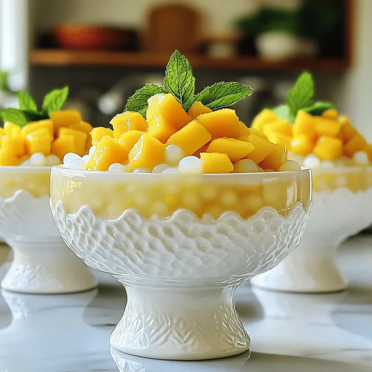 To make Mango Sago dessert pudding, gather these simple ingredients: - 1 ripe mango, diced - 1 cup small tapioca pearls (sago) - 1 can (400ml) coconut milk - 1/2 cup sugar (adjust to taste) - 1/4 teaspoon salt - 1 cup water - 1/2 teaspoon vanilla extract - Extra mango slices and mint leaves for garnish When picking mangoes, look for ripe ones. They should feel slightly soft when you press them. Check for a sweet aroma near the stem. The skin may have some green or red hues, but color varies with type. Choose mangoes that are not too bruised or have dark spots. The best mangoes will have a smooth skin and vibrant color. Sago pearls add a fun, chewy texture to this dessert. They absorb flavors well, making each bite delightful. Coconut milk gives the pudding a rich, creamy taste. It also brings a hint of sweetness and a tropical essence. Together, sago and coconut milk create a perfect base for the fresh mango. This combination brings out the best in your Mango Sago dessert pudding. 1. First, bring 1 cup of water to a boil in a medium saucepan. 2. Add 1 cup of small tapioca pearls to the boiling water. Cook them for 15-20 minutes on medium heat. Stir occasionally until the pearls turn translucent. 3. Once cooked, drain the pearls and rinse them under cold water. This will stop the cooking process. Set them aside. 4. In the same saucepan, mix 1 can of coconut milk, 1/2 cup of sugar, and 1/4 teaspoon of salt. Heat over low-medium heat, stirring until the sugar dissolves. Do not boil. 5. When the coconut milk is warm, add the cooked sago pearls. Stir in 1/2 teaspoon of vanilla extract. Let it simmer for about 5 more minutes. 6. Remove the saucepan from heat and gently stir in the diced mango, saving a few pieces for garnish. 7. Pour the mixture into cups or dessert bowls and refrigerate for at least 2 hours to set. 8. Serve chilled, topping each pudding with reserved mango slices and mint leaves for a fresh touch. - Always use small tapioca pearls for this recipe. They cook faster and give a better texture. - Stir the pearls often while cooking. This helps to prevent them from sticking together. - If you notice the pearls are still hard after cooking, add a little more water and cook for a few extra minutes. - Rinsing the pearls after cooking is key. It stops the cooking and keeps them from getting gummy. - Ensure you measure the coconut milk accurately. Too much can make the pudding too thin. - The sugar helps to balance flavors but don’t add too much. Start with 1/2 cup and adjust as needed. - The sago pearls should be soft but still hold their shape. They should not be mushy. - Refrigerate the pudding long enough to let it set. This step is crucial for the right texture. You can find the Full Recipe for Mango Sago Bliss Pudding above. When making mango sago pudding, some mistakes can ruin your dish. First, don’t overcook the sago. If you do, it can turn mushy. Always keep an eye on the cooking time. Second, avoid using unripe mangoes. They can taste sour and spoil your dessert. Lastly, don’t skip rinsing the sago. This step stops the cooking and helps keep the pearls separate. To create a balanced flavor, focus on the sweetness. Start with half a cup of sugar, then taste the mix. If it needs more sweetness, add a bit more. The coconut milk brings a creamy texture, but too much can make it heavy. A pinch of salt enhances the flavor without making it salty. Finally, the vanilla extract adds warmth. Use it but don’t overdo it. Having the right tools makes cooking easier. You need a medium saucepan for cooking the sago and the coconut milk mix. A strainer is essential for rinsing the pearls. For mixing, a wooden spoon works well. Use measuring cups for accuracy, especially for the sugar and liquid. Small dessert cups or bowls are great for serving. These tools help you enjoy the process and make cooking fun. For the complete process, check the Full Recipe. {{image_2}} You can switch up the fruit in your Mango Sago Dessert Pudding. Try using pineapple or passionfruit for a tasty twist. Simply replace the mango with your chosen fruit. For pineapple, chop it into small pieces and mix it in. If you love passionfruit, scoop out the seeds and pulp. Blend it into the pudding for a tangy flavor. These tropical fruits add a new layer of freshness. You can explore flavors from different regions with these simple changes. If you want a vegan version, use maple syrup instead of sugar. You can also swap coconut milk for almond or cashew milk. This gives you a lighter dessert while keeping it creamy. For a sugar-free treat, choose sugar substitutes like stevia or erythritol. Both options keep the dessert sweet without added sugar. These adaptations make the dessert suitable for everyone, even those with dietary restrictions. Serving your Mango Sago Dessert Pudding can be fun. Use clear glass cups to show off the vibrant colors. Top each cup with extra mango slices and fresh mint leaves. This adds a pop of color and a nice aroma. You can also drizzle a bit of coconut cream on top for extra richness. For a special touch, serve with a small scoop of sorbet on the side. These ideas make your dessert not just tasty, but also beautiful. For the full recipe, check out the Mango Sago Bliss Pudding. To keep your mango sago dessert pudding fresh, store it in the fridge. Use airtight containers. This prevents the pudding from absorbing other smells. Make sure the pudding is fully cooled before covering it. This helps keep the texture smooth. You can keep leftovers for up to three days in the fridge. After three days, the texture may change. The sago may start to harden, and the flavors may fade. Always check for any signs of spoilage before consuming. If you want to refresh your chilled pudding, add a splash of coconut milk. This will help restore creaminess. Stir it well to blend. You can also serve it over crushed ice for a refreshing twist. Avoid reheating in the microwave, as it can change the pudding's texture. For the full recipe to make this delightful treat, check out the Mango Sago Bliss Pudding. Yes, you can use frozen mango. Just let it thaw before using. Other fruits like diced kiwi or strawberries also work. They add fun flavors and colors to the pudding. Fresh fruits give a nice texture, while frozen ones are handy and quick. Remember to taste and adjust sweetness if needed. If you can't find coconut milk, almond milk is a good choice. It has a light flavor and works well in desserts. You can also use cashew milk for a creamier texture. If you want a dairy option, whole milk or heavy cream can replace coconut milk too. Just keep in mind that it will change the taste slightly. You can make this pudding up to two days ahead. Just follow the recipe and chill it in the fridge. The flavors blend nicely when it sits. If you plan to serve it later, keep the mango garnish separate. Add that right before serving for the best look and taste. For the [Full Recipe], just follow the steps mentioned earlier. Enjoy your cooking! Mango Sago Bliss Pudding is a sweet treat that is perfect for warm days. This dessert is light, creamy, and packed with flavor. The main ingredients are ripe mangoes and small tapioca pearls, known as sago. - 1 ripe mango, diced - 1 cup small tapioca pearls (sago) - 1 can (400ml) coconut milk - 1/2 cup sugar (adjust to taste) - 1/4 teaspoon salt - 1 cup water - 1/2 teaspoon vanilla extract - Extra mango slices and mint leaves for garnish This recipe blends sweet mango with creamy coconut milk. The sago adds a chewy texture. Together, these flavors create a delightful experience. The key is to use ripe mangoes for the best taste. You start by cooking the sago pearls. Bring water to a boil in a pot. Add the sago and cook until they turn clear. This usually takes about 15 to 20 minutes. Stir occasionally to avoid clumping. After cooking, rinse them with cold water. This stops the cooking and keeps them chewy. Next, you mix the coconut milk, sugar, and salt in the same pot. Heat it gently. Stir until the sugar dissolves but do not let it boil. This helps make the pudding smooth and sweet. After your coconut milk is ready, add the cooked sago and vanilla extract. Stir well and simmer for 5 minutes. Then, mix in your diced mango, saving some for garnish. Pour the mix into cups and chill in the fridge for at least 2 hours. When ready to serve, top with extra mango slices and fresh mint leaves. This makes your dessert look beautiful and inviting. The mix of colors and flavors will make your taste buds dance. This Mango Sago Bliss Pudding is a refreshing treat that everyone will love. For the full recipe, check the above section. Enjoy every creamy spoonful! Mango Sago Dessert Pudding combines fresh ingredients for a sweet treat. We explored the best mangoes and the role of sago and coconut milk. I shared easy steps for cooking and tips to perfect your pudding. Remember to avoid common mistakes and consider fun variations. Store leftovers well to enjoy later, and feel free to adapt the recipe. Dive in and create your own Mango Sago Bliss today! You’ll love the taste and texture.