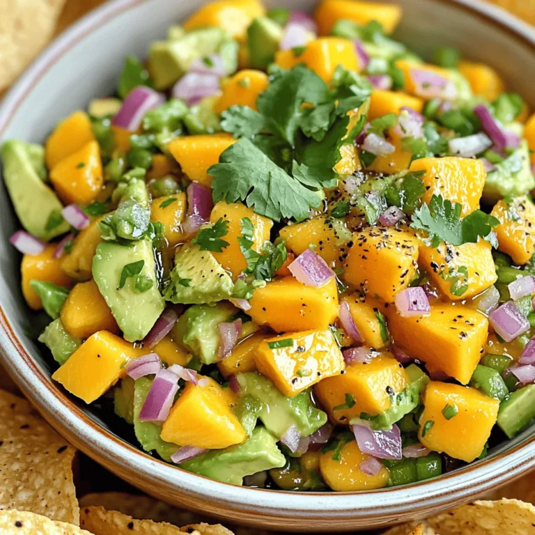 - 1 ripe mango, diced - 2 ripe avocados, diced - 1 small red onion, finely chopped - 1 jalapeño, seeded and minced (adjust for spice preference) - 1/4 cup fresh cilantro, chopped - Juice of 1 lime - 1 tablespoon extra virgin olive oil - Salt and pepper to taste Mangoes are sweet and juicy. They are high in vitamin C and fiber. Avocados add creaminess and healthy fats. They help you feel full. Red onions give a nice crunch and flavor. They also have antioxidants. Jalapeños add a spicy kick and boost metabolism. Cilantro adds freshness and bright flavor. Lime juice keeps the salsa vibrant and tangy. Olive oil smooths the texture and adds richness. Salt and pepper enhance all the flavors. When choosing mangoes, look for ones that yield slightly to pressure. They should smell sweet and fruity. For avocados, pick ones that feel soft but not mushy. The skin should be dark and slightly bumpy. Red onions should be firm and have a shiny skin. For jalapeños, choose bright green ones that feel firm. Fresh cilantro should look vibrant and smell fresh. Always buy limes that are heavy for their size; they have more juice. For the Full Recipe, check the detailed steps and enjoy your cooking! Making Mango Avocado Salsa is simple and fun. First, gather all your ingredients. Set aside about 15 minutes for prep. The key is to chop everything fresh and keep the flavors bright. 1. Start with a medium-sized bowl. Combine the diced mango and diced avocados. 2. Next, add in the finely chopped red onion. Include the minced jalapeño for a kick. Mix gently to keep the avocado intact. 3. Now, sprinkle the chopped cilantro over the mix. The fresh herbs add great flavor. 4. In a small bowl, whisk lime juice and olive oil together. This will bring all the tastes together. 5. Drizzle this mixture over your salsa. Toss everything gently until well combined. 6. Season with salt and pepper to taste. Adjust it to fit your liking. 7. Let the salsa sit for about 10 minutes. This resting time lets the flavors blend nicely. While I can’t provide images here, think of vibrant colors. The bright yellow of mango, green avocado, and red onion create a feast for the eyes! You can also find helpful videos online to guide you through the process. Watching someone else make it can spark ideas and enhance your skills. For the full recipe, check [Full Recipe]. To get the best flavor, use ripe fruit. A ripe mango is sweet and juicy. Look for avocados that yield slightly when pressed. This means they are ready to use. Fresh lime juice adds a bright taste. Use freshly chopped cilantro for a burst of freshness. Mixing these ingredients gently keeps the avocados intact, giving a lovely texture. One mistake is using unripe fruit. This can make the salsa taste bland. Another mistake is over-mixing the ingredients. This can lead to a mushy salsa. Don't forget to taste your salsa before serving. You might need more salt or lime juice to balance the flavors. Also, watch the spice level from the jalapeño. Adjust based on your taste. Serve the mango avocado salsa in a bright bowl. Add a few sprigs of cilantro on top for color. This salsa pairs well with tortilla chips for a snack. You can also use it as a topping for grilled chicken or fish. For a fresh twist, try it on tacos or in wraps. The full recipe will guide you through making this delightful dish. {{image_2}} If you like some spice, consider adding more jalapeño. You can also try serrano peppers for a different kick. For an even spicier salsa, add a dash of hot sauce. Mix in a few crushed red pepper flakes for extra heat. Remember, adjust the spice to fit your taste! This salsa is already vegetarian and vegan. You can enhance it with black beans for protein. Chopped bell peppers also add color and crunch. Try adding diced tomatoes for an extra layer of flavor. All these options keep the dish fresh and vibrant. Experiment with different fruits for new tastes. Pineapple adds a sweet and tangy twist. Try mango with peach for a fruity delight. You can also add diced cucumber for a refreshing crunch. Each of these ideas gives your salsa a unique flair. For the full recipe, refer back to the beginning! Store Mango Avocado Salsa in an airtight container. This helps keep it fresh. You can use glass or plastic containers. Always cover the salsa tightly. This prevents air from getting in and causing browning. If you want to keep it longer, consider using a vacuum sealer. Mango Avocado Salsa stays fresh for about 1 to 2 days in the fridge. After that, the avocado may start to brown. To extend its life, store it properly right after making it. If you notice browning, you can scrape off the top layer. The part below should still taste good. I do not recommend freezing Mango Avocado Salsa. The texture changes when it thaws. The avocados get mushy, and the salsa loses its fresh taste. If you need to keep it longer, try freezing the mango and avocado separately. Then, mix them fresh when you want to make salsa again. For the full recipe, check the main article. Yes, you can make Mango Avocado Salsa ahead of time. However, it is best to serve it fresh. If you make it too early, the avocados may turn brown. To slow this down, add lime juice. This helps keep the salsa looking bright and fresh. You can prepare the ingredients a few hours in advance. Just mix them right before serving. Mango Avocado Salsa pairs well with many dishes. I love serving it with tortilla chips for a fun snack. It also goes great on grilled chicken or fish. You can even use it on tacos or burritos for a fresh kick. Try it with grilled shrimp for a tasty summer meal. The sweet and spicy flavors bring dishes to life. To ripen mangoes and avocados quickly, place them in a brown paper bag. This traps the ethylene gas, which helps them ripen faster. Keep the bag at room temperature. Check them daily to see if they are ripe. If you want to speed it up even more, add an apple or banana to the bag. Enjoy ripe mangoes and avocados in no time! Mango avocado salsa brings fresh flavors into your kitchen. We covered key ingredients and their benefits, along with tips for choosing the best. I shared step-by-step instructions to guide you in making the salsa, ensuring you visualize the process. Don’t forget the tips and tricks for best flavor and common mistakes to avoid. You can even explore tasty variations and proper storage methods. Enjoy this recipe and make it your own. It’s a fun and easy way to add zest to your meals!