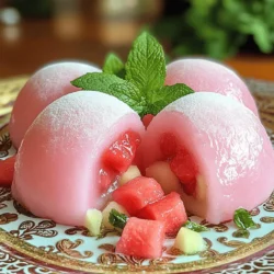 - 1 cup sweet rice flour (mochi flour) - 1/4 cup sugar - 1/2 cup water - 1/4 teaspoon salt - 1 cup fresh watermelon juice (from blended watermelon) - 1 cup diced watermelon chunks (seedless) - Cornstarch or potato starch for dusting - Optional: Red bean paste for filling Watermelon mochi uses simple and fresh ingredients. Sweet rice flour gives it the chewy texture we love. Sugar adds sweetness, while salt balances the flavors. Fresh watermelon juice makes this treat extra refreshing. You can blend watermelon to get the juice, which is easy and fun. Diced watermelon chunks add bursts of flavor and color. Dusting with cornstarch or potato starch keeps the mochi from sticking. If you want, you can add red bean paste for a sweet surprise inside. Remember, the quality of your ingredients matters. Fresh, ripe watermelon will make your mochi taste amazing. - Caloric content per serving: Approximately 100 calories - Carbohydrates: 23g - Fats: 0.5g - Proteins: 1g - Potential health benefits: Hydration from watermelon, low in fat, and a good sweet treat Each serving of watermelon mochi is around 100 calories. It has about 23 grams of carbs, making it a delightful treat. The mochi is low in fat, which is great if you're watching your intake. Watermelon is full of water, so this treat helps keep you hydrated. Plus, it's naturally sweet, letting you enjoy dessert without feeling guilty. Overall, watermelon mochi is a fun and tasty way to celebrate summer! For the full recipe, check out the complete cooking instructions above. 1. First, take a mixing bowl. Add 1 cup sweet rice flour, 1/4 cup sugar, and 1/4 teaspoon salt. Mix well. 2. Next, add 1/2 cup water slowly. Stir until smooth. Ensure no lumps remain. 3. Now, pour in 1 cup fresh watermelon juice. Mix until fully combined. 4. Place the mixture in a microwave-safe bowl. Cover it with plastic wrap. Leave a small vent for steam. 5. Microwave on high for 2 minutes. Carefully take it out and stir. 6. Microwave again for 1-2 minutes until the mochi is clear and sticky. 1. Dust a clean work surface with cornstarch or potato starch. This prevents sticking. 2. Transfer the hot mochi onto the surface. Dust the top with more starch. 3. Let the mochi cool for about 5-10 minutes. It should be warm but easy to handle. 4. Divide the mochi into small portions, about the size of a golf ball. Flatten each piece in your hand. 5. If you want, add a small dollop of red bean paste in the center. Top it with a watermelon chunk. 6. Fold the edges over the filling and seal it well. 7. Shape the mochi into a round ball. Dust with more starch to stop them from sticking. 8. Repeat the steps until you form all the mochi. Place them on a serving plate. This delightful and easy recipe brings summer joy right to your kitchen. For the complete steps, check out the Full Recipe. To make great watermelon mochi, you need the right mix of ingredients. Combine sweet rice flour with sugar and salt. The key to soft mochi is smooth mixing. Stir until there are no lumps. When you add the watermelon juice, it should blend well. Microwaving is crucial. Heat the mixture for two minutes, then stir. Continue until the mochi looks clear. If it feels too sticky, you may need more cornstarch. Dust your surface well to prevent sticking. Common pitfalls include overcooking and not mixing well. If the mochi is tough, it may have cooked too long. Always check the texture before forming the pieces. Watermelon mochi is tasty on its own, but you can add fun flavors too. Try mixing in a bit of lime juice for a zesty kick. You can also experiment with coconut milk for a tropical twist. Toppings can elevate your mochi. Serve it with sweetened condensed milk or a fruity sauce. Fresh mint on top adds a beautiful touch. You can even sprinkle some crushed nuts for crunch. For the full recipe, follow the instructions above, and enjoy your summer treat! {{image_2}} You can fill mochi with many tasty options. The classic choice is red bean paste. It has a sweet and smooth texture. However, you might want to try new flavors. Use fresh fruit like strawberries, mangoes, or even blueberries. These add a fun twist. Seasonal fruits also work well, depending on what is fresh. Mixing flavors creates a unique taste for each bite. Mochi can come in many shapes and sizes. You can make bite-sized pieces for easy sharing. These smaller pieces are great for parties. Larger servings can be fun, too. They make a beautiful centerpiece. You might serve them on a colorful plate. Add garnishes like mint leaves or more fruit chunks. This adds color and makes the dish pop. You could even stack them for a fun display. The way you present mochi can make it feel special. For the full recipe, follow the steps in the previous sections to create these delightful treats! To keep your watermelon mochi fresh, here are some tips: - Refrigeration tips: Store mochi in an airtight container in the fridge. This helps keep it soft. It can last up to three days this way. Make sure to dust it with cornstarch to avoid sticking. - Freezing mochi for later use: If you want to save some for later, freeze it! Wrap each piece in plastic wrap and place them in a freezer bag. Mochi can stay fresh for about a month in the freezer. Just remember to dust with starch before freezing to prevent sticking. You can enjoy mochi warm or at room temperature. Here’s how to reheat it: - Microwaving vs. other methods: The microwave is the best way to reheat mochi. Place it on a plate and microwave for about 10-15 seconds. You can also steam it for a few minutes if you prefer. - Maintaining texture and flavor: Be careful not to overheat it. Too much heat can make it tough. Just warm it enough to regain that soft, chewy texture. Enjoy it fresh and tasty! Watermelon mochi is a sweet treat made from rice flour. It has a soft and chewy texture. The bright pink color comes from fresh watermelon juice. You can enjoy it with pieces of juicy watermelon inside. This dessert is perfect for summer and feels refreshing in every bite. Yes, you can use other fruit juices! Try using mango, strawberry, or even peach juice. Each fruit will give a unique flavor to your mochi. Just keep the amount the same as the watermelon juice in the recipe. This way, your mochi stays soft and tasty. Homemade mochi stays fresh for about three days at room temperature. If you want it to last longer, keep it in the fridge for up to a week. Be sure to wrap it in plastic to keep it moist. If you freeze it, mochi can last for up to three months. Just let it thaw before eating. Yes, watermelon mochi is gluten-free! The main ingredient, sweet rice flour, does not contain gluten. This makes it a safe option for those with gluten sensitivities. Always check labels on your ingredients to be sure. Enjoy this treat without worry! Watermelon mochi is a fun treat made with simple ingredients like sweet rice flour and fresh watermelon juice. We explored how to make it step by step, from preparing the dough to filling and shaping the mochi. You learned useful tips for perfect texture and different flavor ideas. Storing and reheating mochi properly keeps it fresh and tasty. In conclusion, watermelon mochi combines flavor, texture, and creativity. It's a dessert that anyone can enjoy at home.