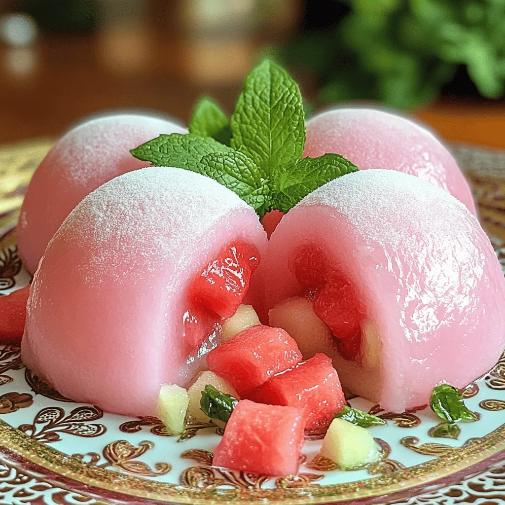 - 1 cup sweet rice flour (mochi flour) - 1/4 cup sugar - 1/2 cup water - 1/4 teaspoon salt - 1 cup fresh watermelon juice (from blended watermelon) - 1 cup diced watermelon chunks (seedless) - Cornstarch or potato starch for dusting - Optional: Red bean paste for filling Watermelon mochi uses simple and fresh ingredients. Sweet rice flour gives it the chewy texture we love. Sugar adds sweetness, while salt balances the flavors. Fresh watermelon juice makes this treat extra refreshing. You can blend watermelon to get the juice, which is easy and fun. Diced watermelon chunks add bursts of flavor and color. Dusting with cornstarch or potato starch keeps the mochi from sticking. If you want, you can add red bean paste for a sweet surprise inside. Remember, the quality of your ingredients matters. Fresh, ripe watermelon will make your mochi taste amazing. - Caloric content per serving: Approximately 100 calories - Carbohydrates: 23g - Fats: 0.5g - Proteins: 1g - Potential health benefits: Hydration from watermelon, low in fat, and a good sweet treat Each serving of watermelon mochi is around 100 calories. It has about 23 grams of carbs, making it a delightful treat. The mochi is low in fat, which is great if you're watching your intake. Watermelon is full of water, so this treat helps keep you hydrated. Plus, it's naturally sweet, letting you enjoy dessert without feeling guilty. Overall, watermelon mochi is a fun and tasty way to celebrate summer! For the full recipe, check out the complete cooking instructions above. 1. First, take a mixing bowl. Add 1 cup sweet rice flour, 1/4 cup sugar, and 1/4 teaspoon salt. Mix well. 2. Next, add 1/2 cup water slowly. Stir until smooth. Ensure no lumps remain. 3. Now, pour in 1 cup fresh watermelon juice. Mix until fully combined. 4. Place the mixture in a microwave-safe bowl. Cover it with plastic wrap. Leave a small vent for steam. 5. Microwave on high for 2 minutes. Carefully take it out and stir. 6. Microwave again for 1-2 minutes until the mochi is clear and sticky. 1. Dust a clean work surface with cornstarch or potato starch. This prevents sticking. 2. Transfer the hot mochi onto the surface. Dust the top with more starch. 3. Let the mochi cool for about 5-10 minutes. It should be warm but easy to handle. 4. Divide the mochi into small portions, about the size of a golf ball. Flatten each piece in your hand. 5. If you want, add a small dollop of red bean paste in the center. Top it with a watermelon chunk. 6. Fold the edges over the filling and seal it well. 7. Shape the mochi into a round ball. Dust with more starch to stop them from sticking. 8. Repeat the steps until you form all the mochi. Place them on a serving plate. This delightful and easy recipe brings summer joy right to your kitchen. For the complete steps, check out the Full Recipe. To make great watermelon mochi, you need the right mix of ingredients. Combine sweet rice flour with sugar and salt. The key to soft mochi is smooth mixing. Stir until there are no lumps. When you add the watermelon juice, it should blend well. Microwaving is crucial. Heat the mixture for two minutes, then stir. Continue until the mochi looks clear. If it feels too sticky, you may need more cornstarch. Dust your surface well to prevent sticking. Common pitfalls include overcooking and not mixing well. If the mochi is tough, it may have cooked too long. Always check the texture before forming the pieces. Watermelon mochi is tasty on its own, but you can add fun flavors too. Try mixing in a bit of lime juice for a zesty kick. You can also experiment with coconut milk for a tropical twist. Toppings can elevate your mochi. Serve it with sweetened condensed milk or a fruity sauce. Fresh mint on top adds a beautiful touch. You can even sprinkle some crushed nuts for crunch. For the full recipe, follow the instructions above, and enjoy your summer treat! {{image_2}} You can fill mochi with many tasty options. The classic choice is red bean paste. It has a sweet and smooth texture. However, you might want to try new flavors. Use fresh fruit like strawberries, mangoes, or even blueberries. These add a fun twist. Seasonal fruits also work well, depending on what is fresh. Mixing flavors creates a unique taste for each bite. Mochi can come in many shapes and sizes. You can make bite-sized pieces for easy sharing. These smaller pieces are great for parties. Larger servings can be fun, too. They make a beautiful centerpiece. You might serve them on a colorful plate. Add garnishes like mint leaves or more fruit chunks. This adds color and makes the dish pop. You could even stack them for a fun display. The way you present mochi can make it feel special. For the full recipe, follow the steps in the previous sections to create these delightful treats! To keep your watermelon mochi fresh, here are some tips: - Refrigeration tips: Store mochi in an airtight container in the fridge. This helps keep it soft. It can last up to three days this way. Make sure to dust it with cornstarch to avoid sticking. - Freezing mochi for later use: If you want to save some for later, freeze it! Wrap each piece in plastic wrap and place them in a freezer bag. Mochi can stay fresh for about a month in the freezer. Just remember to dust with starch before freezing to prevent sticking. You can enjoy mochi warm or at room temperature. Here’s how to reheat it: - Microwaving vs. other methods: The microwave is the best way to reheat mochi. Place it on a plate and microwave for about 10-15 seconds. You can also steam it for a few minutes if you prefer. - Maintaining texture and flavor: Be careful not to overheat it. Too much heat can make it tough. Just warm it enough to regain that soft, chewy texture. Enjoy it fresh and tasty! Watermelon mochi is a sweet treat made from rice flour. It has a soft and chewy texture. The bright pink color comes from fresh watermelon juice. You can enjoy it with pieces of juicy watermelon inside. This dessert is perfect for summer and feels refreshing in every bite. Yes, you can use other fruit juices! Try using mango, strawberry, or even peach juice. Each fruit will give a unique flavor to your mochi. Just keep the amount the same as the watermelon juice in the recipe. This way, your mochi stays soft and tasty. Homemade mochi stays fresh for about three days at room temperature. If you want it to last longer, keep it in the fridge for up to a week. Be sure to wrap it in plastic to keep it moist. If you freeze it, mochi can last for up to three months. Just let it thaw before eating. Yes, watermelon mochi is gluten-free! The main ingredient, sweet rice flour, does not contain gluten. This makes it a safe option for those with gluten sensitivities. Always check labels on your ingredients to be sure. Enjoy this treat without worry! Watermelon mochi is a fun treat made with simple ingredients like sweet rice flour and fresh watermelon juice. We explored how to make it step by step, from preparing the dough to filling and shaping the mochi. You learned useful tips for perfect texture and different flavor ideas. Storing and reheating mochi properly keeps it fresh and tasty. In conclusion, watermelon mochi combines flavor, texture, and creativity. It's a dessert that anyone can enjoy at home.