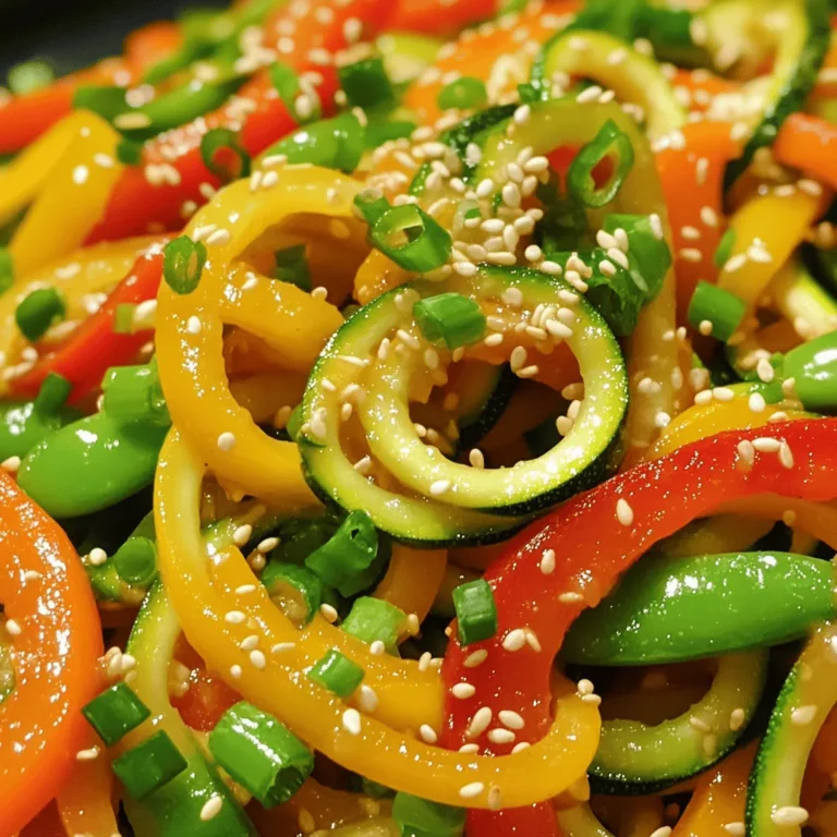 - 2 medium zucchinis, spiralized into noodles - 1 bell pepper (red or yellow), sliced - 1 cup snap peas, trimmed - 1 medium carrot, julienned - 3 green onions, chopped - 2 cloves garlic, minced - 1 tablespoon ginger, grated - 3 tablespoons soy sauce (or tamari for gluten-free) - 1 tablespoon sesame oil - 1 tablespoon olive oil - 1 tablespoon rice vinegar - 1 teaspoon chili flakes (optional) - Sesame seeds for garnish Finding fresh ingredients is key to great flavor. The zucchinis should be firm and smooth for the best texture. You can choose any bell pepper that you like. Red or yellow adds a nice sweetness. The snap peas should look bright and crisp. Select a medium carrot that feels heavy for its size. The garlic and ginger give a nice kick. I love using fresh garlic. It adds so much more taste than powdered garlic. The soy sauce ties everything together. If you want a gluten-free option, tamari works great. The sesame oil adds a rich, nutty flavor. Rice vinegar brightens the dish. You can add chili flakes if you want some heat. To make this dish colorful and healthy, gather all these ingredients before you start cooking. You will find the Full Recipe helpful for the steps ahead. To start, you’ll want to spiralize the zucchinis. Use a spiralizer for this. Here’s how: 1. Wash the zucchinis well. 2. Trim both ends. 3. Insert them into the spiralizer and twist to create noodles. After spiralizing, set the noodles aside. Place them on a clean paper towel. This helps to remove extra moisture. Too much moisture can make the dish watery. Now, heat your skillet over medium heat. Add olive oil and let it warm up. Once hot, add minced garlic and grated ginger. Sauté these for about one minute. They should smell great! Next, add the sliced bell pepper, snap peas, and julienned carrots. Stir-fry these for about 3-4 minutes. You want them to be bright and a bit soft, but still crunchy. It’s time to add the zucchini noodles. Toss them into the skillet with the cooked veggies. Drizzle with soy sauce, sesame oil, and rice vinegar. If you like spice, add chili flakes now. Use a spatula to stir everything together. Cook for another 2-3 minutes. You want the noodles warm but still crunchy. Remove the skillet from heat and fold in the chopped green onions. Serve the dish right away and sprinkle sesame seeds on top for a nice finish. For the full recipe, check the earlier section! To keep zucchini noodles crunchy, don’t cook them too long. Add them last in the stir fry. Cook just until warm. This helps them stay firm and fresh. Adjust the seasoning to match your taste. Start with the basic soy sauce and sesame oil. Then, add more if you like a stronger flavor. A splash of rice vinegar adds a nice zing as well. Avoid overcooking the zucchini noodles. They can turn mushy fast. Keep an eye on them while cooking. Stir-fry for only a few minutes. Choose the right skillet or wok for even cooking. A large, flat surface works best. This allows all the veggies to cook well without steaming. Serve the stir fry with a side of brown rice or quinoa. This gives you a full meal. You can also add protein to make it heartier. Pair it with grilled chicken or tofu for a healthy boost. Both options work great and add flavor. Feel free to experiment with your favorite proteins. {{image_2}} You can swap regular soy sauce for gluten-free soy sauce or tamari. This keeps the dish safe for those with gluten issues. Try adding other veggies like broccoli or mushrooms. They bring extra flavor and nutrition to your stir fry. You can change up the taste with different sauces. Try coconut aminos for a sweet twist. For a spicy kick, add sriracha or chili paste. Mixing in peanut sauce can also give your dish a new flair. To keep it plant-based, stick to the veggies listed in the recipe. For protein, add tofu or chickpeas. Tofu absorbs flavors well and adds a nice texture. Chickpeas bring a hearty bite and extra fiber. You can find the full recipe [here](#). To keep your zucchini noodle stir fry fresh, place any leftovers in the fridge. Use airtight containers to prevent moisture loss. Store them in the fridge for up to three days. This way, you can enjoy your meal again without losing flavor. When reheating, I suggest using a skillet over medium heat. This method keeps the taste and texture just right. Stir often to avoid sticking. Aim for about 3-4 minutes until heated through. Watch closely to prevent overcooking the zucchini noodles. You want them tender, not mushy. Yes, you can freeze zucchini noodles! However, I recommend freezing only the cooked stir fry. First, let it cool completely. Then, place it in freezer-safe bags or containers. Remove as much air as possible. It can last for up to three months in the freezer. When you’re ready to eat, thaw overnight in the fridge before reheating. Enjoy your tasty meal anytime with these storage tips! If you want to make this dish, check out the Full Recipe. You can make zucchini noodles without a spiralizer by using a few methods. One way is to use a vegetable peeler. Just run the peeler along the zucchini to create long strips. You can also use a box grater. Shred the zucchini with the coarse side to get thin ribbons. These methods work well if you don't have a spiralizer. Zucchini noodles can last for about 3 to 5 days in the fridge. To keep them fresh, store them in an airtight container. Make sure to remove any excess moisture. You can place a paper towel in the container to absorb water. This will help keep the noodles crisp and tasty. Yes, you can use other vegetables as noodles. Carrots are a great alternative; they add a sweet crunch. Sweet potatoes also work well. You can spiralize or slice them into thin strips like zucchini. Other options include cucumbers and butternut squash. Each vegetable brings its own flavor and texture to your dish. Try mixing different veggies for a colorful stir fry. For more ideas, check the Full Recipe. This blog post guides you through making a tasty zucchini noodle dish. We covered the ingredients, step-by-step instructions, and essential cooking tips. You learned how to prepare and cook your veggies without losing crunch. Remember to customize your dish with your favorite add-ins. Proper storage and reheating are key for leftovers. Enjoy experimenting with this healthy, quick meal. Your kitchen success awaits!