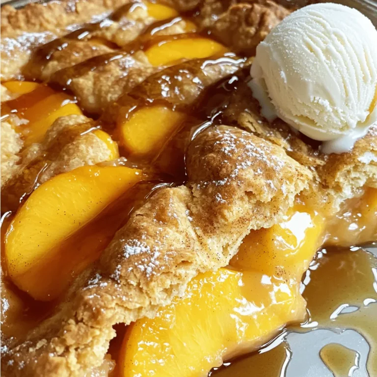 To make Easy Canned Peach Cobbler, you need these items: - 2 cans (15 oz each) sliced peaches in syrup - 1 cup all-purpose flour - 1 cup granulated sugar - 1 cup milk - 1/2 cup unsalted butter, melted - 1 tablespoon baking powder - 1/2 teaspoon salt - 1 teaspoon vanilla extract - 1 teaspoon ground cinnamon - Whipped cream or vanilla ice cream (for serving) You can swap out the milk for almond milk if you want a dairy-free treat. Use brown sugar instead of granulated sugar for a richer flavor. If you don't have baking powder, mix 1/2 teaspoon baking soda with 1/2 teaspoon vinegar as a substitute. To make your cobbler extra special, consider adding toppings like chopped nuts or a sprinkle of oats. You can also serve it with fresh fruit, like berries, for a burst of color and flavor. A drizzle of honey or caramel sauce can add a nice touch too. Don't forget, a scoop of vanilla ice cream or a dollop of whipped cream makes it even better! To start, you need to gather your ingredients. Here’s what you will need: - 2 cans (15 oz each) sliced peaches in syrup - 1 cup all-purpose flour - 1 cup granulated sugar - 1 cup milk - 1/2 cup unsalted butter, melted - 1 tablespoon baking powder - 1/2 teaspoon salt - 1 teaspoon vanilla extract - 1 teaspoon ground cinnamon - Whipped cream or vanilla ice cream (for serving) First, preheat your oven to 350°F (175°C). This step helps your cobbler bake evenly. Next, in a mixing bowl, combine the flour, sugar, baking powder, and salt. Stir it well until all the dry ingredients mix together. Then, pour in the milk, melted butter, and vanilla extract. Mix until just combined. Be careful not to overmix; a few lumps are okay. This helps keep the cobbler light and fluffy. Now it’s time to assemble your cobbler. Pour the batter into a greased 9x13 inch baking dish. Spread it evenly across the bottom. After that, drain the canned peaches, but keep some syrup for later. Arrange the peaches on top of the batter evenly. Drizzle a little of the reserved syrup over the peaches. Sprinkle the top with ground cinnamon for that extra flavor. Place the baking dish in your preheated oven and bake for 35-40 minutes. To check if it's done, insert a toothpick in the center. If it comes out clean, your cobbler is ready. Once baked, remove it from the oven and let it cool for about 10 minutes. This cooling time helps the cobbler set. Serve it warm with whipped cream or a scoop of vanilla ice cream for a truly delightful treat! To make the best Easy Canned Peach Cobbler, avoid common mistakes. Don't overmix your batter; mix just until combined. This keeps it light and fluffy. Ensure your oven is fully preheated before baking. An oven thermometer helps check the right temp. Use a 9x13 inch baking dish for even cooking. For tools, gather these items: - Mixing bowls - Whisk - Measuring cups - Baking dish - Toothpick for checking doneness Enhance flavor by adding spices or extracts. A pinch of nutmeg can add warmth. You can also try almond extract for a unique twist. A bit of lemon juice brightens the peaches. Serve your cobbler warm with whipped cream or vanilla ice cream. The cold cream contrasts nicely with the warm cobbler. You can top it with a sprinkle of cinnamon or nuts for extra texture. Pair the cobbler with sweet tea or coffee. These drinks balance the sweetness of the dessert. For a fun twist, try serving slices with a splash of peach schnapps. For presentation, scoop the cobbler into bowls. Top with ice cream, and drizzle with the reserved peach syrup. Add fresh mint leaves for color. This makes your dessert look as good as it tastes! {{image_2}} You can change up the fruit in your cobbler. Try using sliced pears, cherries, or apples. Each fruit brings its own flavor. You can also mix different fruits. This gives you a fun twist. Seasonal fruits like berries in summer or cranberries in fall work great, too. Just remember to adjust sugar based on fruit sweetness. You can use different canned fruit options. Look for canned fruit in light syrup or juice. This can help cut down on added sugar while keeping the flavor bright. For a gluten-free version, swap all-purpose flour for a gluten-free flour blend. This works well in the batter, keeping it light. You can also use almond milk or coconut milk for dairy-free options. If you want to lower sugar, use natural sweeteners like honey or maple syrup. Just use less than the recipe calls for. Taste as you mix to get it right. To make a vegan version, skip the butter and use coconut oil instead. Use plant-based milk and ensure your sugar is vegan. This keeps it tasty while meeting dietary needs. For the full recipe, check the main section. Enjoy exploring these variations! To store leftover cobbler, place it in an airtight container. This helps keep it fresh. You can also cover it tightly with plastic wrap. The cobbler stays good in the fridge for about 3 to 4 days. When you're ready to eat it, reheat it in the oven. Set the oven to 350°F (175°C). Bake for about 15 minutes or until it warms through. This keeps the top crispy and the peaches soft. To freeze the cobbler, first let it cool completely. Cut it into squares and place them in freezer-safe bags. Remove as much air as you can to prevent freezer burn. You can freeze the cobbler for up to 3 months. When you’re ready to bake it, take it out the night before. Thaw it in the fridge. Once thawed, bake it in the oven at 350°F (175°C) for about 25-30 minutes. This way, the cobbler will taste almost as fresh as the day you made it. Use heavy-duty freezer bags or glass containers to store it. Can I use fresh peaches instead of canned? Yes, you can use fresh peaches. Just peel, slice, and cook them with some sugar. This will help them soften. How can I tell when the cobbler is done? The cobbler is done when the top is golden brown. You can also insert a toothpick in the center. If it comes out clean, it’s ready. Can this recipe be halved or doubled? Absolutely! You can halve or double the ingredients as needed. Just adjust the baking time if you change the size. What can I do if I don't have baking powder? You can use baking soda instead. Just use one-third of the amount. Add some vinegar or lemon juice to make it work. How do I make a gluten-free version? To make this gluten-free, swap the all-purpose flour with a gluten-free blend. Check that all other ingredients are gluten-free too. For the full recipe, visit the section above. Enjoy your baking! This blog post covered everything you need to make Easy Canned Peach Cobbler. We discussed required ingredients, step-by-step instructions, and helpful tips. You also learned about variations, serving suggestions, and storage advice. With this knowledge, you can bake a delicious cobbler. Remember to have fun and get creative with flavors. Enjoy your baking, and make it a treat to remember!