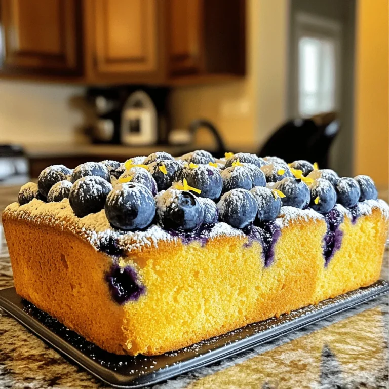 To make a tasty Lemon Blueberry Pound Cake, you will need: - 1 ½ cups all-purpose flour - 1 teaspoon baking powder - ½ teaspoon baking soda - ¼ teaspoon salt - ½ cup unsalted butter, softened - 1 cup granulated sugar - 2 large eggs - 2 tablespoons lemon zest - 1 tablespoon lemon juice - 1 teaspoon vanilla extract - ½ cup sour cream - 1 cup fresh blueberries (or frozen if needed) - Powdered sugar for dusting These ingredients come together to create a moist and flavorful cake. If you want to add more depth to your cake, consider these options: - A pinch of cinnamon for warmth. - A splash of almond extract for nutty notes. - Lemon extract for an extra burst of citrus. These extras can elevate your cake to a new level of flavor. Using fresh blueberries gives you a burst of flavor. However, frozen blueberries work just as well. Here are some tips: - If using fresh, rinse and dry them well. - If using frozen, do not thaw them. Add them straight to the batter. - Toss blueberries in a bit of flour to prevent sinking in the batter. These tips help keep your blueberries bright and evenly spread throughout the cake. First, gather all your ingredients for the Lemon Blueberry Pound Cake. This makes the process smooth and fun. Start by measuring out 1 ½ cups of all-purpose flour. Add in 1 teaspoon of baking powder, ½ teaspoon of baking soda, and ¼ teaspoon of salt. Whisk these together in a medium bowl and set it aside. Now, take ½ cup of softened, unsalted butter and 1 cup of granulated sugar. You will cream these together later. Don't forget to zest two tablespoons of lemon and juice one tablespoon. These simple steps set you up for success. In a large mixing bowl, cream the softened butter and sugar using an electric mixer. Mix on medium speed for about three to four minutes. The mixture should look light and fluffy. Next, add two large eggs, one at a time. Mix well after each addition. Then, add your lemon zest, lemon juice, and 1 teaspoon of vanilla extract. Stir until everything is combined. Gradually add the flour mixture to the wet ingredients, alternating with ½ cup of sour cream. Start and end with the flour. Mix until just combined, being careful not to overmix. Finally, gently fold in 1 cup of fresh blueberries. This will add a burst of flavor to your cake. Preheat your oven to 350°F (175°C). Grease and flour a 9x5-inch loaf pan or line it with parchment paper. This helps with easy removal later. Pour the batter into the prepared pan and smooth the top with a spatula. Bake the cake for 50 to 60 minutes. Check for doneness by inserting a toothpick into the center. It should come out clean. Once baked, let it cool in the pan for 10-15 minutes before transferring it to a wire rack. This cooling step helps maintain the cake's structure. Finally, dust the top with powdered sugar before slicing. Enjoy your homemade Lemon Blueberry Pound Cake! For the complete details, refer to the Full Recipe. To get a moist cake, use room-temperature butter. Softened butter blends well with sugar. This adds air and helps the cake rise. Also, use sour cream in the batter. It adds moisture and richness. Avoid overmixing when adding dry ingredients. This keeps the cake light and fluffy. A common mistake is using cold eggs or butter. Always let them warm up. Another mistake is skipping the lemon zest. This adds a bright flavor boost. Make sure to measure your flour correctly. Too much flour can make your cake dry. Use the spoon-and-level method for best results. A toothpick is your best friend for checking doneness. Insert it into the center of the cake. If it comes out clean, your cake is ready. If it has batter on it, bake a bit longer. Keep an eye on the time, but the toothpick is key. This method saves you from overbaking your Lemon Blueberry Delight Cake. {{image_2}} You can easily change some ingredients in this cake. For a gluten-free option, swap all-purpose flour for a gluten-free blend. Use a dairy-free butter for those who cannot have dairy. For a lower sugar version, use a sugar substitute that measures like sugar. Always check that any substitute works well in baking. If you love citrus, try adding orange or lime zest. These fruits bring their own unique taste. You can mix the lemon with other citrus juices too. This will give your cake a bright and fresh flavor. Just remember not to overpower the lemon. A little goes a long way. Frosting can make this cake even more special. A lemon glaze works great. Mix powdered sugar with lemon juice until it’s smooth. Drizzle this over the cooled cake for a sweet touch. For a creamy option, try cream cheese frosting. Blend cream cheese with powdered sugar and lemon zest for a tangy treat. You can find the full recipe for this cake above. After you enjoy some slices, store the leftover cake properly. Place it in an airtight container. This keeps the cake moist and fresh. You can also wrap it tightly in plastic wrap. Store it at room temperature for up to three days. If you live in a hot climate, keep it in the fridge. This will help it last longer. Just remember, it may lose some of its softness in the fridge. To save your Lemon Blueberry Pound Cake for later, freezing works great. First, let the cake cool completely. Then, slice it into pieces for easy thawing later. Wrap each piece in plastic wrap. Next, place the wrapped slices in a freezer bag. This will prevent freezer burn. Your cake can stay in the freezer for up to three months. When you’re ready to eat, just take out a slice and let it thaw at room temperature. If you want to enjoy the cake warm, reheating is easy. Preheat your oven to 350°F (175°C). Place the cake slice on a baking sheet. Heat it for about 10 minutes. This will bring back its fresh-baked taste. If you’re in a hurry, you can use the microwave. Heat a slice for about 15-20 seconds. Just be careful not to overheat it, or it will get dry. For a special touch, add a dusting of powdered sugar before serving. Enjoy your delicious Lemon Blueberry Delight Cake anytime! Yes, you can! This cake is quite versatile. I often use raspberries or diced peaches. These fruits add a lovely twist. Just keep in mind, they might change the flavor a bit. When using frozen fruits, make sure they are thawed and drained. This keeps the batter from getting too wet. Lemon blueberry pound cake lasts about 3 to 4 days at room temperature. Store it in an airtight container to keep it fresh. You can also refrigerate it for up to a week. Just be aware that cold storage may dry it out a bit. If you want to keep it longer, freeze it! It can last up to 3 months in the freezer. Wrap it well to avoid freezer burn. This cake is great on its own, but you can add some tasty extras! Try serving it with whipped cream for a nice touch. A scoop of vanilla ice cream also pairs well. You could even add a drizzle of lemon glaze for extra flavor. Fresh berries on the side make it look pretty too. If you want a drink, a cup of tea or coffee works well. For the full recipe, check out the details above! This blog post covers everything you need to make Lemon Blueberry Pound Cake. We looked at ingredients, mixing tips, and ways to avoid common mistakes. I also shared how to store leftovers and answered common questions. Remember, baking is all about experimenting. Use these tips to make your cake truly yours. Enjoy the sweet rewards of your hard work!