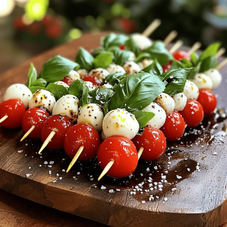 - Cherry tomatoes - Fresh mozzarella balls (bocconcini) - Fresh basil leaves - Balsamic glaze - Olive oil - Salt and pepper - Skewers or toothpicks To craft delicious Mini Caprese Skewers, gather fresh ingredients. Ripe cherry tomatoes burst with flavor. Fresh mozzarella balls add creaminess. Basil leaves bring a fragrant touch. The balsamic glaze adds sweetness and tang. Olive oil enhances the dish's richness. Don't forget salt and pepper for balance. Skewers or toothpicks hold everything together. - Pesto - Prosciutto - Additional spices or herbs For a twist, you can add pesto for more flavor. Prosciutto gives a savory note, making each bite special. Feel free to mix in other herbs or spices. This way, you can personalize your skewers to suit your taste. More options keep your appetizers exciting and fresh! To make Mini Caprese Skewers, start with fresh ingredients. - Wash 1 pint of cherry tomatoes and a handful of fresh basil leaves under cold water. - Pat dry each with a clean towel to remove excess moisture. Next, prepare your skewers. - Gather 12 small skewers or toothpicks for assembly. Now, let’s assemble the skewers. 1. Take a skewer and start with a cherry tomato. 2. Add a fresh basil leaf right after the tomato. 3. Follow with a mozzarella ball (bocconcini). Repeat this pattern. - You can fit about three sets of tomato, basil, and mozzarella onto each skewer. Once done, lay the skewers on a serving platter. To add flavor, drizzle olive oil. - Mix 1 tablespoon of olive oil with a pinch of salt and pepper in a small bowl. - Drizzle this mixture onto the skewers. Finish with a touch of sweetness. - Drizzle 2 tablespoons of balsamic glaze over the skewers for a lovely contrast. Present your Mini Caprese Skewers beautifully. - Arrange them on a colorful platter for a fun look. - You can sprinkle extra chopped basil on top for added freshness. These skewers pair well with crusty bread or a light salad. - Consider serving them with a glass of chilled white wine for a perfect match. For more ideas, check the Full Recipe for variations and tips to enhance your dish! To make your Mini Caprese Skewers shine, start with fresh ingredients. Choose ripe cherry tomatoes. Look for bright colors and firmness. Sweet tomatoes add great flavor. For mozzarella, pick fresh mozzarella balls, also known as bocconcini. They should be soft and creamy. This cheese melts in your mouth. Fresh basil is key too. It adds a burst of flavor. Look for vibrant green leaves. Avoid brown or wilted ones. When assembling the skewers, keep it simple. Slide a cherry tomato onto the skewer first. Next, add a basil leaf. Then, follow with a mozzarella ball. Repeat this pattern. Aim for three sets of each ingredient. This makes each bite balanced and tasty. Use small skewers or toothpicks for easy handling. They are perfect for parties. Serve them on a platter for a neat display. Make your skewers look great! Arrange them in a fan shape on the plate. This adds visual interest. You can drizzle balsamic glaze over the top for shine. A sprinkle of chopped basil adds color. You can also place lemon wedges around the platter. This gives a fresh look and a hint of zest. These small touches make your skewers pop! For the full recipe, check out the link provided. {{image_2}} You can boost the taste of your skewers in fun ways. Adding pesto gives a fresh twist. Just drizzle some on each skewer before serving. The nutty flavor of the pesto adds depth. Another great option is to incorporate prosciutto. Wrap a slice around the mozzarella ball. This adds a salty kick that pairs well with the other flavors. For those who prefer meat-free meals, there are easy swaps. You can skip the mozzarella and use vegan cheese. This keeps the dish fresh and tasty. If you need gluten-free options, you’re in luck! This recipe is already gluten-free. Just double-check your balsamic glaze to ensure it’s gluten-free. You can also get creative by using seasonal fruits and veggies. In summer, add slices of peach or cucumber for extra color and taste. For holiday-themed skewers, consider cranberries or small cubes of butternut squash. These add a festive touch that is both tasty and fun. You can find the full recipe in the main article. To store your Mini Caprese Skewers, place them in a shallow container. Use a lid or plastic wrap to cover them tightly. This helps keep them fresh. They will last in the refrigerator for up to two days. After that, the tomatoes and basil may lose their flavor and texture. Can Mini Caprese Skewers be frozen? It is best not to freeze them. Freezing can make the mozzarella soggy and the basil wilted. If you must freeze, remove the basil and skewer only the tomatoes and mozzarella. To thaw, place them in the fridge overnight before serving. These skewers taste best cold, so you don’t need to reheat them. If you want to refresh them, drizzle a little more balsamic glaze and olive oil. This will help bring back their bright flavors. Enjoy your fresh and flavorful appetizer as is! How do you make Mini Caprese Skewers? To make Mini Caprese Skewers, you need cherry tomatoes, fresh mozzarella balls, and basil leaves. First, wash the tomatoes and basil. Next, stack a tomato, a basil leaf, and a mozzarella ball on a skewer. Repeat this pattern until the skewer is filled. Drizzle olive oil and balsamic glaze on top for flavor. You can find the full recipe above for more details. What is the ideal ratio of ingredients? The ideal ratio is one cherry tomato, one basil leaf, and one mozzarella ball per skewer. For a full skewer, aim for three sets of these ingredients. This balance gives each bite a perfect taste of freshness. How many calories are in Mini Caprese Skewers? Each skewer contains about 60 calories. This number can vary based on the amount of olive oil and glaze used. For a healthy snack or appetizer, these skewers are a great choice. Nutritional benefits of the ingredients used Cherry tomatoes are rich in vitamins C and K. They also contain antioxidants. Fresh mozzarella offers protein and calcium, which are good for bones. Basil adds flavor and has anti-inflammatory properties. Together, these ingredients create a tasty and healthy bite. How many skewers per serving? I recommend serving three skewers per person. This amount is perfect for a light appetizer. You can adjust the number based on your guests' appetite. Can this recipe be scaled for larger gatherings? Yes, you can easily scale this recipe. Just multiply the ingredients by the number of guests. This way, everyone can enjoy these fresh and flavorful Mini Caprese Skewers. Mini Caprese Skewers are simple and fun to make. We covered the key ingredients, like fresh tomatoes and mozzarella, plus optional twists. I shared tips for selecting the best produce and assembling skewers neatly. Also, I gave ideas for storing leftovers and variations for different diets or seasons. These skewers are a great appetizer that everyone can enjoy. You can customize them easily, making your gatherings even more delightful. Remember, each bite bursts with fresh flavor and joy. Enjoy making and sharing your skewers!