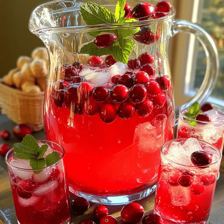 - 4 cups cranberry juice - 1 tablespoon fresh ginger, grated - 1 cup sparkling water - 1/4 cup honey (or to taste) - 1 lime, juiced - 1 cup fresh cranberries (for garnish) - Fresh mint leaves (for garnish) - Ice cubes - Additional citrus fruits (e.g. oranges or lemons) - Flavored sparkling water (like lemon-lime or berry) The key to making a great Cranberry Ginger Punch lies in the ingredients. Start with high-quality cranberry juice. This juice should be 100% juice, not a cocktail mix. The fresh ginger gives the punch a zesty kick. Grate it finely for the best flavor. Honey adds sweetness. You can adjust the amount based on your taste. Fresh lime juice brightens the drink. It balances the sweetness and adds a fresh note. The sparkling water adds a fun fizz. You can switch it up with flavored sparkling water for more taste. Fresh cranberries are perfect for garnish. They add color and a festive touch. Mint leaves not only look good but also smell great. For a twist, consider adding slices of oranges or lemons. They enhance the drink's flavor and make it even more vibrant. With these ingredients, you can create a refreshing drink that is perfect for any holiday gathering. For the full recipe, check out the details above. - Grate the fresh ginger - Juice the lime Start by grating the fresh ginger. A fine grater works best. You need just one tablespoon. This ginger gives a spicy kick to the drink. Next, cut the lime in half and juice it. You want about one lime's worth of juice. It adds a bright, tangy flavor. - Mix cranberry juice, ginger, honey, and lime juice Now, grab a large pitcher. Pour in four cups of cranberry juice. Add the grated ginger, the lime juice, and a quarter cup of honey. Stir well. Make sure the honey dissolves fully. This mix becomes the base of your punch. - Strain the mixture - Add sparkling water and serve over ice Let the mixture sit for 30 minutes. This helps the flavors blend. After that, strain the mix through a fine mesh sieve into another pitcher. This step removes the ginger bits and pulp. Just before serving, add one cup of sparkling water. Stir gently to keep the bubbles. Fill glasses with ice. Pour the drink over the ice. For a beautiful touch, add fresh cranberries and mint leaves. Enjoy this refreshing holiday drink! For the full recipe, check out the details above. Letting the mix sit for 30 minutes helps the flavors blend. The longer it sits, the better it tastes. You can also adjust sweetness levels to suit your taste. If you find it too sweet, add more lime juice. If you want it sweeter, add more honey. Serving in chilled glasses makes each sip refreshing. This simple step elevates the drink. Use attractive garnishes like fresh cranberries and mint leaves for visual appeal. It makes the punch look festive and inviting. Cranberry juice is great for your health. It helps prevent urinary tract infections and boosts your immune system. Ginger has anti-inflammatory properties, which can help with digestion. Both ingredients make this punch not just tasty, but also good for you. {{image_2}} You can easily change the taste of your punch. Try adding fresh orange or lemon juice. Both give a bright, zesty kick. You can also mix in other fruits. Berries like strawberries or blueberries add color and flavor. They enhance the drink's fruity vibe. Simply chop them up and toss them in. Want to make your punch a festive cocktail? Add vodka or rum for a fun twist. Vodka works well since it blends in nicely. Rum brings a sweet, tropical taste. Use about one cup of alcohol for a balanced flavor. Just mix it in before adding the sparkling water. Not a fan of fizz? You can make a still version. Instead of sparkling water, use plain water. This keeps the drink light and refreshing. Just mix it in after you strain the mixture. Enjoy the same great taste without the bubbles. This option is great for kids or those who prefer non-carbonated drinks. For the full recipe and more ways to enjoy this drink, don't forget to check out the [Full Recipe]. You can keep any leftover Cranberry Ginger Punch in an airtight container. Make sure to place it in the fridge. This way, it stays fresh and tasty for your next drink. For the best flavor, drink your punch within 2-3 days. This ensures you enjoy its bright, fresh taste. If you have leftover punch, consider using it in fun ways! You can: - Use it as a mixer for cocktails. - Pour it over fruit salad for a zesty twist. - Freeze it in ice cube trays to add to future drinks. - Blend it with yogurt for a fruity smoothie. These ideas let you enjoy the punch in different ways! For the full recipe, check the earlier section. To make your Cranberry Ginger Punch less sweet, try these tips: - Reduce honey: Start with half the amount and add more if needed. - Add citrus: Squeeze more lime juice for a tangy kick. - Use tart cranberry juice: Choose a cranberry juice with no added sugar. - Include more ginger: Grate extra ginger for a zesty flavor boost. These changes help balance the sweetness and enhance the punch's overall taste. Yes, you can prepare Cranberry Ginger Punch in advance. Here’s how: - Make the base: Combine cranberry juice, ginger, honey, and lime juice in a pitcher. - Chill: Store it in the fridge for up to 24 hours. - Add sparkling water last: Just before serving, mix in the sparkling water to keep it fizzy. This way, you save time and still impress your guests with fresh flavors. Absolutely! You can serve Cranberry Ginger Punch as a delicious mocktail. Just follow the same recipe. - Skip the alcohol: No vodka or rum needed for this fruity drink. - Garnish: Use fresh mint and cranberries to make it look festive. This mocktail option is perfect for all ages and keeps the holiday spirit alive! This blog has outlined a tasty recipe for Cranberry Ginger Punch. You learned about the ingredients, the step-by-step process, helpful tips, and variations. You can even store leftovers for later use! This drink isn't just refreshing; it offers health benefits too. You can easily adjust sweetness and make mocktail versions. Enjoy sharing your punch or serving it at your next gathering. With these simple steps, you can impress everyone with your drink skills. Have fun mixing and tasting this delightful beverage!