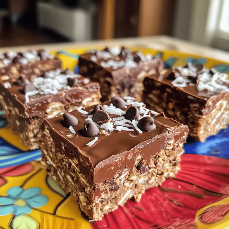 To make these no-bake chocolate oat bars, you need some basic ingredients. Here’s what you will need: - 2 cups rolled oats - 1 cup almond butter (or peanut butter) - 1/2 cup honey or maple syrup - 1/2 cup unsweetened cocoa powder - 1/4 cup chia seeds - 1/4 teaspoon salt - 1/2 teaspoon vanilla extract - 1/2 cup dark chocolate chips (dairy-free if preferred) These ingredients work together to create a rich, chewy treat. The oats give the bars structure. The nut butter adds creaminess. Honey or maple syrup sweetens without refined sugar. Cocoa powder brings the chocolatey flavor, while chia seeds boost nutrition. You can add a few extra ingredients to enhance the taste: - 1/4 cup shredded coconut (optional) - A pinch of cinnamon or nutmeg for warmth - A scoop of protein powder for an extra boost Adding shredded coconut gives a nice texture. The spices can elevate the taste. Protein powder makes these bars a great post-workout snack! If you need to make substitutions, you have options: - Use sunflower seed butter instead of almond or peanut butter for a nut-free version. - Swap honey for agave syrup if you want a vegan option. - Replace dark chocolate chips with dried fruit for a different flavor. These substitutions keep the bars tasty while meeting your needs. Feel free to get creative! Making No Bake Chocolate Oat Bars is simple. You need basic tools and ingredients. Start with a large bowl and a baking dish. Gather your ingredients first. This helps keep the process smooth and fun. 1. Mix the Dry Ingredients: In a large mixing bowl, combine 2 cups of rolled oats, 1/2 cup of unsweetened cocoa powder, and 1/4 teaspoon of salt. This forms the base of your bars. 2. Add the Wet Ingredients: Next, add 1 cup of almond butter and 1/2 cup of honey or maple syrup. This mix adds sweetness and creaminess. 3. Incorporate Chia Seeds: Toss in 1/4 cup of chia seeds. They give added texture and nutrition. Mix everything until you get a sticky mixture. If it’s hard to mix, use your hands. 4. Flavor It Up: Add 1/2 teaspoon of vanilla extract. Stir well to blend all flavors together. 5. Add Chocolate Chips: Fold in 1/2 cup of dark chocolate chips. If you like, you can also add 1/4 cup of shredded coconut for extra flavor. 6. Prepare the Baking Dish: Line an 8x8-inch square baking dish with parchment paper. Leave some overhang. This makes it easy to lift the bars out later. 7. Press the Mixture: Transfer the mixture into the lined dish. Use a spatula to press it down firmly. Make sure it’s even across the top. 8. Chill the Bars: Refrigerate for at least 2 hours. This helps the bars firm up. They need to be set before cutting. 9. Slice and Serve: Once firm, lift the bars out using the parchment paper. Cut into squares or rectangles. Enjoy your tasty treat! For a visual guide, you can create photos of each step. Take pictures of mixing the ingredients, pressing the mixture into the dish, and the final product. This will help others see how easy it is to make these bars. For the full recipe, refer back to the ingredients and steps mentioned above. To make the best no bake chocolate oat bars, follow these steps: - Use fresh ingredients. Fresh oats and nut butter make a big difference. - Mix well. Ensure that all ingredients blend into a sticky mixture. This helps the bars hold together. - Press firmly. When you put the mixture in the dish, press down hard. This creates a solid base. - Chill thoroughly. Let the bars set in the fridge for at least two hours. This helps them firm up nicely. You can make these bars your own! Here are some ideas: - Try different nut butters. Almond, cashew, or even sunflower seed butter work well. - Add spices. A pinch of cinnamon or nutmeg can add warmth and depth. - Incorporate fruits. Dried fruits like cranberries or apricots add a chewy texture. - Change the chocolate. Use white chocolate chips or even carob chips for a twist. Be aware of these common pitfalls: - Not measuring ingredients. Use measuring cups for accuracy. This ensures the right texture. - Skipping the chilling step. If you don’t chill long enough, the bars may crumble. - Overmixing. Too much mixing can make the bars dry. Mix just until combined. - Using old ingredients. Old oats or nut butter can affect the taste. Always check freshness. By following these tips and tricks, you will create delicious, satisfying no bake chocolate oat bars. For the full recipe, check out the detailed instructions above. {{image_2}} You can switch up the nut or seed in your bars. Instead of almond butter, try cashew or sunflower seed butter. These choices add unique flavors. Feel free to mix in nuts like walnuts or pecans. They add crunch and taste. You can also try different seeds. Pumpkin seeds or hemp seeds work well. They boost nutrition and taste great. Add fun flavors to your bars! For a minty twist, mix in mint extract. You can also use peanut butter instead of almond butter. This gives a rich flavor that many love. Want something fruity? Add dried fruits like cranberries or raisins. They add sweetness and a chewy texture. You can even stir in spices like cinnamon for warmth. Making these bars vegan is easy. Just use maple syrup instead of honey. Also, check your chocolate chips. Use dairy-free ones for a vegan option. For gluten-free bars, ensure your oats are certified gluten-free. These small changes keep the flavor while meeting dietary needs. Enjoy these bars no matter your diet! You can store your No Bake Chocolate Oat Bars in an airtight container. Keep them in the fridge to maintain their firmness. This way, they stay fresh and tasty for a longer time. If you have leftovers, do not worry! These bars hold up well when stored correctly. To freeze these delicious bars, wrap each one in plastic wrap. Place them in a freezer-safe bag or container. When you want to enjoy one, take it out and let it thaw in the fridge for about an hour. You can also eat them straight from the freezer for a cool treat. Just remember, they might be a bit harder to bite into when frozen! These bars will last about one week in the fridge. For the best taste, eat them within this time frame. If frozen, they can last up to three months. Always check for any changes in smell or texture before eating. Enjoy your treats fresh for the best flavor! For the full recipe, refer to the main section of this article. Yes, you can use other nut butters. Options include cashew, sunflower, or even soy nut butter. Each nut butter adds a unique flavor and texture. For example, cashew butter makes the bars creamy. Sunflower butter is great for nut-free diets. Just choose one that you enjoy. These bars need about two hours to set in the refrigerator. This time helps them become firm enough to cut. If you want them to set faster, place them in the freezer for 30 minutes. You can check them after that. They should be firm to the touch. Yes, you can make these bars without chia seeds. The chia seeds help with texture and add some nutrition. If you skip them, try adding more oats. You can also use ground flaxseed as a replacement. This keeps the bars thick and tasty. You now have a complete guide to making no-bake chocolate oat bars. We covered the key ingredients, step-by-step instructions, and helpful tips. You learned how to customize the bars and store them properly. Remember, any nut butter works, and you can skip chia seeds if needed. These bars are fun to make and delicious to eat. Enjoy experimenting with flavors and adjustments to fit your taste. Happy snacking!