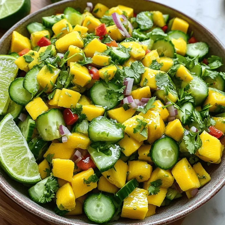 Let’s gather the fresh ingredients for our refreshing mango salad. Each one adds a unique flavor and texture. - 2 ripe mangoes, diced - 1 cucumber, diced - 1 red bell pepper, diced - 1/2 red onion, finely chopped - 1/4 cup fresh cilantro, chopped - 1 jalapeño, seeded and minced (optional for spice) - Juice of 2 limes - 2 tablespoons honey (or agave syrup for a vegan option) - 2 tablespoons olive oil - Salt and pepper to taste Choosing ripe mangoes is key. Look for ones that feel slightly soft and smell fragrant. The cucumber adds crunch, while the bell pepper brings sweetness. The red onion gives a nice bite. If you like heat, the jalapeño is a great touch. I love using fresh lime juice. It brightens the salad and pairs perfectly with mango. Honey or agave syrup balances the tanginess. Olive oil rounds out the dressing, making it rich and smooth. This combination of ingredients creates a colorful and vibrant salad. You can find the full recipe at the end. Enjoy putting these ingredients together to create something delicious! How to dice mangoes and cucumbers To dice mangoes, start with ripe fruit. Cut off the sides of the mango. Stand it up and slice down to remove the pit. Make crosshatch cuts in the flesh. Then, scoop out the cubes with a spoon. For cucumbers, wash them well. Cut off both ends, then slice them in half. Lay each half flat and cut into small pieces. Chopping red peppers and onions For red peppers, remove the stem and seeds. Cut the pepper in half, then slice it into thin strips. Next, chop the strips into small pieces. For onions, peel off the outer skin. Cut the onion in half, then slice it thinly. Aim for small, even pieces for a consistent taste. Handling jalapeños safely Jalapeños can add spice. First, wash your hands. Cut off the stem and slice them in half. Carefully remove the seeds with a spoon. Use gloves if you have sensitive skin. Chop the jalapeño into tiny pieces. Remember, less is more if you want mild heat. Combining lime juice, honey, and olive oil In a small bowl, squeeze the juice from two limes. Add two tablespoons of honey for sweetness and two tablespoons of olive oil for richness. Whisk these together until well combined. This simple dressing balances tart and sweet flavors. Tips for achieving the perfect balance of flavors Taste your dressing after mixing. If it's too tart, add a bit more honey. If it’s too sweet, add a splash more lime juice. Season with a pinch of salt and pepper. The right balance makes your salad shine. Mixing the salad and dressing thoroughly In a large bowl, combine diced mangoes, cucumbers, red peppers, red onions, and jalapeños (if using). Pour the lime dressing over the salad. Gently toss everything together until all pieces are coated. Do this carefully to keep the mango pieces intact. Recommended marination time for flavor enhancement Let the salad sit for about ten minutes. This time allows the flavors to meld together. It also enhances the juiciness of the mangoes. Serve right after marinating for the best taste. Check out the Full Recipe for more details! Letting the salad sit is key. After mixing, let it rest for about 10 minutes. This time allows the flavors to blend nicely. You’ll notice the mangoes become juicier and tastier. The lime dressing soaks in, enhancing each bite. The balance of sweetness and acidity in the dressing matters too. Use ripe mangoes for natural sweetness. The lime juice brightens the dish. If you find the dressing too tart, add a bit more honey. Adjusting these flavors can make all the difference. This salad pairs well with grilled chicken or shrimp. You can also serve it as a side dish for tacos. It adds a fresh touch to any meal. For a beautiful presentation, serve the salad in a shallow bowl. Sprinkle fresh cilantro on top. Add lime wedges on the side for a pop of color. This simple touch makes your dish look even more inviting. For the complete recipe, check out the [Full Recipe]. {{image_2}} You can easily boost this mango salad with protein. Grilled chicken or shrimp works well. These options add heartiness and flavor. For a vegetarian twist, try adding chickpeas or quinoa. Both choices provide good protein and texture. Chickpeas add a nutty flavor, while quinoa brings a nice crunch. To make your salad even more exciting, add nuts or seeds. Sliced almonds or toasted pumpkin seeds offer a great crunch. They also add healthy fats and nutrients. You can also mix in other fruits. Avocado adds creaminess, while pineapple gives a sweet and tangy twist. These fruits complement the mango and lime dressing beautifully. For the full recipe, check out the [Full Recipe]. To keep your mango salad fresh, store it in an airtight container. Place it in the fridge right after serving. This helps keep the flavors bright and the texture crisp. Always use clean utensils to avoid contamination. Look for signs of spoilage, like an off smell or slimy texture. If you spot these signs, it’s best to toss the salad. Fresh mango salad lasts about two days in the fridge. Can you freeze mango salad? Freezing is not ideal for this salad. The texture of mangoes and cucumbers changes when frozen. If you do choose to freeze it, make sure to discard any dressing. Store the salad without dressing in a freezer-safe container. When you're ready to eat, thaw it overnight in the fridge. After thawing, add fresh lime dressing to restore flavor. Enjoy your delightful dish! For the full recipe, check out the details above. Yes, you can use frozen mangoes. They work well in a salad. Frozen mangoes are often picked at their peak ripeness. This means they can taste just as sweet as fresh ones. Just let them thaw before you use them. You may also want to pat them dry to avoid extra moisture in your salad. If you don't have lime, try lemon or orange juice. Both add a nice citrus flavor. Lemon gives a sharper taste, while orange offers a sweeter twist. You can also mix citrus juices for a unique flavor. This way, you can keep the dressing fresh and tasty. The salad can last about three days in the fridge. However, it’s best to eat it fresh. After a day, the ingredients may lose their crunch. The dressing can make the salad soggy over time. If you store the dressing separately, it helps keep the salad fresh longer. This blog post detailed a fresh mango salad recipe. You learned about the key ingredients, simple steps, and tips for best flavor. Remember, resting the salad enhances taste. Add proteins or fruits for more variety. Proper storage keeps leftovers fresh. With these insights, you'll create a vibrant dish that impresses. Enjoy making this salad again and again!