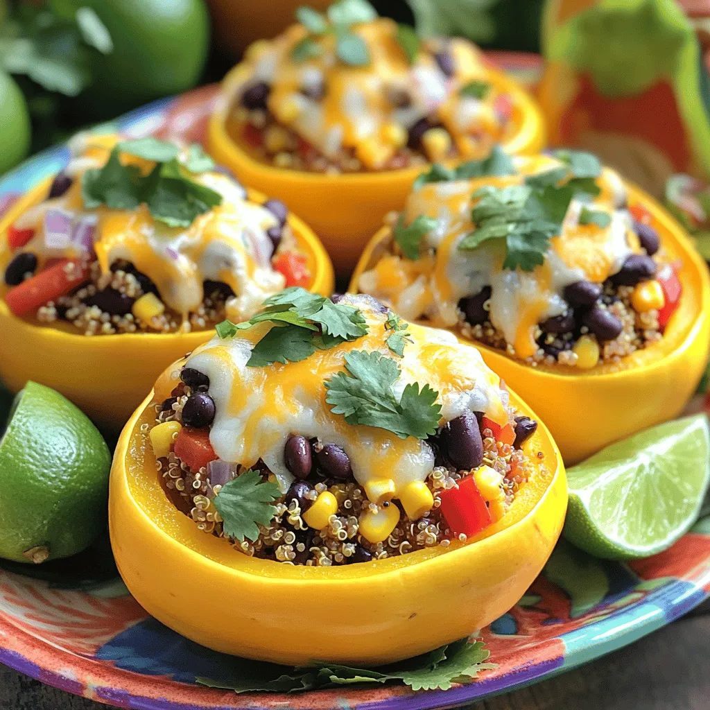 - 4 medium yellow squash - 1 cup cooked quinoa - 1 cup black beans, rinsed and drained - 1 cup corn kernels (fresh or frozen) - 1 red bell pepper, diced - 1 small onion, finely chopped - 2 cloves garlic, minced - 1 teaspoon cumin - 1 teaspoon chili powder - Salt and pepper to taste - 1 cup shredded cheese (cheddar or Monterey Jack) - 2 tablespoons olive oil - Fresh cilantro for garnish When I make stuffed yellow squash, I start by selecting fresh, firm squash. Each squash will become a tasty vessel for the filling. I use quinoa for protein and black beans for fiber. Both add great texture and taste. Corn brings sweetness, while bell pepper and onion add crunch and flavor. Garlic, cumin, and chili powder give depth to the dish. Finally, cheese melts on top, creating a golden crust. - Chopped tomatoes for added moisture - Jalapeño for a spicy kick - Cooked ground turkey or beef for extra protein - Herb blends like oregano or thyme for added flavor I love to customize my stuffed yellow squash! Adding chopped tomatoes can make the filling juicier. If you enjoy heat, toss in some jalapeño. Ground turkey or beef can boost the protein content. Try adding herbs to change the flavor profile. The options are endless! - Calories: 350 - Protein: 15g - Carbohydrates: 45g - Dietary Fiber: 10g - Sugars: 4g - Total Fat: 12g - Saturated Fat: 6g This dish is not just delicious; it's also nutritious. Each serving offers a balance of macronutrients. You’ll get protein from quinoa and beans, making it filling. The fiber helps with digestion and keeps you satisfied. Enjoy this healthy meal without any guilt! For my [Full Recipe], check out the steps and tips to make your stuffed yellow squash perfect. First, wash your yellow squash well. This step makes sure it's clean. Next, cut each squash in half lengthwise. Use a spoon to scoop out the seeds carefully. You want to create a boat shape. Drizzle the inside with olive oil. Sprinkle salt and pepper on top. Place the squash cut side up in a baking dish. This helps them roast nicely. Heat a skillet over medium heat. Add the remaining olive oil. Once hot, add the chopped onion and bell pepper. Cook for about five minutes or until soft. Then, stir in minced garlic and cook for one more minute. The smell will be great! Now, add in your cooked quinoa, black beans, corn, cumin, chili powder, salt, and pepper. Mix everything well and heat through for about three to five minutes. Take the skillet off the heat and fold in half of the cheese. Now it’s time to stuff the squash. Pack the quinoa mixture into each half of the squash. Make sure to fill them well. Top each boat with the rest of the cheese. Cover the dish with aluminum foil. Bake in the oven for 25 minutes at 375°F. After that, remove the foil and bake for another 10 to 15 minutes. The cheese should be melted and bubbly. Once done, take them out and let them cool for a bit. Garnish with fresh cilantro for a bright touch. Enjoy your stuffed yellow squash! For the full recipe, check out Savory Stuffed Yellow Squash. When choosing yellow squash, look for firm, smooth skin. Avoid squash with soft spots or blemishes. Choose ones that feel heavy for their size. The best squash has a vibrant yellow color. Smaller squash tend to be sweeter and more tender. To ensure even cooking, cut the squash in half lengthwise. Scoop out the seeds to create a boat shape. This not only helps with cooking but also allows for more filling. Drizzle with olive oil and season with salt and pepper. Cover the baking dish with foil to trap steam, then remove it later to brown the cheese. You can make stuffed yellow squash ahead of time. Prepare the filling and stuff the squash, then cover and refrigerate. Bake it the next day for a quick meal. If you want to freeze, stuff the squash and wrap them tightly in foil. When ready to eat, thaw overnight in the fridge and bake as usual. This makes meal prep easy and delicious! For the full recipe, refer to the earlier sections. Enjoy your stuffed yellow squash! {{image_2}} You can mix and match your fillings for stuffed yellow squash. Here are some fun ideas: - Ground turkey or beef: For a heartier filling, add cooked ground meat. - Rice or couscous: Swap quinoa with rice or couscous for a different texture. - Veggies: Use mushrooms, spinach, or zucchini for extra color and taste. - Nuts and seeds: Add chopped walnuts or sunflower seeds for crunch. These options let you play with flavors and textures! Making the dish vegan is easy. Just skip the cheese and use vegan cheese instead. For gluten-free, ensure all ingredients are certified gluten-free. Here’s how: - Quinoa: This grain is naturally gluten-free and a great base. - Beans: Black beans or chickpeas add protein and fiber. - Veggies: Fill with your favorite vegetables to keep it fresh and tasty. These options make the dish inclusive for all diets! Want some heat? You can easily adjust the spice in your stuffed yellow squash. Here’s how: - Add jalapeños: Chop fresh jalapeños and mix them into your filling. - Hot sauce: Drizzle hot sauce over the stuffed squash before baking. - Pepper flakes: Sprinkle red pepper flakes for a mild kick. Adjust the heat to suit your taste! Enjoy your meal and make it your own with these variations. For the full recipe, check out the complete instructions. After making your stuffed yellow squash, let it cool down. Wrap each piece in plastic wrap or place it in an airtight container. Store it in the fridge for up to three days. This keeps the flavors fresh and ready for you to enjoy later. If you want to save some for later, freezing works well. Wrap each stuffed squash tightly in plastic wrap. Then, place them in a freezer-safe bag or container. They can stay frozen for up to three months. Remember to label the bag with the date. This will help you keep track of how long they’ve been in the freezer. To reheat, first, take the stuffed squash out of the fridge or freezer. If frozen, let it thaw in the fridge overnight. Preheat your oven to 350°F (175°C). Place the squash in a baking dish and cover with foil. Bake for about 20 minutes if refrigerated or 30-40 minutes if frozen. Check that the filling is hot and the cheese is melted. Enjoy your meal again! You can find the Full Recipe above for more details. Yes, you can use other squashes. Zucchini works very well. It has a similar texture. Acorn squash also makes a tasty option. Just adjust the cooking time if needed. Each type gives a unique flavor and look to your dish. Experimenting can lead to fun results! Check the squash for tenderness. You can easily pierce it with a fork. The cheese should be melted and bubbly too. If you see golden brown edges, that’s a great sign. Let it cool slightly before serving to avoid burns. Stuffed yellow squash goes well with many sides. A fresh green salad adds crispness. Quinoa or rice dishes complement the flavors nicely. Serve with roasted veggies for a colorful plate. You can also add a dollop of sour cream for extra creaminess. This blog post covered how to make a delicious stuffed yellow squash. You learned about the key ingredients and nutritional information. I shared step-by-step instructions for prepping, cooking, and baking the dish. You also found tips for picking squash, ensuring even cooking, and making ahead. I offered variations for different diets and discussed storage options. In closing, stuffed yellow squash is fun to make and enjoy. Customize it for your taste, and share it with others. Happy cooking!
