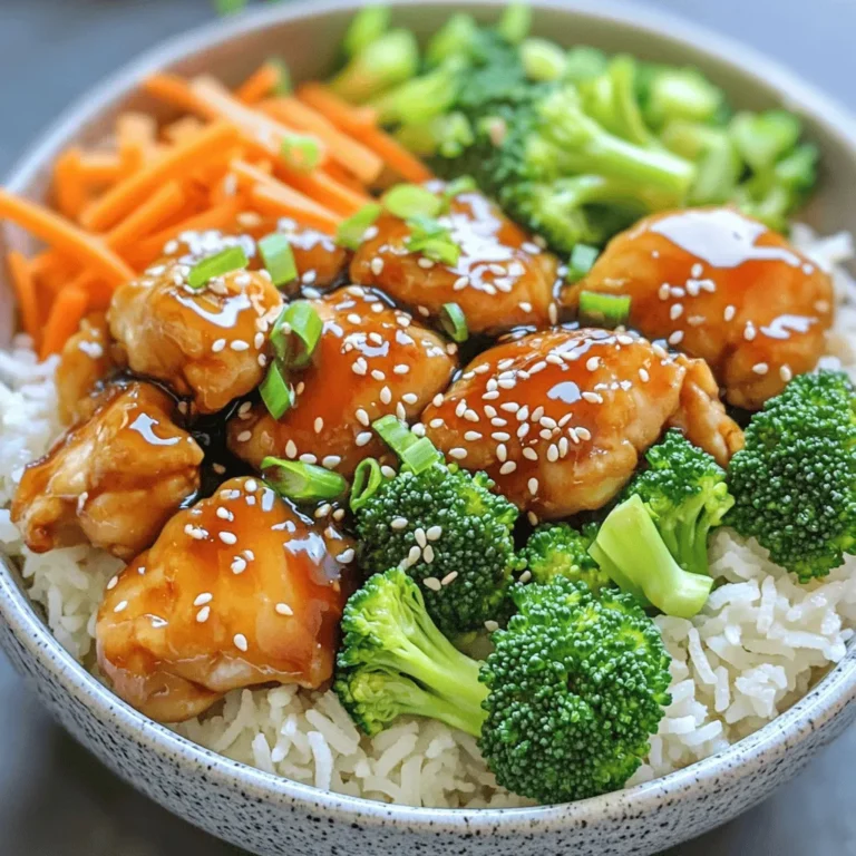 When making a Teriyaki chicken rice bowl, fresh ingredients make a big difference. Here’s what you need: - Chicken: 2 boneless, skinless chicken thighs, cut into bite-sized pieces - Rice: 1 cup jasmine rice - Vegetables: 1 cup broccoli florets, 1/2 cup carrot, julienned, 2 green onions, sliced - Sauces & Oils: 1 tablespoon vegetable oil, 1/4 cup soy sauce, 2 tablespoons honey, 1 tablespoon freshly grated ginger, 2 cloves garlic, minced, 1/2 teaspoon sesame oil - Seasonings: Sesame seeds for garnish Using quality ingredients enhances the flavor. The chicken brings protein, while jasmine rice gives a nice base. Fresh vegetables add crunch and color. The sauces and oils blend to create that sweet and savory teriyaki taste. Don't forget the sesame seeds! They add a nice touch when you serve the dish. For the full recipe, check out the instructions later. Start by boiling 2 cups of water or chicken broth in a medium pot. Once it boils, add 1 cup of jasmine rice. Lower the heat and cover the pot. Let it simmer for about 15 minutes. The rice will absorb the liquid and become fluffy. Fluff it with a fork and set it aside. In a small bowl, mix together 1/4 cup soy sauce, 2 tablespoons honey, 1 tablespoon freshly grated ginger, 2 minced garlic cloves, and 1/2 teaspoon sesame oil. Whisk until well combined. This sauce brings sweet and savory flavors to your dish. Heat 1 tablespoon of vegetable oil in a large skillet over medium-high heat. Add the bite-sized chicken thighs. Cook for about 5-7 minutes. Stir occasionally until the chicken turns golden brown and is cooked all the way through. Reduce the heat to medium. Toss in 1 cup of broccoli florets and 1/2 cup of julienned carrots. Sauté the vegetables for another 3-5 minutes. You want them to be tender but still crisp. This adds color and nutrition to the bowl. Pour the teriyaki sauce over the chicken and vegetables. Stir everything together to coat evenly. Cook for an additional 2-3 minutes. The sauce will thicken and become shiny, making it even more tasty. Divide the cooked rice into two serving bowls. Top the rice with the teriyaki chicken and vegetable mix. For the final touch, sprinkle sliced green onions and sesame seeds on top. This adds flavor and a nice crunch. You now have a delicious teriyaki chicken rice bowl ready to enjoy! Check the Full Recipe for more details. To make a great teriyaki sauce, balance is key. Use soy sauce, honey, ginger, garlic, and sesame oil. Mix them well in a bowl until smooth. Taste it! Adjust sweetness or saltiness to your liking. If you want more depth, add a splash of rice vinegar. This twist enhances the flavor. For juicy chicken, start with boneless thighs. Cut them into bite-sized pieces. Heat your skillet to medium-high and add oil. Cook the chicken for about 5-7 minutes. Stir often for even browning. Make sure the inside reaches 165°F. This ensures it is safe to eat and tasty. You can switch up the veggies based on what you have. Broccoli and carrots are great, but try bell peppers or snap peas too! Just chop them into similar sizes for even cooking. Add them to the pan after the chicken. Sauté until they are tender but still crisp. Serve your teriyaki chicken rice bowl hot. Start with a base of jasmine rice. Top it with the chicken and veggies. Finish with green onions and sesame seeds for crunch. For extra flavor, drizzle more sauce on top. You can also add pickled ginger or avocado for a fresh twist. For the full recipe, check out the details above! {{image_2}} To make a gluten-free teriyaki chicken rice bowl, swap soy sauce for tamari. Tamari is a gluten-free soy sauce. You can also use coconut aminos, which are sweet and salty. This change keeps the dish tasty without gluten. For a vegetarian option, replace chicken with tofu or tempeh. Press the tofu to remove extra water and cut it into cubes. Sauté it until golden brown. Use the same teriyaki sauce to flavor the tofu. You can add more veggies like bell peppers or snap peas. You can try other proteins in this bowl. Shrimp or salmon work great with teriyaki sauce. Simply cook the seafood until it's done and follow the same steps. You can also use beef or pork if you prefer red meat. Each protein gives a unique flavor, keeping the dish exciting. For the full recipe of Teriyaki Chicken Rice Bowl, refer back to the earlier section. After enjoying your Teriyaki chicken rice bowl, store leftovers quickly. Place them in an airtight container. This keeps your meal fresh and tasty. You can keep it in the fridge for up to three days. Make sure it cools down before you seal it. This way, it stays safe and yummy. When you’re ready to eat again, reheating is easy. You can use a microwave or stovetop. If using a microwave, place the bowl in and heat for about two minutes. Stir halfway through for even heating. If you prefer the stovetop, warm it in a pan over low heat. Add a splash of water or broth to prevent drying. Heat until it’s hot throughout. Freezing is a great option for longer storage. Divide the bowl into single servings. Place each in a freezer-safe container. Make sure to leave some space at the top, as food expands when frozen. You can freeze the teriyaki chicken rice bowl for up to three months. When you’re ready to eat, thaw it in the fridge overnight. Then reheat as mentioned above. Enjoy your flavorful meal anytime! For the full recipe, check out the Teriyaki Chicken Rice Bowl . A teriyaki chicken rice bowl is a tasty meal. It features cooked chicken tossed in sweet and savory teriyaki sauce. The chicken sits on a bed of fluffy rice. You can add fresh vegetables like broccoli and carrots. This dish is colorful and full of flavor. It’s a quick meal that is perfect for busy days. You can swap out some ingredients for healthier options. Use brown rice instead of jasmine rice for more fiber. You can add more veggies like bell peppers or snap peas. Try using less honey in the sauce. You can also grill the chicken instead of frying it. These changes will keep the meal light and bright. Yes, you can use any rice you like! Brown rice adds a nutty flavor and more nutrients. Quinoa is a good choice for a protein boost. Cauliflower rice is great for a low-carb option. Just adjust the cooking time based on the rice you choose. To check if chicken is done, use a meat thermometer. The inside should reach 165°F (75°C). If you don’t have a thermometer, cut the chicken open. The meat should be white, not pink. Juices should run clear. This ensures your chicken is safe to eat. You can use maple syrup as a great substitute for honey. Agave nectar is another option. If you want a sugar-free choice, try stevia or a sugar substitute. These will still give you a sweet flavor without using honey. This article covered creating a tasty teriyaki chicken rice bowl. We explored key ingredients like chicken, rice, and veggies. I shared simple steps to make and mix each part. You learned tips to enhance flavor and variations for different diets. Now you can enjoy this dish tailored to your taste. Cooking can be fun and rewarding. Keep experimenting and make this bowl your own! Happy cooking!