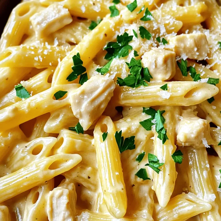 For this creamy garlic chicken penne, you will need: - 300g penne pasta - 2 boneless, skinless chicken breasts, diced - 4 cloves garlic, minced - 1 cup heavy cream - 1 cup chicken broth - 1 cup grated Parmesan cheese - 1 tablespoon olive oil - 1 teaspoon dried Italian herbs (oregano, basil, thyme) - Salt and pepper to taste - Fresh parsley, chopped (for garnish) Let's break down these ingredients further. Pasta measurements and types: I recommend using penne pasta for this dish. It holds the sauce well and offers a great bite. You can also try other pasta types, but penne is ideal. Chicken preparation details: Use boneless, skinless chicken breasts. Dice them into small pieces for quicker cooking. This way, they absorb more flavor from the garlic sauce. Broth and cream specifications: A cup of chicken broth adds depth. Heavy cream brings richness and creaminess. Together, they create a luxurious sauce that coats the pasta beautifully. Consider adding these to elevate your dish: - Cheese types for serving: Grated Parmesan cheese is a must. It adds a savory kick. You can also try Pecorino Romano for a sharper flavor. - Fresh herbs and their impact on flavor: Fresh parsley is perfect for garnish. It adds color and a fresh taste. You can also use basil or thyme for extra aroma and flavor. Start by boiling water in a large pot. Add salt to the water for flavor. Cook the penne pasta according to the package instructions, usually about 10-12 minutes. Look for that perfect al dente texture. It should be firm but not hard. When done, drain the pasta in a colander but keep some starch. This helps the sauce stick later. While the pasta cooks, season the chicken. Use salt, pepper, and dried Italian herbs for great flavor. Heat olive oil in a large skillet over medium heat. Add the chicken and cook until browned, about 5-7 minutes. Make sure it’s fully cooked. Use a meat thermometer if needed. The chicken should reach 165°F (75°C) for safety. Once cooked, take the chicken out and set it aside. In the same skillet, add the minced garlic. Sauté it for 1-2 minutes until it smells amazing. Watch it closely; burnt garlic tastes bitter. Next, pour in the chicken broth and let it simmer for a couple of minutes. Slowly add the heavy cream and stir. Let the sauce simmer on low heat for 3-4 minutes. This will help it thicken. If you want, you can use cornstarch or flour as a thickener. Now it's time to bring everything together. Add the chicken back to the skillet. Then, toss in the cooked penne pasta. Stir well to coat the pasta and chicken in the creamy garlic sauce. Make sure every bite has flavor. Finally, mix in the grated Parmesan cheese. This adds a rich taste and helps bind the dish together. Enjoy your delicious Creamy Garlic Chicken Penne! For the full recipe, check the section above. To achieve a creamy texture, you can use different types of cream. Heavy cream gives the best results. You can also try half-and-half for a lighter option. This will change the thickness and flavor. If you want a lighter dish, consider using Greek yogurt or sour cream. These will add creaminess but with a tangy taste. To adjust the thickness, keep an eye on your sauce. If it’s too thick, add a splash of chicken broth. This keeps the flavor strong while ensuring it doesn’t overcook. Stir often to prevent burning, and let it simmer low and slow. Spices and veggies can elevate your dish. Try adding a pinch of red pepper flakes for heat. You can also mix in fresh spinach or sun-dried tomatoes for color and nutrition. Both will add a nice twist to your creamy garlic chicken penne. Customizing proteins is easy too. Swap chicken for shrimp, beef, or even tofu for a veggie option. Each protein brings its own flavor. Fresh herbs like basil or thyme can add a burst of freshness. Feel free to get creative and make this dish your own! {{image_2}} If you need gluten-free options, use gluten-free penne. Many brands offer great taste and texture. Check labels to find one that suits you. For a dairy-free version, you can swap heavy cream with coconut milk or a plant-based cream. Nutritional yeast can stand in for Parmesan cheese for a cheesy flavor without dairy. To add more color and nutrition, toss in some spinach or mushrooms. Sauté them along with the garlic for a tasty boost. You can also mix in proteins like shrimp or tofu. Just cook them separately and then add them to the creamy sauce. Each option brings its own unique flavor and makes the dish more exciting. Explore these variations to make Creamy Garlic Chicken Penne your own. For the complete recipe, check out the Full Recipe. To keep your creamy garlic chicken penne fresh, follow these steps. First, let the dish cool down to room temperature. This helps reduce moisture that can lead to spoilage. Once cool, transfer it to an airtight container. You can store it in the fridge for up to three days. If you want to keep it longer, freeze it. It stays good in the freezer for about two months. Just make sure to label your container with the date. When it's time to enjoy your leftovers, reheating properly is key. The best method is to use a skillet over low heat. This helps keep the sauce creamy. Stir gently as you heat it to ensure even warmth. If you notice the sauce thickening too much, add a splash of chicken broth or cream. You can also reheat the sauce separately from the pasta. This way, you can control the texture better. Heat the sauce in a pan while cooking the pasta in another pot. Once both are warm, combine them just before serving. This method keeps the dish fresh and tasty. To reheat Creamy Garlic Chicken Penne, use a skillet or microwave. If using a skillet, add a splash of chicken broth or cream. This keeps the sauce creamy. Heat gently over low heat. Stir often to mix everything well. For the microwave, place the pasta in a bowl. Add a little broth or cream. Cover with a microwave-safe lid and heat in short bursts. Stir between heating sessions. Yes, you can make this dish ahead of time. Cook the pasta and chicken, then prepare the sauce. Combine everything but the cheese. Store it in the fridge for up to two days. Reheat gently before serving. Add the cheese just before eating to keep it fresh. This way, you save time on busy days. Creamy Garlic Chicken Penne pairs well with several sides. A light green salad adds freshness. Garlic bread is great for soaking up sauce. Roasted vegetables add a nice crunch. You can also serve it with steamed broccoli or asparagus for extra veggies. These sides complement the rich flavors of the pasta. To make Creamy Garlic Chicken Penne kid-friendly, reduce the garlic. Kids often prefer a milder taste. You can also substitute the chicken with diced, cooked ham or turkey. For a fun twist, add peas or corn. These ingredients add color and sweetness. Always check for allergies when making changes. Kids enjoy this dish when it looks bright and tasty! In this blog post, I covered a delicious recipe for Creamy Garlic Chicken Penne. I shared essential ingredients, step-by-step cooking tips, and ways to customize the dish. You learned about storage and reheating techniques to enjoy leftovers perfectly. Remember, cooking can be fun and creative. Don’t be afraid to make this dish your own. Enjoy experimenting with flavors, garnishes, and variations. Happy cooking!