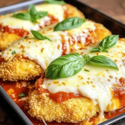 To make easy Chicken Parmesan, gather these simple ingredients: - 2 boneless, skinless chicken breasts - 1 cup all-purpose flour - 2 large eggs, beaten - 1 cup breadcrumbs (preferably Italian style) - 1/2 cup grated Parmesan cheese - 1 teaspoon garlic powder - 1 teaspoon dried oregano - 1 teaspoon dried basil - Salt and pepper to taste - 1 cup marinara sauce - 1 cup shredded mozzarella cheese - Fresh basil leaves for garnish - Olive oil for frying These ingredients create a dish that is both tasty and satisfying. The chicken breasts provide a great base, while the breadcrumbs and cheese add crunch and flavor. The marinara sauce keeps everything moist and delicious. For a full recipe that guides you through the cooking process, check out the Full Recipe. You can adjust the seasonings based on your taste. Don't forget to have fun while cooking! First, preheat your oven to 375°F (190°C). Next, take two boneless, skinless chicken breasts. Place them between two sheets of plastic wrap. Use a meat mallet to pound the chicken. Aim for an even thickness of about 1/2 inch. This helps the chicken cook evenly. Now, set up your dredging stations. You will need three shallow dishes. In the first dish, put 1 cup of all-purpose flour. In the second, add 2 beaten eggs. In the third, mix together 1 cup of breadcrumbs, 1/2 cup of grated Parmesan cheese, 1 teaspoon of garlic powder, 1 teaspoon of dried oregano, 1 teaspoon of dried basil, and some salt and pepper. Each station will help coat the chicken well. To coat the chicken, take one chicken breast and dip it into the flour. Shake off any extra flour. Next, dip it into the beaten eggs. Make sure it is fully covered. Finally, press it into the breadcrumb mixture. Coat it well on both sides. Repeat this with the second chicken breast. Now, heat olive oil in a large skillet over medium heat. Once the oil is hot, add the chicken. Fry each piece for about 4-5 minutes on one side. Then, flip it over and cook for another 4-5 minutes. The chicken should be golden brown. If your pan feels crowded, fry the chicken in batches. After frying, place the chicken on a paper towel-lined plate to soak up extra oil. To assemble the dish, spread 1/3 cup of marinara sauce on the bottom of a baking dish. Place the fried chicken breasts on top of the sauce. Then, spoon more marinara sauce over each piece. Make sure to cover them well. Now, sprinkle shredded mozzarella cheese evenly over the top. Place the baking dish in your preheated oven. Bake for 20-25 minutes. You want the cheese to be bubbly and golden. The chicken should be cooked through. When it’s ready, take it out and let it cool for a few minutes before serving. Enjoy your Easy Chicken Parmesan! For the complete recipe, check out the Full Recipe. The best frying methods for chicken focus on heat and timing. I recommend using a large skillet and enough olive oil to coat the bottom. This helps to fry the chicken evenly. Always preheat your oil until it's hot but not smoking. A good test is to drop in a breadcrumb; it should sizzle right away. To achieve the perfect crispy coating, make sure your chicken is dry before dredging. This helps the flour stick better. After coating, let the chicken rest for a few minutes. This allows the coating to set, leading to a crunchier bite when you fry. For seasoning variations, try adding a pinch of cayenne pepper for heat or some paprika for a smoky flavor. You can also mix in fresh herbs, like chopped parsley or thyme, into your breadcrumb mix for a burst of freshness. Adding extra ingredients can elevate your dish. Consider placing thin slices of prosciutto on top of the chicken before baking. You can also layer in some sautéed mushrooms or spinach to enrich the meal. The best sides to pair with Chicken Parmesan are simple and fresh. A crisp green salad or garlic bread complements the dish perfectly. You can also serve it with pasta tossed in olive oil and garlic for a heartier meal. For creative ways to serve your Chicken Parmesan, try slicing it and placing it on a toasted baguette for a sandwich. You can also layer it in a bowl with arugula and cherry tomatoes for a fun salad. For the full recipe, check out the recipe section. {{image_2}} To make a lighter Chicken Parmesan, try these swaps: - Use chicken thighs instead of breasts for more flavor. - Substitute whole wheat flour for regular flour. - Try almond flour for a gluten-free option. - Replace breadcrumbs with crushed nuts for crunch. - Use low-fat cheese to cut calories. If you need vegetarian options, consider: - Eggplant slices as the main ingredient. - Portobello mushrooms for a meaty texture. - Cauliflower steaks for a unique twist. - Use tofu for a protein-packed choice. Exploring marinara sauce can change your dish's taste. Here are some ideas: - Add red pepper flakes for a spicy kick. - Mix in fresh herbs like basil or parsley. - Try roasted garlic for rich flavor. - Use a store-bought pesto for a fresh twist. For cheese, think beyond mozzarella: - Try gouda for a smoky taste. - Use ricotta mixed with herbs for creaminess. - Swap in feta for a tangy zing. Serving Chicken Parmesan with pasta enhances the meal: - Pair it with spaghetti for a classic touch. - Use penne for easy forkfuls. - Try zoodles for a low-carb option. To turn Chicken Parmesan into a pasta bake: - Cook your favorite pasta and mix with marinara. - Layer it with the chicken and cheese. - Bake until bubbly and golden for a comforting dish. For the full recipe, check out the detailed instructions above! To keep your Chicken Parmesan tasty, store leftovers properly. Let the dish cool down first. Then, place it in an airtight container. This helps keep moisture in and air out. You can also use a glass or plastic container with a tight lid. For longer storage, freeze the chicken. Just make sure to wrap it tightly in plastic wrap or foil before placing it in a freezer bag. It will stay fresh for about three months. When it’s time to enjoy your leftovers, you have two good options: the oven or the microwave. For the oven, preheat it to 375°F (190°C). Place the chicken on a baking sheet and cover it with foil. This keeps the heat in and helps the cheese melt smoothly. Bake for about 15-20 minutes until hot. If you choose the microwave, place the chicken on a microwave-safe plate. Heat it for one minute, then check. If it’s not hot enough, heat it in 30-second bursts. To keep the crispy texture, avoid the microwave if you can. The oven is best for keeping that delicious crunch. For a great Chicken Parmesan experience, follow these storage and reheating tips. Enjoy your meal! What sides pair well with Chicken Parmesan? Chicken Parmesan tastes great with many sides. I love serving it with spaghetti or a fresh salad. Garlic bread is also a hit! You can try roasted veggies for a healthy touch. Can Chicken Parmesan be made gluten-free? Yes! For gluten-free Chicken Parmesan, use gluten-free breadcrumbs. You can also use almond flour as a great option. Just ensure your marinara sauce is gluten-free too. How can I tell when the chicken is fully cooked? The best way to check is by using a meat thermometer. Chicken should reach 165°F (75°C). If you cut the chicken, the juices should run clear, not pink. How can I achieve a crispy coating every time? To get that perfect crispy coating, make sure to dry the chicken first. Dredge it in flour, then egg, and finally breadcrumbs. Press the breadcrumbs on firmly. Fry in hot oil for the best crunch. Can I prepare Chicken Parmesan ahead of time? Yes, you can prep it the day before! Coat the chicken and store it in the fridge. Just bake it when you are ready to eat. This saves time on busy nights. What is the best way to make homemade marinara sauce? For homemade marinara, sauté garlic in olive oil. Then add crushed tomatoes, salt, and herbs. Simmer for about 20 minutes. This will give you a rich and tasty sauce for your Chicken Parmesan. What is the prep and cook time for this recipe? Prep time for this easy Chicken Parmesan is about 15 minutes. The total cook time is around 30 minutes. So, you can have dinner ready in about 45 minutes. How many servings does this Chicken Parmesan recipe provide? This recipe serves four people. It's perfect for a family meal or a small gathering. Enjoy the cheesy goodness with everyone around the table. You can find the Full Recipe here. This Chicken Parmesan recipe offers a simple way to make a tasty meal. We covered all the essential ingredients and steps, from prepping the chicken to baking it. With tips and variations, you can customize it to your taste. Remember to store leftovers properly to keep them fresh. Whether served with pasta or alone, Chicken Parmesan is always a hit. Enjoy experimenting with flavors and techniques to make this dish your own!