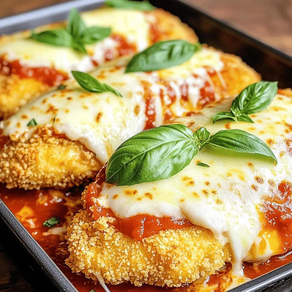 To make easy Chicken Parmesan, gather these simple ingredients: - 2 boneless, skinless chicken breasts - 1 cup all-purpose flour - 2 large eggs, beaten - 1 cup breadcrumbs (preferably Italian style) - 1/2 cup grated Parmesan cheese - 1 teaspoon garlic powder - 1 teaspoon dried oregano - 1 teaspoon dried basil - Salt and pepper to taste - 1 cup marinara sauce - 1 cup shredded mozzarella cheese - Fresh basil leaves for garnish - Olive oil for frying These ingredients create a dish that is both tasty and satisfying. The chicken breasts provide a great base, while the breadcrumbs and cheese add crunch and flavor. The marinara sauce keeps everything moist and delicious. For a full recipe that guides you through the cooking process, check out the Full Recipe. You can adjust the seasonings based on your taste. Don't forget to have fun while cooking! First, preheat your oven to 375°F (190°C). Next, take two boneless, skinless chicken breasts. Place them between two sheets of plastic wrap. Use a meat mallet to pound the chicken. Aim for an even thickness of about 1/2 inch. This helps the chicken cook evenly. Now, set up your dredging stations. You will need three shallow dishes. In the first dish, put 1 cup of all-purpose flour. In the second, add 2 beaten eggs. In the third, mix together 1 cup of breadcrumbs, 1/2 cup of grated Parmesan cheese, 1 teaspoon of garlic powder, 1 teaspoon of dried oregano, 1 teaspoon of dried basil, and some salt and pepper. Each station will help coat the chicken well. To coat the chicken, take one chicken breast and dip it into the flour. Shake off any extra flour. Next, dip it into the beaten eggs. Make sure it is fully covered. Finally, press it into the breadcrumb mixture. Coat it well on both sides. Repeat this with the second chicken breast. Now, heat olive oil in a large skillet over medium heat. Once the oil is hot, add the chicken. Fry each piece for about 4-5 minutes on one side. Then, flip it over and cook for another 4-5 minutes. The chicken should be golden brown. If your pan feels crowded, fry the chicken in batches. After frying, place the chicken on a paper towel-lined plate to soak up extra oil. To assemble the dish, spread 1/3 cup of marinara sauce on the bottom of a baking dish. Place the fried chicken breasts on top of the sauce. Then, spoon more marinara sauce over each piece. Make sure to cover them well. Now, sprinkle shredded mozzarella cheese evenly over the top. Place the baking dish in your preheated oven. Bake for 20-25 minutes. You want the cheese to be bubbly and golden. The chicken should be cooked through. When it’s ready, take it out and let it cool for a few minutes before serving. Enjoy your Easy Chicken Parmesan! For the complete recipe, check out the Full Recipe. The best frying methods for chicken focus on heat and timing. I recommend using a large skillet and enough olive oil to coat the bottom. This helps to fry the chicken evenly. Always preheat your oil until it's hot but not smoking. A good test is to drop in a breadcrumb; it should sizzle right away. To achieve the perfect crispy coating, make sure your chicken is dry before dredging. This helps the flour stick better. After coating, let the chicken rest for a few minutes. This allows the coating to set, leading to a crunchier bite when you fry. For seasoning variations, try adding a pinch of cayenne pepper for heat or some paprika for a smoky flavor. You can also mix in fresh herbs, like chopped parsley or thyme, into your breadcrumb mix for a burst of freshness. Adding extra ingredients can elevate your dish. Consider placing thin slices of prosciutto on top of the chicken before baking. You can also layer in some sautéed mushrooms or spinach to enrich the meal. The best sides to pair with Chicken Parmesan are simple and fresh. A crisp green salad or garlic bread complements the dish perfectly. You can also serve it with pasta tossed in olive oil and garlic for a heartier meal. For creative ways to serve your Chicken Parmesan, try slicing it and placing it on a toasted baguette for a sandwich. You can also layer it in a bowl with arugula and cherry tomatoes for a fun salad. For the full recipe, check out the recipe section. {{image_2}} To make a lighter Chicken Parmesan, try these swaps: - Use chicken thighs instead of breasts for more flavor. - Substitute whole wheat flour for regular flour. - Try almond flour for a gluten-free option. - Replace breadcrumbs with crushed nuts for crunch. - Use low-fat cheese to cut calories. If you need vegetarian options, consider: - Eggplant slices as the main ingredient. - Portobello mushrooms for a meaty texture. - Cauliflower steaks for a unique twist. - Use tofu for a protein-packed choice. Exploring marinara sauce can change your dish's taste. Here are some ideas: - Add red pepper flakes for a spicy kick. - Mix in fresh herbs like basil or parsley. - Try roasted garlic for rich flavor. - Use a store-bought pesto for a fresh twist. For cheese, think beyond mozzarella: - Try gouda for a smoky taste. - Use ricotta mixed with herbs for creaminess. - Swap in feta for a tangy zing. Serving Chicken Parmesan with pasta enhances the meal: - Pair it with spaghetti for a classic touch. - Use penne for easy forkfuls. - Try zoodles for a low-carb option. To turn Chicken Parmesan into a pasta bake: - Cook your favorite pasta and mix with marinara. - Layer it with the chicken and cheese. - Bake until bubbly and golden for a comforting dish. For the full recipe, check out the detailed instructions above! To keep your Chicken Parmesan tasty, store leftovers properly. Let the dish cool down first. Then, place it in an airtight container. This helps keep moisture in and air out. You can also use a glass or plastic container with a tight lid. For longer storage, freeze the chicken. Just make sure to wrap it tightly in plastic wrap or foil before placing it in a freezer bag. It will stay fresh for about three months. When it’s time to enjoy your leftovers, you have two good options: the oven or the microwave. For the oven, preheat it to 375°F (190°C). Place the chicken on a baking sheet and cover it with foil. This keeps the heat in and helps the cheese melt smoothly. Bake for about 15-20 minutes until hot. If you choose the microwave, place the chicken on a microwave-safe plate. Heat it for one minute, then check. If it’s not hot enough, heat it in 30-second bursts. To keep the crispy texture, avoid the microwave if you can. The oven is best for keeping that delicious crunch. For a great Chicken Parmesan experience, follow these storage and reheating tips. Enjoy your meal! What sides pair well with Chicken Parmesan? Chicken Parmesan tastes great with many sides. I love serving it with spaghetti or a fresh salad. Garlic bread is also a hit! You can try roasted veggies for a healthy touch. Can Chicken Parmesan be made gluten-free? Yes! For gluten-free Chicken Parmesan, use gluten-free breadcrumbs. You can also use almond flour as a great option. Just ensure your marinara sauce is gluten-free too. How can I tell when the chicken is fully cooked? The best way to check is by using a meat thermometer. Chicken should reach 165°F (75°C). If you cut the chicken, the juices should run clear, not pink. How can I achieve a crispy coating every time? To get that perfect crispy coating, make sure to dry the chicken first. Dredge it in flour, then egg, and finally breadcrumbs. Press the breadcrumbs on firmly. Fry in hot oil for the best crunch. Can I prepare Chicken Parmesan ahead of time? Yes, you can prep it the day before! Coat the chicken and store it in the fridge. Just bake it when you are ready to eat. This saves time on busy nights. What is the best way to make homemade marinara sauce? For homemade marinara, sauté garlic in olive oil. Then add crushed tomatoes, salt, and herbs. Simmer for about 20 minutes. This will give you a rich and tasty sauce for your Chicken Parmesan. What is the prep and cook time for this recipe? Prep time for this easy Chicken Parmesan is about 15 minutes. The total cook time is around 30 minutes. So, you can have dinner ready in about 45 minutes. How many servings does this Chicken Parmesan recipe provide? This recipe serves four people. It's perfect for a family meal or a small gathering. Enjoy the cheesy goodness with everyone around the table. You can find the Full Recipe here. This Chicken Parmesan recipe offers a simple way to make a tasty meal. We covered all the essential ingredients and steps, from prepping the chicken to baking it. With tips and variations, you can customize it to your taste. Remember to store leftovers properly to keep them fresh. Whether served with pasta or alone, Chicken Parmesan is always a hit. Enjoy experimenting with flavors and techniques to make this dish your own!