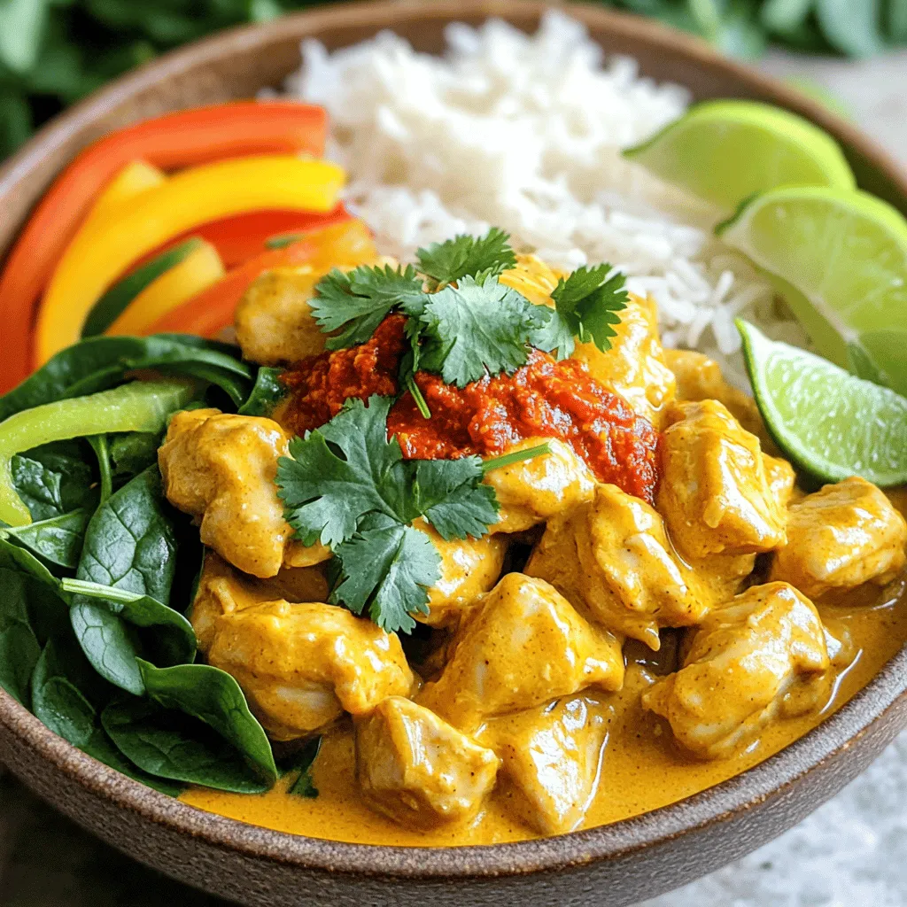 - Chicken and Dairy Ingredients - 1 pound boneless, skinless chicken thighs, cut into bite-sized pieces - 1 can (14 oz) coconut milk - 2 tablespoons red curry paste - 1 tablespoon olive oil - Vegetables and Seasonings - 1 onion, finely chopped - 3 cloves garlic, minced - 1 tablespoon fresh ginger, grated - 1 bell pepper (red or yellow), sliced - 1 cup baby spinach - 2 tablespoons fish sauce (or soy sauce for a vegetarian option) - 1 tablespoon brown sugar - Salt and pepper to taste - Optional Garnishes - Fresh cilantro for garnish - Cooked jasmine rice for serving Using fresh ingredients makes a big difference. The chicken adds protein, while coconut milk gives creaminess. Red curry paste brings warmth and spice. The vegetables provide color and crunch. You can also add lime wedges for a zesty kick. For a full experience, serve it over jasmine rice. This recipe is simple and full of flavor. You can find the full recipe for Coconut Curry Chicken in the previous sections. Enjoy making this dish! Sautéing Onions and Aromatics First, heat 1 tablespoon of olive oil in a large skillet over medium heat. Add 1 finely chopped onion. Sauté it for about 3 to 4 minutes. You want the onion to turn soft and clear. Next, add 3 minced garlic cloves and 1 tablespoon of grated ginger. Stir for 1 minute until you can smell the aroma. This step builds a great flavor base for your dish. Incorporating Curry Paste Now, it’s time to add 2 tablespoons of red curry paste. Stir it in and cook for about 2 minutes. This helps the flavors mix well. You’ll see the color deepen and smell the spices come to life. Adding Coconut Milk and Ingredients Next, pour in 1 can of coconut milk. Mix it well with the onion and spices. Then, add 1 pound of bite-sized chicken thighs. Toss in 1 sliced bell pepper, 2 tablespoons of fish sauce (or soy sauce if you prefer), and 1 tablespoon of brown sugar. Add salt and pepper to taste. Bring everything to a gentle simmer. Simmering for Perfection Cover the skillet and let it cook for about 15 minutes. This gives the chicken time to become tender and soak up the flavors. Stir occasionally to keep everything well mixed. Adding Spinach and Adjusting Seasoning After 15 minutes, add 1 cup of baby spinach. Cook for another 2 to 3 minutes until the spinach wilts. Taste the curry and adjust the salt and pepper if needed. Garnishing and Presentation Once done, remove the skillet from heat. Garnish your dish with fresh cilantro. Serve the Coconut Curry Chicken hot over jasmine rice. For an extra zing, add lime wedges on the side. This way, you have a colorful and tasty meal ready to enjoy. For complete details, check the [Full Recipe]. Importance of Fresh Ingredients Fresh ingredients make this dish shine. Use fresh chicken, veggies, and herbs. Freshness enhances taste and adds vibrancy. Always choose ripe bell peppers and crisp spinach. They not only look good but also taste better. Avoid wilted or old produce. Your curry will be much tastier with fresh items. Adjusting Spice Levels You control the heat! If you love spice, add more red curry paste. Start with a small amount first. Taste as you go. You can always add more later. For less spice, use half the paste. Consider adding coconut milk to tone down the heat. It balances flavors and keeps it creamy. Best Utensils for Cooking Coconut Curry Chicken Use a large skillet or Dutch oven. These allow for even cooking and easy stirring. A wooden spoon works best for mixing. It helps prevent sticking and scraping. If you have a lid, use it while simmering. This keeps moisture in and makes chicken tender. Simmering vs. Boiling Simmering is key for flavor. It cooks food gently and evenly. Boiling can make the chicken tough. Keep the heat low and let it bubble softly. This way, the spices blend well. Simmering also helps the chicken soak up all the yummy spices. For the best results, stick to simmering. For the full recipe, check out the [Full Recipe]. {{image_2}} You can easily swap out chicken for other proteins. If you want a vegetarian option, use tofu. Tofu absorbs flavors well. Cut it into cubes and cook it just like chicken. You can also use your favorite veggies like cauliflower or chickpeas. This makes the dish colorful and healthy. For meat lovers, consider shrimp or beef. Shrimp cooks quickly and adds a nice touch. If you choose beef, use tender cuts. Slice them thin for even cooking. Both options give the dish a different taste and texture. To spice things up, try different curry pastes. Red, green, or yellow curry pastes all bring unique flavors. Each one can change the whole dish. You can also use store-bought curry sauces for convenience. Adding nuts boosts the dish's texture. Cashews or peanuts add crunch and richness. Dried fruits like raisins or mango can add sweetness. These ingredients make your coconut curry chicken even more exciting and satisfying. For more tips, check out the Full Recipe for inspiration! After you enjoy your Coconut Curry Chicken, you might have some leftovers. Store them in an airtight container. This keeps the curry fresh. Place your chicken in the fridge. It can last up to four days. Make sure to let it cool before sealing it. When you want to eat the leftovers, you can reheat them on the stove or in the microwave. For the stove, use low heat. Stir often until hot. In the microwave, cover the container and heat in short bursts. Stir in between to heat evenly. To keep your Coconut Curry Chicken longer, freezing is a great option. First, let it cool completely. Then, transfer it to a freezer-safe container. You can also use freezer bags. Remove as much air as you can to avoid freezer burn. It can stay frozen for up to three months. When you are ready to eat it, thaw it in the fridge overnight. This keeps it from getting watery. If you need to cook it from frozen, place it in a pot over low heat. Stir it often until heated through. You can also use the microwave, but monitor it closely. For a full experience, check out the Full Recipe to make this dish from scratch! Can I make Coconut Curry Chicken dairy-free? Yes, you can make Coconut Curry Chicken dairy-free. Use coconut milk as your base, which is already dairy-free. If you want to boost the creaminess, you can add more coconut milk. Avoid any dairy products like cream or butter in this dish. How long does Coconut Curry Chicken last in the fridge? Coconut Curry Chicken lasts about 3 to 4 days in the fridge. Store it in an airtight container to keep it fresh. When you reheat it, make sure it’s hot all the way through. What to serve with Coconut Curry Chicken? I love serving Coconut Curry Chicken over jasmine rice. The rice soaks up the rich sauce and adds a nice texture. You can also pair it with naan bread or a fresh salad for a complete meal. Can I prepare this dish in advance? Yes, you can prepare Coconut Curry Chicken in advance. Cook it ahead of time and store it in the fridge. Just reheat it when you're ready to serve. This makes it great for meal prep or busy weeknights. For the full recipe, check out the previous section! You’ve learned how to make a tasty Coconut Curry Chicken. We covered the key ingredients, step-by-step cooking, and useful tips to enhance flavor. You can use different proteins and spices to make it your own. Remember to follow storage tips for leftovers, and check common FAQs for extra help. Enjoy this dish with friends or family. It’s sure to impress. Your cooking skills can shine with this recipe. Happy cooking!