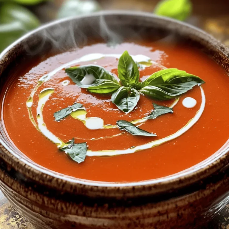 To make this creamy tomato basil soup, gather these ingredients: - 2 tablespoons olive oil - 1 medium onion, diced - 3 garlic cloves, minced - 2 cans (14 oz each) diced tomatoes (preferably fire-roasted) - 2 cups vegetable broth - 1 teaspoon sugar - 1 teaspoon dried oregano - Salt and pepper to taste - 1 cup heavy cream (or coconut cream for a dairy-free option) - 1 cup fresh basil leaves, roughly chopped - 1 tablespoon balsamic vinegar You can swap some ingredients for a different taste: - Use coconut oil instead of olive oil for a unique flavor. - Substitute yellow onion with shallots for milder sweetness. - You can replace heavy cream with almond milk for a lighter soup. - If you want more spice, add red pepper flakes to the mix. - Fresh basil can be swapped with parsley if needed. Choosing the right brands can enhance your soup: - Olive Oil: Look for extra virgin olive oil for the best flavor. - Canned Tomatoes: San Marzano tomatoes are rich and sweet, ideal for this soup. - Vegetable Broth: Use low-sodium broth to control salt levels. - Cream: Organic heavy cream offers the richest taste and texture. - Balsamic Vinegar: Aged balsamic vinegar adds depth and sweetness. These choices can help you make a delicious and rich soup. For the full recipe, check out the complete steps to create this comfort dish. 1. Start by heating the olive oil in a large pot over medium heat. 2. Add the diced onion and sauté until it turns soft and clear, about 5-7 minutes. 3. Stir in the minced garlic and cook for one more minute. You want it to smell good! 4. Pour in the diced tomatoes and their juices, along with the vegetable broth. 5. Add the sugar and dried oregano, then season with salt and pepper. 6. Bring the mixture to a simmer and let it cook on low heat for 15 minutes. 7. Remove the pot from the heat. Use an immersion blender to blend the soup until smooth. 8. If you don’t have an immersion blender, carefully blend the soup in batches in a regular blender. 9. Return the pot to low heat. Stir in the heavy cream and warm it up, but do not let it boil. 10. Add the fresh basil and balsamic vinegar, stirring well. Taste and adjust the seasoning if needed. 11. Serve hot, garnished with a few basil leaves or a swirl of cream. - Always keep the blender submerged when blending. This prevents splatters. - Move the blender slowly up and down to ensure a smooth texture. - If you are blending a larger batch, do it in sections for easier handling. - Clean the blender right away to avoid stuck food. - Don’t skip sautéing the onion and garlic. It builds a rich base flavor. - Ensure the soup simmers for the full time. This helps all the flavors blend well. - Do not boil the soup after adding the cream. This can cause it to curdle. - Taste the soup before serving. Adjust seasoning if it needs more salt or pepper. By following these steps carefully, you will create a creamy tomato basil soup that is rich and flavorful. For the full recipe, check out the main section. Enjoy your cooking! To boost the flavor of your creamy tomato basil soup, consider a few key steps. Start by using high-quality canned tomatoes, preferably fire-roasted. Their rich taste adds depth. Fresh basil is vital. It brings brightness and freshness. Adding a teaspoon of sugar balances the acidity from the tomatoes. For extra richness, try adding a splash of balsamic vinegar. It gives a sweet tang that rounds out the flavors nicely. For a smooth and creamy texture, blending is key. After cooking, use an immersion blender to puree the soup until smooth. If you don’t have one, a regular blender works too. Just be careful with hot liquids. Always let the soup cool a bit before blending in batches. When you add cream, do it on low heat. This prevents the cream from curdling. If you're avoiding dairy, coconut cream is a great alternative. Serve your soup hot with a few fresh basil leaves on top. A drizzle of cream adds a nice touch. Pair it with crusty bread or grilled cheese for a comforting meal. A simple salad also complements the soup well. For a fun twist, try adding a sprinkle of crushed red pepper for some heat. Enjoy your delicious bowl of creamy tomato basil soup! Check out the Full Recipe for more details. {{image_2}} To make a vegan version, swap the heavy cream for coconut cream. Coconut cream adds a rich texture without dairy. Use the same amount as the heavy cream. You can also add a splash of lemon juice for extra brightness. This gives the soup a nice twist while keeping it creamy and delicious. This soup is already gluten-free! Use canned tomatoes and broth that are gluten-free. Always check the labels to be sure. You can enjoy this soup without worrying about gluten. It pairs well with gluten-free bread for dipping. Want a kick? Add crushed red pepper flakes to the pot. Start with a pinch and taste as you go. You can also use jalapeños for fresh heat. For a smoky flavor, try adding a dash of smoked paprika. These spices enhance the soup while keeping it rich and flavorful. For the full recipe, refer back to the main section. To store leftover soup, let it cool first. Pour the soup into an airtight container. Seal it tightly to keep the flavors fresh. Place the container in your fridge. It can stay good for up to four days. If you want to enjoy it later, freezing is a great option. When freezing, use a freezer-safe container. Leave some space at the top for expansion. You can also use freezer bags. Just make sure to squeeze out the air before sealing. This soup can last for three months in the freezer. When ready to eat, thaw it in the fridge overnight for best results. To reheat, pour the soup into a pot. Heat it over medium-low on the stove. Stir often to prevent sticking. If it seems too thick, add a splash of broth or water. You can also microwave it in a bowl. Heat in short bursts, stirring in between to warm evenly. Enjoy your warm, creamy tomato basil soup! For the full recipe, check out the link above. The best way to thicken this soup is by blending it well after cooking. You can also add a bit more heavy cream for a richer texture. If you want a quick fix, mix a tablespoon of cornstarch with water and stir it in while cooking. This will give your soup a nice, creamy feel. Yes, you can use fresh tomatoes instead of canned ones. If you choose fresh, you will need about 2 pounds. Roast them first for deeper flavor. Peel and chop them before adding them to the pot. You may need to add a little more broth for the right consistency. Creamy Tomato Basil Soup can last about 3 to 5 days in the fridge. Store it in an airtight container to keep it fresh. If you want to keep it longer, consider freezing it. Just remember to leave out the cream until you reheat it for the best taste. For the full recipe, check out the full recipe link. We discussed key ingredients, step-by-step cooking, and tips for the best soup. Remember, using fresh ingredients makes a big difference in flavor. With easy storage methods, you can enjoy this soup for days. Don't forget the variations; they can help you tweak recipes to fit your diet. Lastly, address common FAQs to make your soup perfect every time. You now have all the tools you need to create a delicious creamy tomato basil soup! Enjoy making it your own.