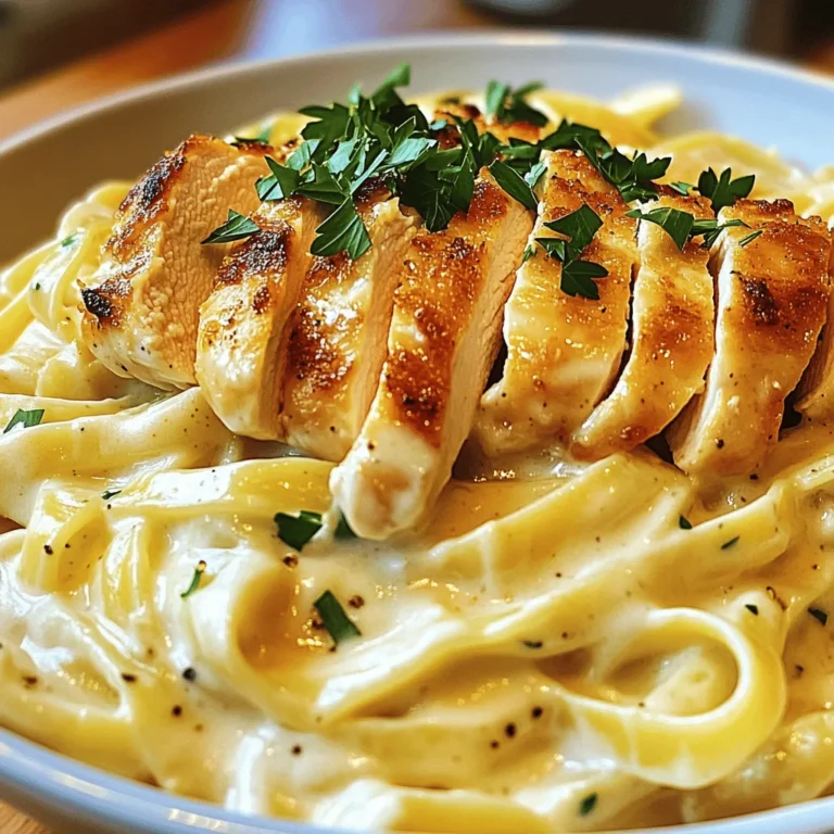 To make Easy Chicken Alfredo Pasta, gather these key ingredients: - 8 oz fettuccine pasta - 2 boneless, skinless chicken breasts - 2 tablespoons olive oil - 2 cloves garlic, minced - 1 cup heavy cream - 1 cup grated Parmesan cheese - 1 teaspoon Italian seasoning - Salt and pepper to taste - Fresh parsley, chopped (for garnish) Each ingredient plays an important role. The fettuccine serves as the base. Chicken adds protein and flavor. Heavy cream and Parmesan cheese create the rich, creamy sauce. Garlic adds a nice aroma, while Italian seasoning enhances the overall taste. Salt and pepper bring the dish together. Chopped parsley adds a fresh touch. Using the right tools can make cooking easier. Here are some suggested tools for this recipe: - Large pot for boiling pasta - Skillet for cooking chicken and sauce - Wooden spoon for stirring - Knife and cutting board for slicing chicken - Measuring cups and spoons for accuracy Having these tools ready will help you cook with ease. It also makes clean-up simpler. Want to boost the flavor? Consider these optional add-ins: - Cooked spinach for added nutrition - Cherry tomatoes for a burst of color - Mushrooms for earthy notes - Broccoli for a crunchy texture These add-ins can make your Chicken Alfredo Pasta even more delicious. Feel free to experiment based on your taste. You can find the Full Recipe for a complete guide. Start by boiling a large pot of salted water. Add the 8 oz of fettuccine pasta to the pot. Cook it according to the package instructions until it is al dente, which means it should still be firm. This usually takes about 8 to 10 minutes. Once done, drain the pasta and set it aside. This step is key for a great texture. While your pasta cooks, take 2 boneless, skinless chicken breasts. Season them with salt, pepper, and 1 teaspoon of Italian seasoning. Heat 2 tablespoons of olive oil in a large skillet over medium heat. Once hot, add the chicken breasts. Cook them for about 6 to 7 minutes on each side. The chicken should be golden brown and fully cooked. Remove the chicken from the skillet, let it rest for a few minutes, then slice it into strips. In the same skillet, add 2 cloves of minced garlic. Sauté the garlic for about 30 seconds until it smells great. Then, pour in 1 cup of heavy cream. Bring it to a gentle simmer. Gradually stir in 1 cup of grated Parmesan cheese. Mix until the sauce thickens and gets creamy. Taste the sauce and add more salt and pepper if needed. This sauce is rich and full of flavor. Now it’s time to bring everything together. Add the cooked fettuccine to the creamy Alfredo sauce. Toss the pasta until it is well coated. Next, add the sliced chicken on top. Gently toss again to mix everything evenly. This is where the magic happens! Serve your Chicken Alfredo hot and garnish with fresh chopped parsley for a nice touch. Enjoy your meal! For more detailed steps, check out the Full Recipe. To make the sauce creamy, use heavy cream. It adds richness to your dish. Heat the cream slowly and stir gently. This keeps the sauce smooth. Adding the cheese gradually helps it melt well. For extra creaminess, whisk in a little pasta water. This starchy water helps bind the sauce to pasta. Season your chicken well before cooking. Use salt, pepper, and Italian seasoning. This adds flavor from the start. Taste the sauce as you cook. Adjust seasoning to your liking. A pinch of nutmeg can add a nice touch too. Fresh herbs like parsley give it a bright finish. One mistake is overcooking the pasta. Cook it al dente to keep it firm. Another mistake is adding cheese too fast. This can cause clumping. Don't skip the resting time for chicken. Letting it rest keeps it juicy. Lastly, avoid cooking on high heat. This can burn the garlic and ruin your sauce. For a full recipe, check out the Creamy Chicken Alfredo Delight. {{image_2}} You can easily adjust this recipe for different diets. If you need a gluten-free option, use gluten-free pasta. For a lower-calorie choice, swap heavy cream for low-fat milk or a plant-based cream. You can also use nutritional yeast instead of Parmesan cheese for a dairy-free version. Each change keeps the dish tasty while meeting your needs. Adding vegetables boosts the health factor of your Chicken Alfredo. Broccoli, spinach, or bell peppers are great choices. Simply steam or sauté them before mixing them into your pasta. This adds color and flavor while giving you extra vitamins. You can sneak in more nutrients without losing the classic taste you love. If you want a change from chicken, several options work well here. Shrimp or scallops offer a seafood twist. For a vegetarian meal, try using mushrooms or tofu. Just make sure to adjust the cooking time based on your protein choice. These variations keep your meals exciting and cater to different tastes. For the full recipe, check out the details in the earlier section. To store leftover Chicken Alfredo pasta, let it cool first. Place it in an airtight container. Make sure the lid seals tightly. Keep it in the fridge for up to three days. Label the container with the date, so you know when to eat it. When you’re ready to eat, reheat the pasta slowly. You can use a microwave or a skillet. For the microwave, place the pasta in a bowl and cover it. Heat for one to two minutes, stirring halfway. If using a skillet, add a splash of cream or milk to help it stay creamy. Heat over low heat until warmed through. To freeze leftover Chicken Alfredo pasta, use a freezer-safe container. Store for up to two months. When ready to enjoy, thaw it in the fridge overnight. Reheat it gently, adding a bit of cream for moisture. This keeps the dish creamy and delicious. For the full recipe, check out the complete guide! Fettuccine is the best pasta for Alfredo. Its wide shape holds the creamy sauce well. You can also use tagliatelle or pappardelle. These pastas work great with the rich sauce. You can use milk, but the sauce will not be as rich. Heavy cream gives Alfredo its creamy texture. If you want a lighter sauce, mix milk with a bit of flour. This helps thicken it up. To make Chicken Alfredo ahead, cook the pasta and chicken first. Store them separately in the fridge. When you are ready to serve, heat the sauce and combine everything. This keeps the pasta from getting soggy. Chicken Alfredo pairs well with a simple salad. Garlic bread is also a great choice. Steamed vegetables can balance the meal nicely. You could try broccoli or green beans for a pop of color. For more ideas, check the Full Recipe for inspiration. This blog post covered everything you need for easy Chicken Alfredo pasta. We explored key ingredients, helpful tools, and tasty options to make your dish unique. I shared step-by-step instructions for cooking pasta, chicken, and sauce to create a creamy meal. We discussed tips for the best flavor and common mistakes to avoid. Lastly, I included storage info and answers to common questions. With these insights, you'll feel confident making this dish anytime. Enjoy creating your perfect Chicken Alfredo!
