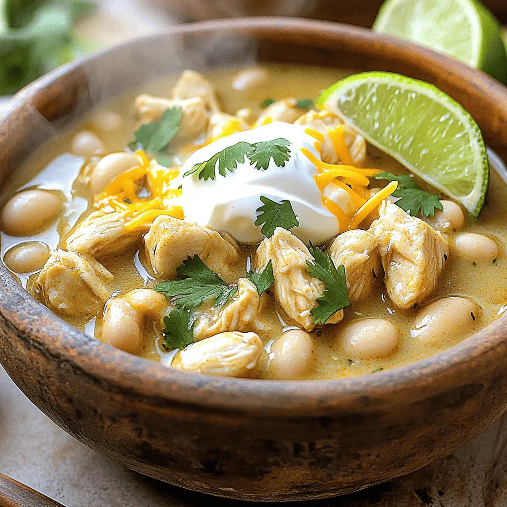 - 1 lb boneless, skinless chicken breasts, cubed - 2 cans (15 oz each) white beans, drained and rinsed - 2 cups chicken broth - 1 cup sour cream - 1 cup Monterey Jack cheese, shredded - 1 tablespoon olive oil - 1 medium onion, chopped - 3 cloves garlic, minced - 1 can (4 oz) diced green chilies, drained - 1 teaspoon ground cumin - 1 teaspoon paprika - 1 teaspoon chili powder - Salt and pepper, to taste In this creamy white chicken chili, the main ingredients shine. The chicken breasts provide lean protein. The white beans add creaminess and fiber. Chicken broth gives it a solid base of flavor. Sour cream and cheese create a rich texture. Each spice adds warmth and depth to the dish. - Fresh cilantro - Lime wedges Garnishing with fresh cilantro adds brightness. Lime wedges give a nice zing. Both enhance the chili's flavor and make it pop. - Large pot or Dutch oven - Cutting board and knife - Measuring cups and spoons For this recipe, you need a large pot or Dutch oven. It helps cook everything evenly. A cutting board and knife make prep easy. Measuring cups and spoons ensure you get the right amounts. You can find the full recipe to guide you through each step. 1. Sautéing onions and garlic: First, take a large pot or Dutch oven. Pour in one tablespoon of olive oil and heat it over medium heat. Next, add one medium onion, chopped. Cook it for about 5 minutes. You want the onion to be soft and clear. Then, add three cloves of minced garlic. Stir it around for one minute. This will bring out the lovely garlic flavor. 2. Browning chicken: Now, add one pound of cubed, boneless, skinless chicken breasts to the pot. Cook the chicken for about 5 to 7 minutes. Make sure to stir often, so all sides get brown. This step adds a nice depth of flavor to your chili. 3. Adding the main ingredients: Once the chicken is browned, it’s time to add the fun stuff! Stir in two cans of drained and rinsed white beans. Then, pour in two cups of chicken broth and one can of diced green chilies. Add one teaspoon each of ground cumin, paprika, and chili powder. Don’t forget to season with salt and pepper! 4. Simmering process: Bring the pot to a boil. Once it bubbles, turn down the heat to low. Cover the pot and let it simmer for about 20 minutes. This helps all the flavors meld together and cook the chicken fully. 5. Stirring in sour cream and cheese: After simmering, take the pot off the heat. Let it cool for a couple of minutes. Now, stir in one cup of sour cream and one cup of shredded Monterey Jack cheese. Mix it well until the chili is creamy and dreamy. 6. Adjusting seasonings: Taste your chili. This is the time to tweak the flavors. Add more salt, pepper, or spices if needed. If it needs a bit more creaminess, feel free to add extra sour cream or cheese. This creamy white chicken chili is rich, hearty, and perfect for a cozy day at home. For the full recipe with ingredients and timings, check out the [Full Recipe]. Enjoy! To make your creamy white chicken chili pop, focus on the spices. I recommend using: - 1 teaspoon ground cumin - 1 teaspoon paprika - 1 teaspoon chili powder These spices add depth and warmth. They create a cozy taste that makes each bite special. For extra creaminess, mix in sour cream and Monterey Jack cheese at the end. This step makes the chili rich and smooth. The cheese melts into the pot, giving a comforting texture. The right cooking methods help you achieve tender chicken. Start by browning the chicken in olive oil. This step locks in the juices and gives flavor. Make sure to cook it until it turns golden brown. After that, simmer the pot on low heat. This slow cooking allows flavors to blend and the chicken to soften. Let it simmer for about 20 minutes for the best results. When it comes to serving, pair your chili with fun sides. You can offer tortilla chips or cornbread for a nice crunch. Add toppings like fresh cilantro or lime wedges for extra zing. Presentation matters too! Serve the chili in bright bowls and sprinkle with herbs. This makes it look as good as it tastes. You can find the full recipe to guide you through this delicious process. {{image_2}} You can change a few ingredients to create new flavors. For beans, try black beans or pinto beans instead of white beans. Each type offers a unique taste and texture. If you like heat, swap the diced green chilies for jalapeños or even chipotle peppers. These spicy options will give your chili a kick. If you need gluten-free options, just check your broth and spices. Most are gluten-free, but always read the labels. For a vegetarian version, skip the chicken and use vegetable broth. Add more beans or some corn for heartiness. You can also include tofu for protein. You can enhance the flavor by adding fruits or vegetables. Try corn, bell peppers, or even zucchini to your chili. These add color and nutrition. If you want a smoky version, add smoked paprika or some bacon. This gives a rich, deep flavor that pairs well with the creaminess of the chili. For the full recipe, check the Creamy White Chicken Chili section. To keep your creamy white chicken chili fresh, store it in an airtight container. Let it cool completely before sealing it up. This helps avoid moisture build-up. In the fridge, it lasts about 3 to 4 days. If you want it to stay fresh longer, consider freezing it. Freezing is a great option for leftovers. First, let the chili cool completely. Then, pour it into a freezer-safe container, leaving space for expansion. You can also use freezer bags for easy storage. Label the bags with the date. It stays good for up to 3 months. To thaw, move it to the fridge overnight. When ready to reheat, warm it on low heat on the stove until hot. Stir often to keep it creamy. You can repurpose leftover chili in many fun ways. Consider using it as a filling for burritos or quesadillas. You can also serve it over rice or pasta for a quick meal. Another idea is to add it to a baked potato for a hearty twist. If you want a new recipe, try making a creamy chili dip. Just mix it with some cream cheese and bake until bubbly. Enjoy your chili in different meals! You can add more heat in a few ways: - Mix in diced jalapeños. - Use spicy green chilies instead. - Add a pinch of cayenne pepper or red pepper flakes. - Stir in hot sauce to taste. These options let you control the heat level. Start with a small amount and taste as you go. This way, you won't overpower the lovely flavors of the chili. Yes, you can use a slow cooker for this chili. Here’s how: - Sauté the onion and garlic first, then add to the slow cooker. - Add all remaining ingredients to the pot, except for the sour cream and cheese. - Cook on low for 6-8 hours or on high for 3-4 hours. - Stir in the sour cream and cheese about 30 minutes before serving. Using a slow cooker gives the flavors time to blend. It also makes cooking easy and hands-free. This chili pairs well with several tasty sides: - Warm cornbread or crusty bread. - A fresh green salad with a light dressing. - Tortilla chips for crunch. - Sliced avocado for creaminess. These sides add variety and balance to your meal. Enjoy experimenting with different combinations! This blog post shared a simple recipe for Creamy White Chicken Chili. We covered key ingredients and highlighted kitchen tools to make cooking easy. I explained each preparation step and how to create a rich flavor. You learned tips for customizing the dish and storing leftovers. In closing, this chili is versatile and tasty. With the right ingredients, you can make it your own. Enjoy trying out these ideas and making this dish your favorite!