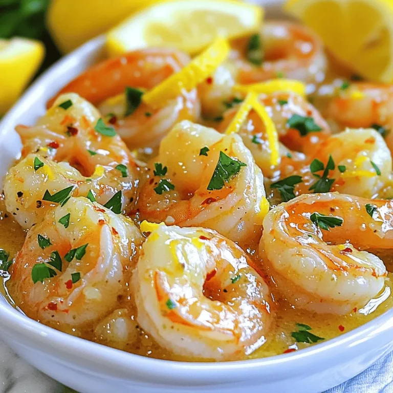 - 1 pound large shrimp, peeled and deveined - 4 tablespoons unsalted butter - 4 cloves garlic, minced - 1 lemon, zested and juiced - 1/4 teaspoon red pepper flakes (optional) - Salt and pepper to taste - 1 tablespoon fresh parsley, chopped (for garnish) - Lemon wedges (for serving) This dish shines with fresh, simple ingredients. The shrimp is the star. Make sure you choose large, juicy shrimp for the best flavor. I love using fresh shrimp, but frozen works too. Just thaw it first! Next, butter adds a rich, creamy texture. Unsalted butter lets you control the salt. Garlic brings a strong, savory taste. I always use fresh garlic for the best flavor. The lemon, both zested and juiced, adds brightness. Zest gives a strong lemon flavor without the liquid. The juice gives that tangy taste we all love. Red pepper flakes can give a nice kick. You can skip them if you want a milder dish. I always keep salt and pepper on hand to season well. Fresh parsley brightens the plate and adds color. Lemon wedges make a great side for extra zing! This simple list makes Lemon Garlic Butter Shrimp a favorite. For more details, check the Full Recipe. Step 1: Melting Butter and Sautéing Garlic Start by taking a large skillet. Place it over medium heat. Add four tablespoons of unsalted butter. Let the butter melt slowly. Once it's melted, add four cloves of minced garlic. Sauté the garlic for about one minute. You want it fragrant but not browned. The smell will be amazing! Step 2: Cooking the Shrimp Now it's time to add your shrimp. Use one pound of large, peeled, and deveined shrimp. Place the shrimp in the skillet. Cook them for two to three minutes on one side until they turn pink. This color change means they are cooking well. Flip the shrimp over carefully to cook the other side. Step 3: Flavoring with Lemon Juice and Zest After flipping, add the lemon juice and zest from one lemon. This adds bright flavor. Season with salt and pepper to taste. If you like some heat, add a quarter teaspoon of red pepper flakes. Cook everything for an additional two to three minutes. The shrimp should be fully cooked and coated in that delicious buttery sauce. Step 4: Garnishing with Parsley Once cooked, take the skillet off the heat. Sprinkle fresh parsley on top. The green adds color and freshness to your dish. It's a simple yet effective way to make it look lovely. Step 5: Serving Suggestions Serve the shrimp hot. I like to add lemon wedges on the side. They enhance the dish's flavor when you squeeze them over the shrimp. Enjoy this meal right away for the best taste. For the full recipe, check the previous section! How do you know when shrimp are perfectly cooked? Perfect shrimp turn pink and curl slightly. They should be firm but not tough. Overcooked shrimp become rubbery, so watch them closely. Cook shrimp for about 2-3 minutes on each side. Remove them from heat as soon as they reach that lovely pink color. Why is fresh lemon juice important? Fresh lemon juice brightens the dish. It adds a tangy flavor that enhances the shrimp and butter. Bottled lemon juice lacks the zest and aroma of fresh juice. Always squeeze a fresh lemon for the best taste. What herbs and spices can you add? Fresh herbs like parsley or basil elevate the dish. You can also try adding thyme or dill for a unique twist. A sprinkle of paprika or cayenne pepper can add a little heat if you like spice. What are some alternative serving suggestions? Serve Lemon Garlic Butter Shrimp over pasta, rice, or quinoa. It also pairs well with grilled vegetables or a fresh salad. Consider using it as a filling for tacos or wraps for a fun twist. For the full recipe, check out the details above. {{image_2}} You can easily change this recipe to fit your taste. Here are two fun ideas: - Spicy Lemon Garlic Butter Shrimp: Add more heat with extra red pepper flakes. Start with a full teaspoon for a bold kick. You can also add fresh jalapeños. This gives the dish a nice spicy twist. - Creamy Lemon Garlic Butter Shrimp: If you want a rich sauce, stir in some heavy cream. Add about 1/2 cup after you cook the shrimp. This makes the dish smooth and luscious. You’ll enjoy the creamy, zesty flavor. Not everyone loves shrimp. Here are some tasty swaps: - Substitutes for shrimp: Try using chicken breast or scallops. Both cook well and soak up the flavors. Cut chicken into small pieces and follow the same cooking steps. - Vegan or vegetarian alternatives: Use firm tofu or chickpeas instead of shrimp. If using tofu, press it first to remove extra water. Sauté it just like shrimp for a delightful meal. Explore these variations to make Lemon Garlic Butter Shrimp your own. For the full recipe, check out the details above. To keep your Lemon Garlic Butter Shrimp fresh, store it in the fridge. Place the shrimp in an airtight container. This helps seal in flavors and moisture. If you have extra sauce, pour it over the shrimp. This keeps the dish juicy. Use these steps for best results: - Let the shrimp cool to room temperature. - Use a glass or plastic container with a tight lid. - Store in the fridge for up to three days. When reheating shrimp, the key is to avoid overcooking. You want them tender, not rubbery. Here are good methods to reheat: - Stovetop Method: Heat a skillet over low heat. Add a splash of water or broth. Once warm, add the shrimp. Stir gently until warmed through. - Microwave Method: Place shrimp in a microwave-safe dish. Cover with a damp paper towel. Heat in short bursts of 30 seconds, checking often. Stop once they are just warm. These methods help maintain flavor and texture. Enjoy your meal! Can I use frozen shrimp for this recipe? Yes, you can use frozen shrimp. Just thaw them first. Place the shrimp in a bowl of cold water for about 15-20 minutes. This helps them cook evenly and keeps the dish tasty. How long can I store Lemon Garlic Butter Shrimp in the fridge? You can store Lemon Garlic Butter Shrimp in the fridge for up to 2 days. Make sure to place it in an airtight container. This keeps the flavors fresh and safe to eat later. What can I serve with Lemon Garlic Butter Shrimp? Lemon Garlic Butter Shrimp pairs well with rice or pasta. You can also serve it with a fresh salad or crusty bread. These choices soak up the delicious buttery sauce. Caloric content and nutritional breakdown Each serving of Lemon Garlic Butter Shrimp has about 300 calories. It also has protein, healthy fats, and some carbs. The shrimp pack a protein punch, while butter adds flavor and richness. Potential dietary restrictions and considerations This dish is not suitable for those who avoid shellfish. If you have lactose intolerance, use dairy-free butter. Always check labels for allergens to ensure safety. This blog post covered a tasty Lemon Garlic Butter Shrimp recipe. We discussed the key ingredients, from shrimp to fresh lemon. I shared step-by-step instructions to simplify your cooking process. You learned tips for perfect shrimp and variations to try. We also covered storage methods and answered common questions. With these insights, you can create a delightful dish that impresses. Enjoy cooking, and don’t hesitate to explore flavors and styles!