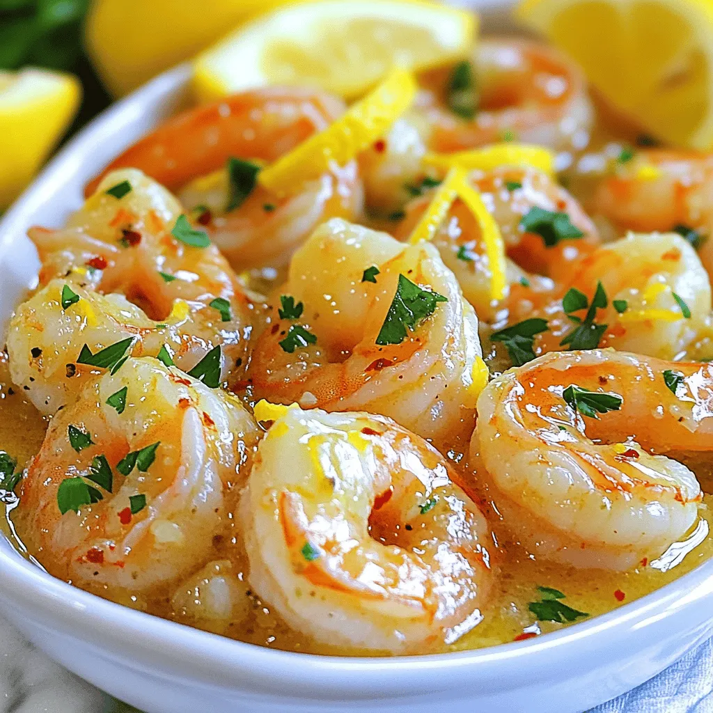 - 1 pound large shrimp, peeled and deveined - 4 tablespoons unsalted butter - 4 cloves garlic, minced - 1 lemon, zested and juiced - 1/4 teaspoon red pepper flakes (optional) - Salt and pepper to taste - 1 tablespoon fresh parsley, chopped (for garnish) - Lemon wedges (for serving) This dish shines with fresh, simple ingredients. The shrimp is the star. Make sure you choose large, juicy shrimp for the best flavor. I love using fresh shrimp, but frozen works too. Just thaw it first! Next, butter adds a rich, creamy texture. Unsalted butter lets you control the salt. Garlic brings a strong, savory taste. I always use fresh garlic for the best flavor. The lemon, both zested and juiced, adds brightness. Zest gives a strong lemon flavor without the liquid. The juice gives that tangy taste we all love. Red pepper flakes can give a nice kick. You can skip them if you want a milder dish. I always keep salt and pepper on hand to season well. Fresh parsley brightens the plate and adds color. Lemon wedges make a great side for extra zing! This simple list makes Lemon Garlic Butter Shrimp a favorite. For more details, check the Full Recipe. Step 1: Melting Butter and Sautéing Garlic Start by taking a large skillet. Place it over medium heat. Add four tablespoons of unsalted butter. Let the butter melt slowly. Once it's melted, add four cloves of minced garlic. Sauté the garlic for about one minute. You want it fragrant but not browned. The smell will be amazing! Step 2: Cooking the Shrimp Now it's time to add your shrimp. Use one pound of large, peeled, and deveined shrimp. Place the shrimp in the skillet. Cook them for two to three minutes on one side until they turn pink. This color change means they are cooking well. Flip the shrimp over carefully to cook the other side. Step 3: Flavoring with Lemon Juice and Zest After flipping, add the lemon juice and zest from one lemon. This adds bright flavor. Season with salt and pepper to taste. If you like some heat, add a quarter teaspoon of red pepper flakes. Cook everything for an additional two to three minutes. The shrimp should be fully cooked and coated in that delicious buttery sauce. Step 4: Garnishing with Parsley Once cooked, take the skillet off the heat. Sprinkle fresh parsley on top. The green adds color and freshness to your dish. It's a simple yet effective way to make it look lovely. Step 5: Serving Suggestions Serve the shrimp hot. I like to add lemon wedges on the side. They enhance the dish's flavor when you squeeze them over the shrimp. Enjoy this meal right away for the best taste. For the full recipe, check the previous section! How do you know when shrimp are perfectly cooked? Perfect shrimp turn pink and curl slightly. They should be firm but not tough. Overcooked shrimp become rubbery, so watch them closely. Cook shrimp for about 2-3 minutes on each side. Remove them from heat as soon as they reach that lovely pink color. Why is fresh lemon juice important? Fresh lemon juice brightens the dish. It adds a tangy flavor that enhances the shrimp and butter. Bottled lemon juice lacks the zest and aroma of fresh juice. Always squeeze a fresh lemon for the best taste. What herbs and spices can you add? Fresh herbs like parsley or basil elevate the dish. You can also try adding thyme or dill for a unique twist. A sprinkle of paprika or cayenne pepper can add a little heat if you like spice. What are some alternative serving suggestions? Serve Lemon Garlic Butter Shrimp over pasta, rice, or quinoa. It also pairs well with grilled vegetables or a fresh salad. Consider using it as a filling for tacos or wraps for a fun twist. For the full recipe, check out the details above. {{image_2}} You can easily change this recipe to fit your taste. Here are two fun ideas: - Spicy Lemon Garlic Butter Shrimp: Add more heat with extra red pepper flakes. Start with a full teaspoon for a bold kick. You can also add fresh jalapeños. This gives the dish a nice spicy twist. - Creamy Lemon Garlic Butter Shrimp: If you want a rich sauce, stir in some heavy cream. Add about 1/2 cup after you cook the shrimp. This makes the dish smooth and luscious. You’ll enjoy the creamy, zesty flavor. Not everyone loves shrimp. Here are some tasty swaps: - Substitutes for shrimp: Try using chicken breast or scallops. Both cook well and soak up the flavors. Cut chicken into small pieces and follow the same cooking steps. - Vegan or vegetarian alternatives: Use firm tofu or chickpeas instead of shrimp. If using tofu, press it first to remove extra water. Sauté it just like shrimp for a delightful meal. Explore these variations to make Lemon Garlic Butter Shrimp your own. For the full recipe, check out the details above. To keep your Lemon Garlic Butter Shrimp fresh, store it in the fridge. Place the shrimp in an airtight container. This helps seal in flavors and moisture. If you have extra sauce, pour it over the shrimp. This keeps the dish juicy. Use these steps for best results: - Let the shrimp cool to room temperature. - Use a glass or plastic container with a tight lid. - Store in the fridge for up to three days. When reheating shrimp, the key is to avoid overcooking. You want them tender, not rubbery. Here are good methods to reheat: - Stovetop Method: Heat a skillet over low heat. Add a splash of water or broth. Once warm, add the shrimp. Stir gently until warmed through. - Microwave Method: Place shrimp in a microwave-safe dish. Cover with a damp paper towel. Heat in short bursts of 30 seconds, checking often. Stop once they are just warm. These methods help maintain flavor and texture. Enjoy your meal! Can I use frozen shrimp for this recipe? Yes, you can use frozen shrimp. Just thaw them first. Place the shrimp in a bowl of cold water for about 15-20 minutes. This helps them cook evenly and keeps the dish tasty. How long can I store Lemon Garlic Butter Shrimp in the fridge? You can store Lemon Garlic Butter Shrimp in the fridge for up to 2 days. Make sure to place it in an airtight container. This keeps the flavors fresh and safe to eat later. What can I serve with Lemon Garlic Butter Shrimp? Lemon Garlic Butter Shrimp pairs well with rice or pasta. You can also serve it with a fresh salad or crusty bread. These choices soak up the delicious buttery sauce. Caloric content and nutritional breakdown Each serving of Lemon Garlic Butter Shrimp has about 300 calories. It also has protein, healthy fats, and some carbs. The shrimp pack a protein punch, while butter adds flavor and richness. Potential dietary restrictions and considerations This dish is not suitable for those who avoid shellfish. If you have lactose intolerance, use dairy-free butter. Always check labels for allergens to ensure safety. This blog post covered a tasty Lemon Garlic Butter Shrimp recipe. We discussed the key ingredients, from shrimp to fresh lemon. I shared step-by-step instructions to simplify your cooking process. You learned tips for perfect shrimp and variations to try. We also covered storage methods and answered common questions. With these insights, you can create a delightful dish that impresses. Enjoy cooking, and don’t hesitate to explore flavors and styles!