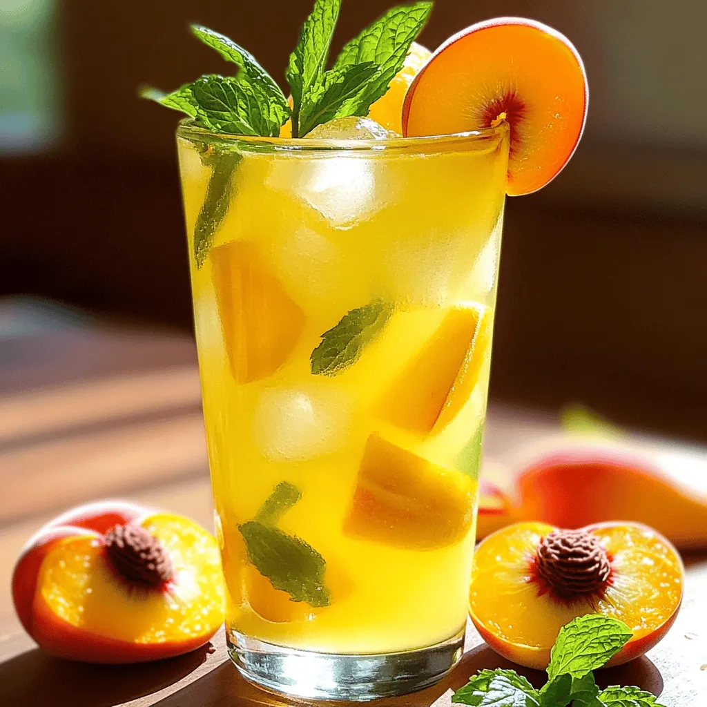 - Ripe peaches: Choose peaches that are soft but not bruised. They should smell sweet. - Fresh lemons: Use juicy lemons for the best flavor. About 6-8 lemons give you one cup of juice. - Granulated sugar: This sweetens the lemonade. You can adjust the amount for your taste. - Mint leaves: Fresh mint adds a nice touch. It also makes the drink look pretty. - Ice cubes: Add ice to keep your drink cold. It makes the lemonade refreshing. - Alternative sweeteners: Try honey or agave if you want a different sweetness. These can change the flavor profile. This Peach Lemonade recipe is perfect for hot days. For the full recipe, check out the section above! 1. Start by taking 1 cup of water and placing it in a small saucepan. Add 4 ripe, sliced peaches. 2. Heat the mixture over medium heat until it simmers. Stir it occasionally. This process helps release the peach flavor. 3. After about 5 to 7 minutes, the peaches should start breaking down. Add 1 cup of granulated sugar. Stir until the sugar dissolves completely. 4. Remove the saucepan from heat and let it cool a bit. Strain the syrup through a fine sieve or cheesecloth into a bowl. Press down on the solids to get more juice. Set this syrup aside until it cools completely. 1. In a large pitcher, pour 1 cup of fresh lemon juice. This is about 6 to 8 lemons. 2. Add 3 cups of cold water to the pitcher and stir it well. 3. Now, pour in the chilled peach syrup. Mix until everything is combined. 4. Taste your lemonade. If you want it sweeter, add more sugar or syrup. 1. Chill your lemonade in the fridge for at least 30 minutes. This makes it extra refreshing. 2. When ready to serve, fill glasses with ice cubes. 3. Pour the Peachy Zesty Lemonade over the ice. 4. For a lovely touch, garnish each glass with fresh mint leaves. To make great peach lemonade, start with ripe peaches. Look for peaches that feel soft but not mushy. The skin should have a warm color, often a golden hue. If you smell a sweet scent, it’s a good sign they are ripe. The best peach varieties for lemonade include: - Freestone peaches: Easy to pit and sweet. - Clingstone peaches: Juicy and flavorful, but harder to pit. - Donut peaches: Flat and sweet, they add a unique twist. Want to take your peach lemonade to the next level? Try infusing it with herbs or spices. Fresh mint or basil can add a refreshing touch. Just muddle a few leaves into your pitcher before serving. Using sparkling water instead of regular water gives your lemonade a fun fizz. This makes it even more refreshing. You can mix sparkling water in just before serving to keep the bubbles alive. {{image_2}} You can make your peach lemonade more fun by adding some alcohol. Vodka or rum works well. Here’s how you can do it: - Vodka: Add 1.5 ounces of vodka for each glass. This gives a nice kick without overpowering the flavor. - Rum: For a sweeter touch, use 1.5 ounces of light rum. It complements the peach nicely. Mix the alcohol into the lemonade and serve. Always taste before serving, as you want a balanced drink. Want to mix things up? Combining your peach lemonade with other fruits is a great idea. Here are some options: - Berries: Add fresh strawberries or blueberries. They bring a burst of color and flavor. - Citrus: A splash of orange or lime juice adds zing. It makes the drink even more refreshing. You can also create a layered effect. Pour peach lemonade over crushed ice first. Then gently pour berry or citrus juice on top. This makes a beautiful drink to enjoy. Explore these variations to find your favorite twist on peach lemonade. For the full recipe, check out the detailed instructions above. To keep your peach lemonade fresh, follow these easy steps. First, pour the lemonade into a clean, airtight container. Glass jars or plastic pitchers work well. Make sure the container is sealed tightly. This helps to keep out air and light, which can spoil the drink. Store it in the fridge. This keeps it cold and tasty. Your peach lemonade lasts about 5 to 7 days in the fridge. After that, it may lose its flavor. Watch for signs of spoilage. If you see any floating bits or odd smells, it’s best to toss it. Always trust your senses to decide if it’s still good. Enjoy the freshness while it lasts! You can reduce the sweetness in Peach Lemonade by using less sugar. Try using only half the amount of sugar. You can also use natural sweeteners like honey or agave syrup. These options have a different taste but can work well. Another method is to add more lemon juice. The tartness from the lemons can balance the sweetness. You could also add a pinch of salt. This helps enhance the flavor without adding more sugar. Yes, you can use frozen peaches in this recipe. Just make sure to thaw them first. Thawed peaches will blend well into the syrup. You may need to simmer them a bit longer to break down. Using frozen peaches may change the flavor slightly. They can taste less fresh than ripe, in-season peaches. However, they still provide a nice peach flavor. Peach Lemonade offers several health benefits. Peaches are low in calories and high in vitamins. They contain vitamins A and C, which help boost your immune system. Lemon juice is rich in vitamin C, too. It helps with hydration and digestion. Plus, this drink is refreshing on hot days. The water in this recipe helps keep you hydrated. Staying hydrated is important, especially in summer. So enjoy this tasty drink and feel good about it! Peach lemonade is a fresh and tasty drink. We covered the best ingredients, from ripe peaches to fresh lemon juice. I explained how to make a smooth peach syrup and mix everything properly. Plus, you'll find tips on choosing ripe peaches and adding fun flavors. In the end, you can enjoy this refreshing drink at any time. It’s simple to customize and store. Make it your way, and share it with friends! This drink is sure to brighten your day.