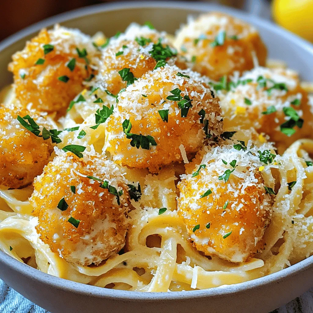 - 1 lb (450g) chicken breast, cut into bite-sized pieces - 4 cloves garlic, minced - 4 tablespoons unsalted butter - 1 teaspoon Italian seasoning For the garlic butter chicken bites, start with fresh chicken breast. Cut it into small pieces. You want them to cook quickly and evenly. Minced garlic adds a rich flavor. Unsalted butter gives a creamy taste and helps the chicken brown nicely. Italian seasoning brings a mix of herbs that pairs well with the chicken. - 8 oz (225g) fettuccine pasta - 1 cup heavy cream - 1/2 cup grated Parmesan cheese - 1/4 cup fresh parsley, chopped Next, for the creamy pasta, fettuccine works great. It holds the sauce well. Heavy cream creates that rich, smooth texture. Grated Parmesan cheese adds a salty bite. Fresh parsley not only adds color but also a fresh taste. - Salt and pepper - Zest of 1 lemon - Extra Parmesan Don’t forget the salt and pepper. They enhance all the flavors in your dish. Lemon zest gives a bright, zesty note that cuts through the creaminess. Finally, an extra sprinkle of Parmesan on top looks and tastes amazing. For the full recipe, check out the specific steps that bring these ingredients together in a delightful dish. - Step 1: Melt butter and sauté garlic First, take a large skillet and place it on medium heat. Add 2 tablespoons of unsalted butter. Allow it to melt slowly. Once melted, add 4 cloves of minced garlic. Stir it for about 1 minute until it smells great. - Step 2: Cook chicken pieces in the skillet Now, increase the heat to medium-high. Add 1 pound of chicken breast pieces to the skillet. Season the chicken with salt, pepper, and 1 teaspoon of Italian seasoning. Cook for about 5 to 7 minutes. You want the chicken to turn golden brown and be fully cooked. Once done, remove the chicken from the skillet and set it aside. - Step 3: Boil fettuccine and drain In a large pot, boil salted water. Cook 8 ounces of fettuccine pasta according to the package instructions until it is al dente. When done, drain the pasta and set it aside. - Step 4: Make the creamy sauce In the same skillet you used for chicken, add the remaining 2 tablespoons of butter. Let it melt. Pour in 1 cup of heavy cream and bring it to a simmer. Stir in 1/2 cup of grated Parmesan cheese. Cook for 2 to 3 minutes until the sauce thickens nicely. - Step 5: Mix everything together Add the cooked fettuccine and the chicken bites back into the creamy sauce. Toss everything gently to coat the pasta and chicken evenly with the sauce. - Step 6: Garnish and serve Finally, add the zest of 1 lemon and mix again. For a lovely touch, sprinkle fresh parsley on top. Serve the dish in large bowls, adding an extra sprinkle of Parmesan if you like. Enjoy your Garlic Butter Chicken Bites with Creamy Pasta! For the complete recipe, check the Full Recipe section. To get the best chicken bites, season your chicken well. Use salt, pepper, and Italian seasoning. This mix brings out the flavor. Cook the chicken for about 5-7 minutes until golden brown. A good skillet is key. I like using a cast-iron or non-stick skillet. They heat evenly and help the chicken cook well. For pasta, you want it al dente—firm but not hard. Boil salted water first. Add the fettuccine and cook as the package says. This usually takes about 8-10 minutes. To stop pasta from sticking, stir it well in the first couple of minutes. You can add a dash of olive oil to the boiling water, too. Want to boost the taste? Add fresh herbs like basil or thyme. They add a great touch. You can also throw in some veggies. Spinach, cherry tomatoes, or bell peppers work well. They not only taste good but also make the dish colorful. Check out the Full Recipe for more ideas and tips! {{image_2}} You can use many types of pasta for this dish. Fettuccine is great, but try penne, linguine, or even rotini for a fun twist. Each pasta type brings its own unique texture. If you prefer gluten-free options, look for rice pasta or chickpea pasta. Both work well and taste delicious. Just be sure to follow the cooking times on the package for the best results. For a change, you can swap chicken for shrimp or tofu. If you choose shrimp, cook them for 2-3 minutes until they turn pink. For tofu, use firm tofu, cut into cubes. Sauté it until golden brown, about 5-7 minutes. Adjust your cooking times based on the protein you pick. Each option brings a new flavor and texture to the dish. To spice things up, you can add red pepper flakes to the creamy sauce. This gives it a nice kick. If you want a fresh taste, consider adding diced tomatoes or fresh basil. Both options add color and flavor to your meal. Mix and match these ideas to create your perfect dish. For the full recipe, check out the original version. Store any leftover Garlic Butter Chicken Bites with Creamy Pasta in the fridge. Use airtight containers to keep the dish fresh. Make sure to cool it down before sealing. This helps avoid condensation that can make it soggy. To reheat, use a skillet over medium heat. Add a splash of milk or cream to the pasta. This keeps the sauce creamy and smooth. Stir often to avoid burning. You can also use a microwave, but cover it to keep moisture in. This will help the dish stay tasty. Yes, you can freeze Garlic Butter Chicken Bites with Creamy Pasta! To freeze, place it in a freezer-safe container. Make sure to label it with the date. When you're ready to eat, thaw it in the fridge overnight. Reheat it gently to keep the flavors fresh. You can serve this dish with a fresh salad. A simple green salad with mixed greens works well. You can also pair it with roasted vegetables. Garlic bread is a great choice too. It adds a nice crunch. For a light touch, try serving lemon wedges. They add a zesty flavor that brightens the meal. Yes, you can prepare this dish ahead of time. Cook the chicken and pasta, then store them separately. Keep the creamy sauce in another container. Store everything in the fridge. When you are ready to eat, reheat each part. Combine them just before serving for the best taste. This way, you save time on busy days. To make this dish healthier, you can swap heavy cream for Greek yogurt. This reduces fat while keeping it creamy. You can also use whole wheat pasta instead of regular fettuccine. This adds fiber and nutrients. For a lighter option, cut back on butter. Use just two tablespoons instead of four. Adding more veggies is a great idea too. Spinach or broccoli can boost nutrition and flavor. For the Full Recipe, check the main section above. In this blog post, we explored a simple yet delicious recipe for Garlic Butter Chicken Bites with Creamy Pasta. You learned about key ingredients, step-by-step cooking instructions, and helpful tips. Variations allow you to customize flavors and textures. Remember to store leftovers properly and consider reheating the right way. Enjoy this dish with suggested sides to elevate your meal. This recipe is easy to make and perfect for sharing with family. Happy cooking!