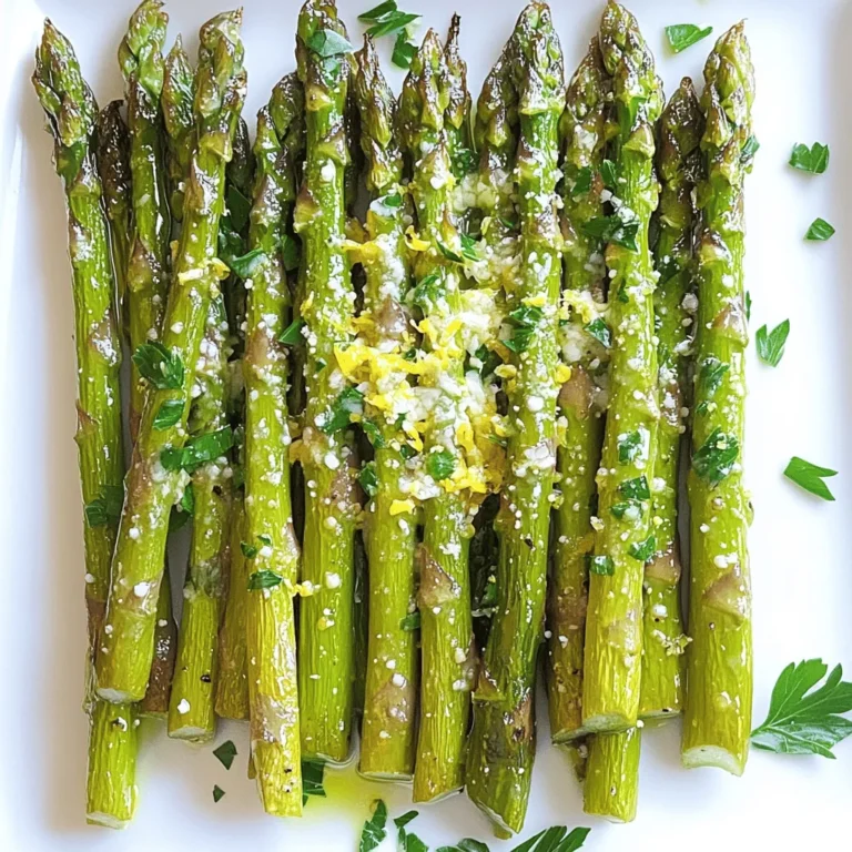 - 1 pound fresh asparagus, trimmed - 2 tablespoons olive oil - 3 cloves garlic, minced - Zest of 1 lemon - Juice of 1 lemon - Salt and freshly ground black pepper to taste - 1 teaspoon red pepper flakes (optional) - 2 tablespoons grated Parmesan cheese (optional) - Fresh parsley for garnish Lemon garlic roasted asparagus is a simple dish, yet it bursts with flavor. The fresh asparagus brings a bright green color and a crisp bite. The garlic adds depth, while lemon gives it a zesty punch. I love using simple ingredients that you can find in your kitchen. You can adjust the seasoning as you like. For a little heat, add red pepper flakes. If you want a touch of creaminess, sprinkle some Parmesan cheese on top. When you prepare this dish, use fresh asparagus. Look for firm stalks that are not too thick. Thin asparagus cooks faster and has a nice tender crunch. Don't forget to try the full recipe for step-by-step guidance! This dish pairs well with many meals. Enjoy the bright and fresh flavors of lemon and garlic! To start, wash your asparagus under cold water. This helps remove any dirt. Next, trim the tough ends. You can do this by bending the asparagus until it snaps. It will break at the right spot. Now, preheat your oven to 425°F (220°C). This high heat makes the asparagus crisp and tasty. In a large bowl, combine the olive oil, minced garlic, lemon zest, and lemon juice. Add salt and pepper to taste. If you like a little heat, toss in red pepper flakes. Mix everything well. This mixture will coat the asparagus and give it great flavor. Now, add the trimmed asparagus to your bowl. Toss it in the zesty mixture until all the spears are coated. Spread the asparagus in a single layer on a baking sheet. This helps them roast evenly. Place it in the oven and roast for 12-15 minutes. If you want, sprinkle Parmesan cheese on top during the last 2 minutes. This adds a nice cheesy touch. Enjoy your Lemon Garlic Roasted Asparagus as a great side dish. You can find the Full Recipe to guide you through each step. To get crispy asparagus, stir it halfway through cooking. This helps every piece cook evenly. You want that nice crunch! When choosing asparagus, look for bright green stalks. The ends should be firm, not mushy. Thin stalks are tender, while thicker ones have more bite. You can boost the taste of your lemon garlic roasted asparagus by adding other seasonings. Try a pinch of chili powder for heat or a sprinkle of lemon pepper for more zing. Fresh herbs work best, but dried ones also add flavor. Fresh parsley or thyme elevates the dish nicely. Just remember, dried herbs are stronger, so use less. For the full recipe, check the complete guide above. {{image_2}} You can easily change the taste of lemon garlic roasted asparagus. One fun twist is to add chili powder. This gives the dish a spicy kick. The heat from the chili pairs well with the zesty lemon and garlic. Just sprinkle in about a teaspoon. Adjust it to your heat level. Another idea is to infuse the dish with herbs. Use thyme or rosemary for a fresh taste. They add a lovely earthiness that balances the lemon. Simply chop the herbs and toss them with the asparagus before roasting. If you are vegan, you can skip the Parmesan cheese. The dish still tastes great without it. The lemon and garlic provide all the flavor you need. For gluten-free options, this recipe fits the bill. All the ingredients are naturally gluten-free. Just make sure any added spices or toppings are also gluten-free. Enjoy your meal without worry! For the complete recipe, check out the *Full Recipe*. After enjoying your lemon garlic roasted asparagus, store leftovers in an airtight container. Let the asparagus cool to room temperature before sealing it. This helps prevent condensation, which can make the asparagus soggy. Place the container in the fridge. To reheat, try using the oven or a skillet. Preheat your oven to 350°F (175°C). Spread the asparagus on a baking sheet and heat for about 10 minutes. This way, you keep the crisp texture. If you use a skillet, warm over medium heat, stirring gently until heated through. Lemon garlic roasted asparagus lasts about 3 to 4 days in the fridge. Keep an eye on it, as freshness may vary. If you want to store it longer, freezing is an option. To freeze, first lay the cooled asparagus on a baking sheet in a single layer. Freeze them for about an hour. Once frozen, transfer them to a freezer-safe bag. They can last for up to 3 months in the freezer. When you are ready to use them, thaw overnight in the fridge before reheating. For the complete cooking experience, check out the Full Recipe for your lemon garlic roasted asparagus. Can I use frozen asparagus for this recipe? Yes, you can use frozen asparagus. Just remember to thaw it first. Drain excess water to avoid sogginess. The flavors will still shine through, but fresh asparagus gives a better texture. How do I know when asparagus is cooked properly? Cooked asparagus should be bright green and slightly crispy. It should be tender but still have a little bite. You can test it by piercing a piece with a fork. If it goes in easily, it’s ready! Calories and key nutrients in lemon garlic roasted asparagus One serving of lemon garlic roasted asparagus has about 100 calories. This dish provides fiber, vitamins A, C, and K, and folate. It’s low in calories but high in nutrients, making it a healthy choice. Health benefits of asparagus and garlic Asparagus is rich in antioxidants. It supports digestion and heart health. Garlic boosts your immune system and has anti-inflammatory properties. Combining these ingredients makes this dish not only tasty but also good for you. Best sides to pair with lemon garlic roasted asparagus This dish pairs well with grilled chicken or fish. It also complements rice or quinoa nicely. You can serve it with a light salad for a fresh touch. Creating a complete meal with this dish To make a full meal, pair lemon garlic roasted asparagus with a protein source. Try it with baked salmon or a hearty steak. Add a starch, like mashed potatoes or couscous, for a balanced plate. For the full recipe, check the earlier section. This blog post covered how to make lemon garlic roasted asparagus. We detailed the ingredients, instructions, and some helpful tips for the best flavor. You can also explore different seasonings and meal pairings. Remember, roasting brings out great taste and texture. Try these methods to impress at your next meal. Enjoy your cooking and have fun experimenting with flavors. Roasted asparagus can be simple, tasty, and healthy!