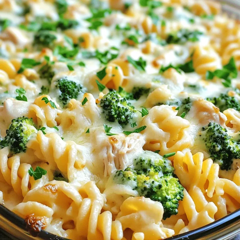- 2 cups cooked rotini pasta - 2 cups cooked chicken breast, shredded - 2 cups Alfredo sauce (store-bought or homemade) - 1 cup broccoli florets (steamed) - 1 teaspoon garlic powder - 1 teaspoon Italian seasoning - Salt and pepper to taste - 1 cup mozzarella cheese, shredded - 1/2 cup grated Parmesan cheese - Fresh parsley, chopped (for garnish) Gathering the right ingredients makes all the difference in your Easy Chicken Alfredo Bake. You need cooked rotini pasta to give the dish its shape and texture. Shredded chicken adds heartiness and protein, making it a filling meal. You can use store-bought or homemade Alfredo sauce, depending on your time and taste. Next, let's talk about vegetables. Steamed broccoli florets add a nice pop of color and nutrition. Garlic powder and Italian seasoning bring out great flavors. Don't forget to add salt and pepper to taste. For the cheesy goodness on top, use shredded mozzarella for that melty texture. A sprinkle of grated Parmesan cheese adds extra flavor. Finally, finish with fresh chopped parsley to make it look beautiful. You can find the full recipe to get all the details needed to create this delicious dish. - Preheat the oven to 375°F (190°C). - Grease the baking dish (9x13 inches) for optimal cooking. - Combine cooked rotini, shredded chicken, steamed broccoli, Alfredo sauce, seasonings in a large mixing bowl. - Ensure even coating of all ingredients before transferring. - Spread the mixture evenly in the baking dish. - Top with mozzarella and Parmesan cheese. - Cover with aluminum foil and bake for 20 minutes, then uncover and bake for an additional 10-15 minutes. This method keeps your dish creamy and cheesy. The heat helps blend the flavors. You’ll love how easy it is to make. For the full recipe, check out the details above. Enjoy your cooking! To get the most from your Easy Chicken Alfredo Bake, mix the ingredients well. This helps avoid dry spots. Each bite should be creamy and flavorful. Using freshly shredded cheese makes a big difference too. It melts better than pre-shredded cheese, giving you that gooey texture that everyone loves. Every oven is a bit different. You might need to adjust your bake times based on your oven's accuracy. It’s also smart to let the dish cool slightly before serving. This helps with portioning and keeps the cheese from sliding off. Want to mix things up? Substitute chicken with cooked sausage or tofu for a tasty twist. If you need a gluten-free option, use gluten-free pasta. These swaps can make your dish fit different diets while still being delicious. {{image_2}} You can switch things up by using shrimp or turkey instead of chicken. Both options add a unique taste. If you want extra flavor, add cooked bacon. The smoky taste of bacon makes any dish better. To make it special, try making your own Alfredo sauce from scratch. This gives your dish a homemade touch. You can also experiment with other cream sauces, like mushroom or sun-dried tomato. Each sauce brings a different flavor to the bake. For more nutrition and color, add vegetables like spinach, bell peppers, or peas. These veggies not only taste great but also brighten up your dish. You could also use a blend of mixed vegetables for an extra depth of flavor. Each bite becomes a new adventure! Store any leftovers in an airtight container. This keeps them fresh for up to 3 days. When you're ready to eat, reheat in the oven or microwave. This helps maintain the dish's great taste. You can freeze the dish before baking. This makes it easy to have a quick meal later. To use it, thaw in the refrigerator overnight. Bake as the recipe says for a warm and yummy dinner. When reheating, do it in individual portions. This helps keep the flavor and texture nice. Add a splash of milk or cream during reheating. This restores the creaminess that makes this dish special. Prep time is about 15 minutes, and total cooking time is roughly 45 minutes. This dish comes together quickly, making it perfect for busy evenings. Yes, you can prepare it the night before and bake it just before serving. This makes it easy to enjoy a warm meal after a long day. Simply cover it well and store it in the fridge. Serve with garlic bread or a fresh garden salad for a complete meal. The bread adds crunch, while the salad provides freshness. You can also pair it with steamed vegetables for extra nutrition. This Chicken Alfredo Bake is simple yet delicious. You learned how to mix rotini, chicken, and veggies with creamy Alfredo sauce. Remember to use quality cheese for the best results. Feel free to adapt ingredients to fit your tastes. Storing leftovers is easy, and you can even prep it in advance. Enjoy this hearty meal with friends or family. It's a dish everyone will love!