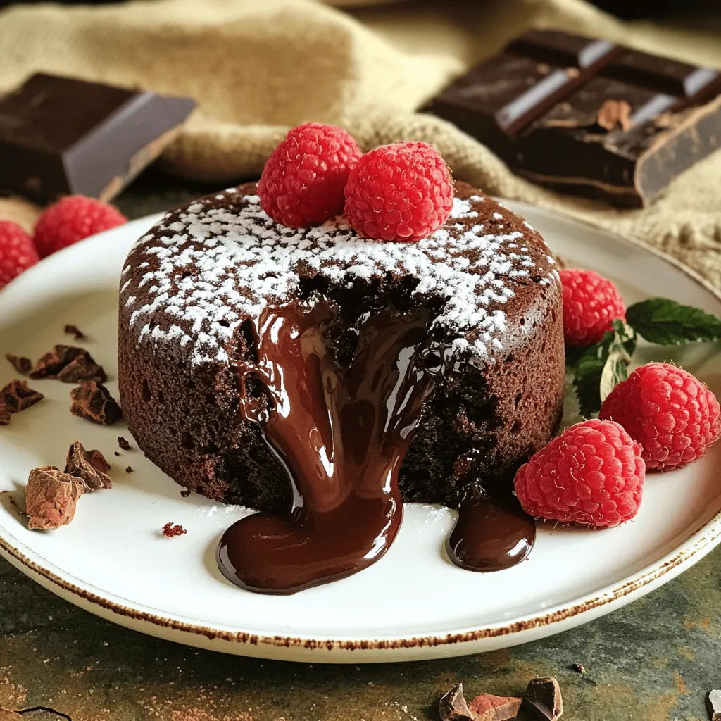 - ½ cup unsalted butter - 1 cup semi-sweet chocolate chips - 2 large eggs - 2 large egg yolks - ½ cup granulated sugar - ¼ cup all-purpose flour - 1 teaspoon vanilla extract - Pinch of salt - Optional: Powdered sugar, fresh raspberries or strawberries for garnish To make chocolate lava cake, you need a few key ingredients. Start with butter and chocolate chips for a rich base. The eggs and yolks give the cake its structure and creaminess. Sugar adds sweetness, while flour helps bind everything together. Vanilla gives a nice flavor, and a pinch of salt enhances all the tastes. For a pretty touch, you can top your cake with powdered sugar and berries. - Ramekins (6 oz) - Mixing bowls - Whisk or electric mixer - Microwave-safe bowl - Baking tray Having the right tools makes baking easier. Use small ramekins to hold the batter. Mixing bowls and a whisk help you blend the ingredients well. A microwave-safe bowl is perfect for melting chocolate. Finally, a baking tray helps you move the ramekins in and out of the oven safely. For the full recipe, check out the detailed steps below. 1. Preheat your oven to 425°F (220°C). 2. Grease four ramekins (6 oz each) with butter. 3. Set the ramekins on a baking tray for easy handling. 4. In a medium microwave-safe bowl, combine ½ cup unsalted butter and 1 cup semi-sweet chocolate chips. 5. Microwave in 30-second intervals, stirring until smooth. Let it cool slightly. 1. In a separate bowl, whisk together 2 large eggs, 2 large egg yolks, and ½ cup granulated sugar. Mix until light and fluffy, about 3-5 minutes. 2. Carefully fold the melted chocolate and butter mixture into the egg mixture with a spatula. 3. Sift in ¼ cup all-purpose flour, a pinch of salt, and 1 teaspoon vanilla extract. 4. Gently fold the batter until no flour is visible. 1. Evenly pour the batter into the prepared ramekins, filling them about ¾ full. 2. Bake in the preheated oven for 12-14 minutes. The edges should be firm, but the center must be soft and jiggly. 3. Remove the cakes from the oven and let them cool for 1 minute. 4. Carefully run a knife around the edge of each cake. Invert them onto individual plates. 5. Dust with powdered sugar and add fresh raspberries or strawberries for garnish if you like. For the full recipe, refer back to the ingredients section. Enjoy your delicious creation! To get that gooey center, your baking time is key. You should bake for 12 to 14 minutes. Watch the edges; they should be firm, while the center stays soft and jiggly. If you bake too long, you risk losing that molten magic. Also, the temperature of your ingredients matters. Use room-temperature eggs. This helps mix them well and creates the best texture. Melt the chocolate and butter together fully, but let it cool slightly before mixing. This step keeps your cake from cooking too fast. Serving chocolate lava cake with vanilla ice cream is a fantastic choice. The warm cake and cold ice cream create a perfect balance. You can also dust the cake with powdered sugar for a nice touch. For plating, flip the cakes onto individual plates. Add a scoop of ice cream next to the cake. Garnish with fresh raspberries or strawberries for color and taste. This makes the dish look stunning and appetizing. One common mistake is overbaking. Keep an eye on your cakes as they bake. If they rise too much and lose their jiggle, they are likely overbaked. Another mistake is not greasing the ramekins properly. Use plenty of butter to coat the insides. This step ensures the cakes come out easily. If you skip this, your cakes may stick, ruining their shape. {{image_2}} You can make your chocolate lava cake even better! A great way is by adding espresso or coffee. This boosts the chocolate flavor. Just mix in a tablespoon of brewed espresso into the melted chocolate. You can also try different flavored extracts. Almond or orange extracts can add a nice twist. Just a few drops can change the whole taste. If you need gluten-free options, swap the all-purpose flour for almond flour or a gluten-free blend. This keeps the cake rich and tasty. For vegan alternatives, replace the eggs with flaxseed meal or applesauce. Use dairy-free chocolate and a plant-based butter substitute. These swaps keep the cake delicious and friendly for all diets. Seasonal fruits can bring new life to your dessert. In summer, add fresh berries like raspberries or strawberries. In fall, try small pieces of poached pears or apples. Each fruit adds its own flavor and charm. You can also use different types of chocolate. Dark chocolate gives a rich taste, while white chocolate adds sweetness. Mix and match to find your favorite flavors! For the full recipe, check out the detailed steps above. To keep your chocolate lava cake fresh, store it in the fridge. Place the cooled cakes in an airtight container. If you don't have one, cover them tightly with plastic wrap. They will stay good for 1-2 days. After that, the texture may change, and you might lose the gooey center. When reheating, you have a couple of options. The best method is to use the oven. Preheat it to 350°F (175°C) and warm the cakes for about 8-10 minutes. You can also use the microwave for a quick fix. Heat each cake for 15-20 seconds, but watch closely. You want to avoid cooking them too long. This keeps the molten center intact, so you enjoy that delicious ooze when you dig in. You can tell your cake is done by checking the edges. They should be firm, while the center remains soft and jiggly. A good rule of thumb is to bake for 12-14 minutes. If you notice the top has risen and looks set, it may be time to remove it. Remember, underbaking is key for that gooey center! Yes, you can make the batter ahead of time. Just prepare it and cover it well. Store it in the fridge for up to 24 hours. When you're ready to bake, let it sit at room temperature for about 30 minutes. This helps the batter bake evenly. If your cakes lack that gooey center, you may have overbaked them. To fix this next time, reduce the baking time. Start checking at 10 minutes. Also, ensure your oven is calibrated correctly. If it runs hot, your cakes will cook faster than expected. Absolutely! You can use dark chocolate for a richer flavor or milk chocolate for a sweeter treat. Just remember to adjust the sugar if you choose a sweeter chocolate. Each type will give the cake a unique taste, so feel free to experiment! To adjust the serving size, simply multiply the recipe ingredients. For example, if you want to serve eight, double all ingredients. Keep the baking time the same, but check for doneness a bit earlier. If you’re using larger ramekins, they may need a little more time. Yes, you can bake the batter in a larger dish, like a baking pan. Just pour the batter into the prepared dish and adjust the baking time. A larger dish will need more time to bake. Check for doneness by inserting a toothpick in the center; it should come out with some batter on it. For the full recipe, check the complete instructions to ensure success! This blog post covered all you need to bake a perfect chocolate lava cake. We discussed the essential ingredients, kitchen tools, and steps to follow. I also shared tips for flawless results, including common mistakes to avoid. You can explore fun variations to keep this dessert exciting. Don't forget about storage and reheating to enjoy every last bite. With some care, you can impress anyone with this delicious treat. Grab your ingredients and start baking; the gooey center awaits!