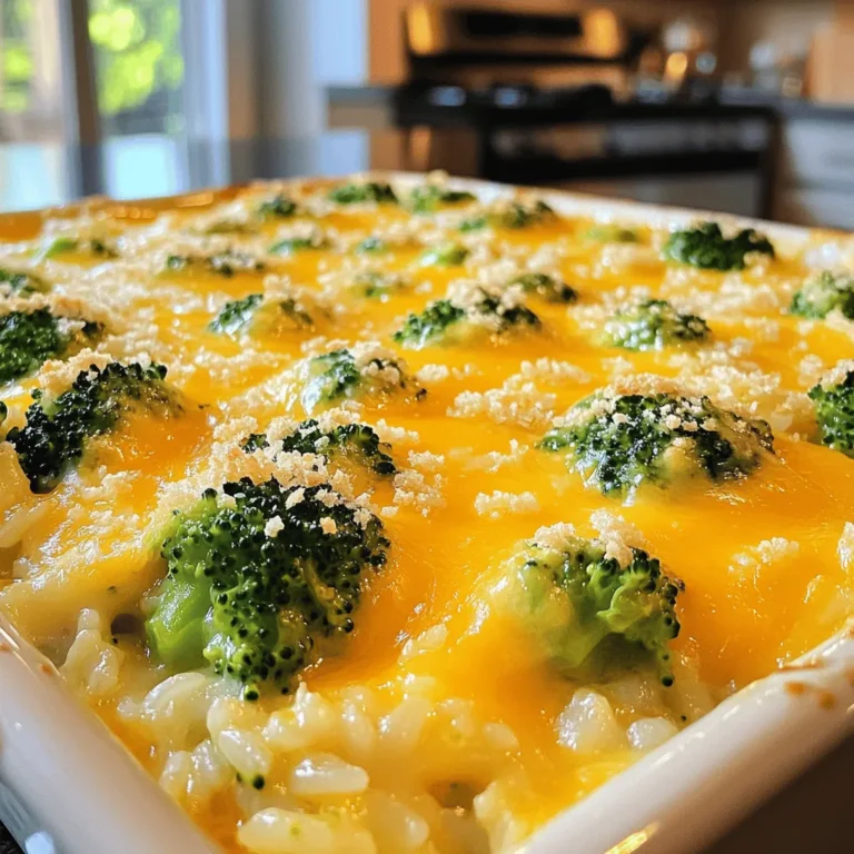To make this tasty dish, gather these simple ingredients: - 2 cups cooked brown rice - 2 cups fresh broccoli florets - 1 cup shredded sharp cheddar cheese - 1 cup cottage cheese - 1 cup milk - 1/2 cup grated Parmesan cheese - 1/2 teaspoon garlic powder - 1/2 teaspoon onion powder - Salt and pepper to taste - 1/4 cup bread crumbs (optional) - 2 tablespoons olive oil Using fresh and high-quality ingredients will make your casserole shine. Fresh broccoli adds crunch and flavor. Sharp cheddar gives a bold taste. Choose whole milk for creaminess. If you like a deeper flavor, go for aged Parmesan. Each ingredient plays a role in the dish's overall taste. You can swap some items if needed. For a lighter option, use brown rice instead of white. You can also use frozen broccoli if fresh is not available. If you want a vegan dish, try dairy-free cheese and plant-based milk. Some people like to add extra veggies, like bell peppers or carrots, for more color and nutrition. To start, gather your ingredients. You will need cooked brown rice, fresh broccoli, and various cheeses. Preheat your oven to 350°F (175°C). Grease a medium baking dish with olive oil. In a large bowl, mix the cooked rice and broccoli florets. Stir them together well. In a separate bowl, blend the cheddar cheese, cottage cheese, milk, garlic powder, onion powder, salt, and pepper. Mix until smooth. Pour this cheese mixture over the rice and broccoli. Gently fold everything together, making sure the broccoli is spread out evenly. Transfer this mixture to your prepared baking dish. If you want a crunchy top, sprinkle bread crumbs on top. Baking is key to making this casserole shine. Bake it in the preheated oven for 25-30 minutes. Watch for bubbling and a golden brown top. If you want a deeper flavor, let it rest for a few minutes after baking. This helps all the flavors settle. You can also cover the dish with foil for the first half of baking. This keeps moisture in and helps the rice cook fully. After baking, take the casserole out of the oven. Let it cool for about 5-10 minutes. This helps prevent burns and makes serving easier. You can garnish with extra cheese or fresh herbs if you wish. For the full recipe, check out the detailed instructions. Enjoy your cheesy broccoli rice casserole! To make your casserole creamy, use both cheddar and cottage cheese. The cheddar gives flavor, while the cottage cheese adds moisture. Mixing them well with milk creates a rich base. Don't skip the garlic and onion powders; they enhance the taste. For extra creaminess, add more milk if needed. This will help bind the rice and broccoli together. Baking at 350°F (175°C) is key. It allows the ingredients to heat evenly and meld together. Lightly grease your baking dish with olive oil to prevent sticking. Cover the dish with foil for the first half of baking. This keeps moisture in and helps cook the broccoli fully. Remove the foil for the last few minutes to get that golden top. Herbs and spices can elevate your casserole. Try adding a teaspoon of dried thyme or basil. These herbs pair well with broccoli and cheese. A pinch of red pepper flakes can add a nice kick. For a fresh touch, sprinkle chopped parsley on top before serving. This not only boosts flavor but also adds color. {{image_2}} You can make this casserole vegetarian by keeping the cheese and rice. Use gluten-free rice, like brown or jasmine rice, to keep it gluten-free. This dish is yummy without meat. You can also add more veggies, like bell peppers or carrots, to boost flavor and nutrition. Want to switch things up? Try using gouda or mozzarella instead of cheddar. Each cheese gives a unique taste. For a sharp flavor, choose aged cheese. You can also mix cheeses for a richer experience. Just remember to keep your cheese choices in line with the flavor you like best. If you want more protein, add some cooked chicken or turkey. Diced ham is also a great choice. For a vegetarian option, consider adding chickpeas or lentils. These options make the dish heartier and help keep you full longer. Experiment with different proteins to find your favorite mix. For the full recipe, be sure to check out the complete guide! To keep your cheesy broccoli rice casserole fresh, first let it cool. Once it cools, place it in an airtight container. You can also cover it tightly with plastic wrap. Store it in the fridge for up to three days. Make sure to label your container with the date. This way, you won’t forget when you made it. When you're ready to enjoy leftovers, preheat your oven to 350°F (175°C). Place the casserole in a baking dish. Add a splash of milk to help keep it moist. Cover the dish with aluminum foil to prevent it from drying out. Heat for about 20 minutes, or until it's warm throughout. If you want a crispy top, remove the foil for the last five minutes. You can also freeze this dish for later! After it cools, portion it into freezer-safe containers. Leave some space at the top, as the casserole may expand when frozen. Seal the containers tightly and label them with the date. It can last in the freezer for up to three months. When you're ready to eat, thaw it in the fridge overnight before reheating. This will keep the flavors intact. You can easily prepare Cheesy Broccoli Rice Casserole ahead. Cook the rice and broccoli first. Mix them with the cheese and other ingredients. Pour the mixture into your baking dish. Cover it and store it in the fridge. When you're ready to bake, just pop it in the oven. You may need to add a few extra minutes to the cooking time. Yes, you can use frozen broccoli. It saves time and is often just as tasty. Just thaw and drain the broccoli before mixing it in. This helps prevent extra water in your casserole. Frozen broccoli cooks faster, so keep an eye on your bake time. Many sides go well with this casserole. Here are a few ideas: - Simple green salad - Roasted carrots - Garlic bread - Grilled chicken - Steamed asparagus These sides add variety and balance to your meal. Enjoy exploring new pairings! For the full recipe, check out the Cheesy Broccoli Rice Casserole section. In this blog post, we covered how to make a delicious Cheesy Broccoli Rice Casserole. You learned about the key ingredients and tips for the best results. We explored variations, cooking methods, and how to store leftovers. This dish is simple and fun to prepare. You can customize it to fit your taste. Whether you choose fresh or frozen broccoli, this recipe is easy to love. Enjoy your cooking adventure and share this comfort food with others!