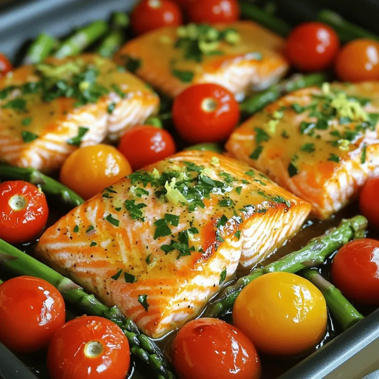 For this easy dish, you need these main ingredients: - 4 salmon fillets - 2 tablespoons olive oil - 2 tablespoons lemon juice - 1 teaspoon lemon zest - 3 cloves garlic, minced - 1 teaspoon dried oregano - 1 teaspoon dried thyme - Salt and pepper to taste - 1 cup cherry tomatoes, halved - 1 cup asparagus, trimmed - Fresh parsley, chopped (for garnish) These ingredients bring bright flavors to your meal. The salmon is rich and buttery. The lemon juice and zest add a fresh, zesty kick. Garlic, oregano, and thyme give it a savory depth. Cherry tomatoes and asparagus add color and nutrition. You can enhance this dish with a few optional ingredients: - A pinch of red pepper flakes for heat - A splash of white wine for depth - Fresh lemon slices for extra zest - Capers for a briny touch These options let you customize the flavor. If you like a bit of spice, add the red pepper flakes. For a more gourmet twist, splash on some white wine before baking. If you can’t find fresh salmon, use frozen. Just make sure to thaw it before cooking. You can swap asparagus for green beans or broccoli. If you don’t have cherry tomatoes, diced bell peppers work well too. When choosing olive oil, go for high-quality extra virgin. This oil has a rich flavor that enhances your dish. Lastly, if you want a lighter option, try using skinless salmon fillets. You can find the full recipe for One-Pan Lemon Herb Salmon in the article to explore all these delicious tips! To start, gather your ingredients. You will need olive oil, lemon juice, lemon zest, minced garlic, oregano, thyme, salt, and pepper. In a small bowl, mix these ingredients well. Whisk them until they blend into a smooth marinade. This mix packs a punch and gives great flavor to the salmon. The lemon adds brightness, while the herbs bring depth. Set this aside. You will pour half of it over the salmon later. Now, take a large baking sheet and line it with parchment paper. Place the salmon fillets on one side of the sheet. Make sure they are spaced evenly. Next, add the cherry tomatoes and asparagus on the other side. These veggies cook well with the salmon. Drizzle the first half of the marinade over the salmon. Use a brush or spoon to coat each fillet. Now, take the rest of the marinade and pour it over the tomatoes and asparagus. Toss them gently to coat. Preheat your oven to 400°F (200°C). Once it's ready, slide the baking sheet inside. Bake everything for about 15 to 20 minutes. Check the salmon at the 15-minute mark. It should flake easily with a fork when it’s done. The veggies should also be tender. If you want a crispy top, turn on the broiler for the last minute. Just keep an eye on it so nothing burns. Once done, let it rest for a couple of minutes before serving. For the full recipe, refer to the earlier section. To cook salmon well, start with fresh fillets. Look for bright colors and firm texture. Always pat the salmon dry before cooking. This helps create a nice crust. Use a non-stick baking sheet or line it with parchment paper. This makes cleanup easy and keeps the fish from sticking. Bake salmon at 400°F for best results. It cooks evenly and keeps the fish juicy. A great glaze makes salmon shine. To get that perfect glaze, mix olive oil, lemon juice, and zest. Add minced garlic and herbs for extra flavor. When you coat the salmon with the glaze, let it sit for a few minutes. This allows the flavors to soak in. During baking, the glaze caramelizes, creating a tasty crust. Just remember to save some glaze for the veggies. Serve your One-Pan Lemon Herb Salmon right from the baking sheet. It looks pretty and makes cleanup easy. Pair the salmon with the roasted cherry tomatoes and asparagus. They add color and taste to your plate. You can also serve it with rice or quinoa for a filling meal. Top it with fresh parsley to make it look fancy. This dish is simple yet impresses everyone at the table. For the full recipe, check above. {{image_2}} You can switch up the vegetables for your One-Pan Lemon Herb Salmon. Here are some ideas: - Broccoli florets - Bell peppers, sliced - Zucchini, cut into rounds - Green beans, trimmed These veggies add color and flavor. You can mix and match based on what you have. Want to change the flavor? Try these spices: - Paprika for a smoky taste - Cumin for warmth - Red pepper flakes for heat - Dill for a fresh twist These spices can transform the dish. Just a little can make a big difference. To make a low-carb version, focus on the fish and non-starchy vegetables. Skip the tomatoes and use: - Cauliflower florets - Spinach - Mushrooms These options keep the dish healthy. You still get great flavor without the carbs. Check the Full Recipe for a full guide. After enjoying One-Pan Lemon Herb Salmon, store any leftovers in an airtight container. This keeps the flavors fresh. Let the dish cool down before sealing it. Salmon stays best in the fridge for up to three days. You can also store the veggies with the salmon for added taste. To reheat, you can use the oven or microwave. If using the oven, set it to 350°F (175°C). Place the salmon on a baking sheet and cover it with foil. Heat for about 10-15 minutes or until warm throughout. If using the microwave, heat in short bursts, checking often to avoid overcooking. If you want to freeze it, wrap the salmon tightly in plastic wrap. Then, place it in a freezer-safe bag. This way, it can last for up to three months. When ready to eat, thaw in the fridge overnight before reheating. This keeps the dish tasty and safe to eat. You should cook salmon in the oven for about 15 to 20 minutes. This timing works well at 400°F (200°C). Salmon is done when it flakes easily with a fork. Always check the thickest part for doneness. Yes, you can use frozen salmon for this recipe. Just make sure to thaw it first. Thawing allows for even cooking and better flavor. Place frozen salmon in the fridge overnight or use cold water for a quicker thaw. You can serve One-Pan Lemon Herb Salmon with various sides. Here are some tasty options: - Rice or quinoa for a filling base - Steamed broccoli or green beans for extra veggies - A light salad with lemon vinaigrette to balance the meal Absolutely! One-Pan Lemon Herb Salmon is great for meal prep. You can cook it ahead and enjoy it later. Just store it in airtight containers. It stays fresh in the fridge for about three days. Reheat gently in the oven or microwave. For the full recipe, check out the ingredients and instructions above! This blog post covers a simple way to make One-Pan Lemon Herb Salmon. You learned about key ingredients and how to prepare them. I shared tips for cooking and serving, along with variations for added flavor. Proper storage and reheating techniques were also discussed. In conclusion, this dish is a tasty choice. It fits into meal prep and is easy to customize. I hope you enjoy creating your own version of this healthy salmon recipe!