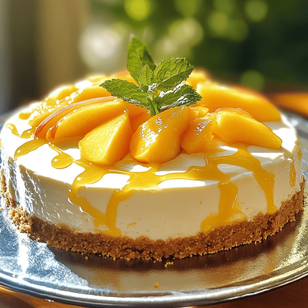 To make a no bake peach cheesecake, gather these ingredients: - 1 ½ cups graham cracker crumbs - ½ cup unsalted butter, melted - 2 cups cream cheese, softened - 1 cup powdered sugar - 1 teaspoon vanilla extract - 1 cup heavy whipping cream - 2 cups fresh peaches, peeled and sliced (reserve some for garnish) - 1 tablespoon lemon juice - 1 teaspoon gelatin powder (optional, for extra firmness) - 2 tablespoons water (for gelatin, if using) Each ingredient has a special role in this cheesecake: - Graham cracker crumbs form the crust, giving it a sweet and crunchy base. - Unsalted butter helps bind the crumbs together for a firm crust. - Cream cheese is the star of the filling, making it rich and creamy. - Powdered sugar adds sweetness to balance the tangy cream cheese. - Vanilla extract enhances the flavor, adding warmth and depth. - Heavy whipping cream provides lightness, making the cheesecake fluffy. - Fresh peaches bring natural sweetness and a burst of flavor. - Lemon juice keeps the peaches fresh and adds a bright note. - Gelatin powder helps set the cheesecake, giving it structure (optional). You can swap some ingredients if needed: - For graham cracker crumbs, try digestive biscuits or crushed cookies. - Use margarine instead of unsalted butter if you prefer. - For cream cheese, a vegan cream cheese works well for a dairy-free option. - If you don’t have powdered sugar, granulated sugar can be used, but it may alter the texture. - In place of heavy cream, use coconut cream for a dairy-free version. - Canned peaches can replace fresh ones, but rinse them well and drain excess syrup. Using these substitutes keeps the dessert delicious while meeting your needs! For a complete recipe, refer to the Full Recipe above. Start with the crust. In a medium bowl, mix graham cracker crumbs and melted butter. Stir until the crumbs look like wet sand. Next, press this mixture into a 9-inch springform pan. Make sure it’s even and firm. Chill the crust in the fridge while you work on the filling. Now, it’s time for the filling. In a large bowl, beat softened cream cheese with an electric mixer until smooth. Slowly add powdered sugar and vanilla extract. Mix until it’s all blended. In another bowl, whip the heavy cream until you see stiff peaks. Gently fold this whipped cream into the cream cheese mix. This makes the filling light and fluffy. Take your sliced peaches and toss them with lemon juice. This keeps them fresh and bright. Fold the peaches into the cream cheese mixture. If you want extra firmness, dissolve gelatin powder in warm water and add it to the mix. It helps hold everything together. Pour the cream cheese filling over the chilled crust. Spread it out evenly. Use a spatula to smooth the top. Cover the cheesecake with plastic wrap. Place it in the fridge for at least four hours. For best results, let it chill overnight. Once it’s set, carefully remove the sides of the springform pan. Add reserved peach slices on top for a lovely finish. For the full recipe, check out [Full Recipe]. Enjoy your delicious no-bake peach cheesecake! To achieve a super creamy texture, start with room-temperature cream cheese. Cold cream cheese can form lumps. Beat it well until it’s smooth before adding other ingredients. Folding in whipped cream gently adds air, making it light. If you want even more creaminess, consider adding sour cream or mascarpone cheese. Both will enhance flavor and texture. Choose ripe, sweet peaches for the best taste. Look for firm fruit that gives slightly when pressed. Always peel and slice them just before use to keep them fresh. Tossing the peach slices in lemon juice stops browning and adds a nice zing. If peaches are out of season, try using frozen ones. Just thaw and drain the excess liquid before using. A great presentation makes your cheesecake even more inviting. Serve each slice on chilled plates. Drizzle with a peach puree made from blending leftover peaches for a lovely touch. Top with a sprig of fresh mint for color and freshness. For an extra fancy look, sprinkle some graham cracker crumbs around the plate. This adds texture and enhances the dessert's visual appeal. For the complete guide to making this delicious treat, check out the Full Recipe. {{image_2}} You can change the flavor of your no-bake peach cheesecake easily. Try using other fruits like strawberries or blueberries. Blend the fruit into the cream cheese mixture. You can also add a splash of almond extract for a nutty taste. Chocolate lovers can mix in cocoa powder. Lemon or lime zest adds a tangy twist. Each choice brings new fun to your dessert. While graham crackers work great, you have many crust choices. Use crushed Oreos for a chocolatey base. A nut crust made from almonds or pecans adds a crunchy touch. For a gluten-free option, try almond flour or ground oats. Each crust will change the flavor and texture of your cheesecake. Serving your cheesecake can be a fun chance to impress. Slice the cheesecake into squares instead of wedges for a new look. Top each slice with whipped cream or a dollop of yogurt for creaminess. You can also drizzle fruit syrup or honey over the cheesecake. For a special touch, add a sprig of mint or edible flowers. These small details make your dessert shine. For the full recipe, check out the peachy dream no-bake cheesecake. To keep your no-bake peach cheesecake fresh, cover it tightly. Use plastic wrap or a lid for your springform pan. Store it in the fridge for up to five days. If you have leftover peach slices, store them separately. They can brown quickly, so keep them in an airtight container. You can freeze the cheesecake if you have extra. First, let it set completely in the fridge. Then, wrap it tightly in plastic wrap and aluminum foil. This will help prevent freezer burn. You can freeze it for up to three months. When you’re ready to eat, let it thaw in the fridge overnight. No-bake cheesecake does not need reheating. It’s best served cold. If it has been frozen, let it thaw completely before serving. You can slice it straight from the fridge. Enjoy it chilled for the best taste. A no-bake cheesecake usually takes about 4 hours to set in the fridge. For the best results, I suggest leaving it overnight. This extra time helps the flavors blend well. The longer it chills, the firmer it becomes. You want the filling to hold its shape when you slice it. Yes, you can use canned peaches! Just make sure to choose peaches in juice or light syrup. Drain them well to avoid extra liquid in your cheesecake. Canned peaches can add great flavor, but fresh peaches give a nice texture. If you use fresh peaches, slice them just before mixing to keep them vibrant. Gelatin helps the cheesecake hold its shape better. It adds firmness to the filling, making slicing easier. If you like a sturdier cheesecake, I recommend using it. Just be sure to dissolve it in warm water before adding it to your mix. This step ensures even distribution throughout the filling. For more tips, refer to the Full Recipe! In this blog post, we explored how to make a no-bake peach cheesecake. We detailed its ingredients, step-by-step instructions, and helpful tips. You learned about crust prep, cream cheese filling, and variations to try. Remember, you can use fresh or canned peaches and adjust the flavors. No-bake cheesecake is easy and fun to make. Enjoy your tasty dessert and share it with friends!