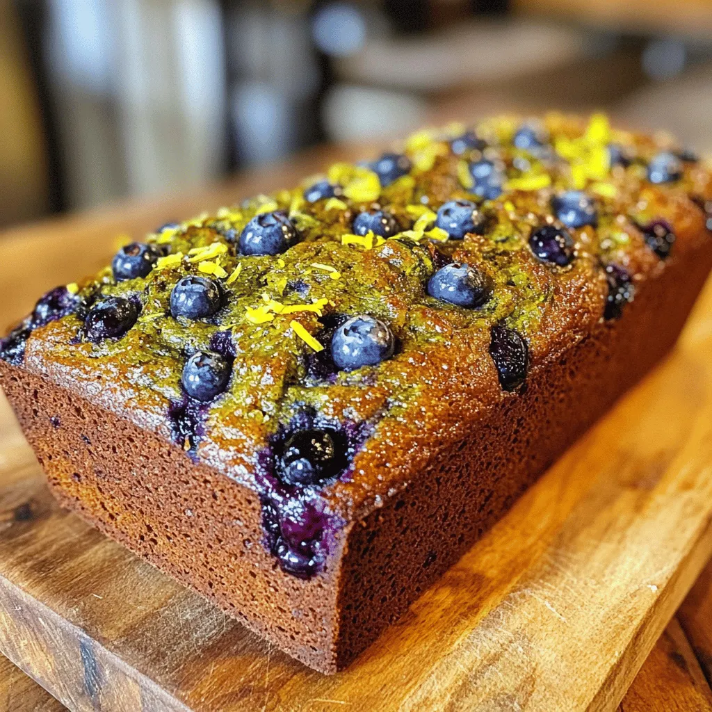 - 1 medium zucchini, grated - 1 cup fresh blueberries (or frozen) - 1 cup all-purpose flour - 1 cup whole wheat flour - 1 teaspoon baking powder - 1/2 teaspoon baking soda - 1/2 teaspoon salt - 1 teaspoon ground cinnamon - 1/2 cup vegetable oil - 1 cup granulated sugar - 2 large eggs - Zest of 1 lemon - 2 tablespoons lemon juice - 1 teaspoon vanilla extract To make Lemon Blueberry Zucchini Bread, gather these key ingredients. The zucchini gives moisture. Blueberries add sweetness and flavor. The mix of all-purpose and whole wheat flours provides a nice texture. Baking powder and baking soda help it rise. Salt and cinnamon enhance the taste. Vegetable oil keeps it moist. Sugar adds sweetness, while eggs bind everything together. The lemon zest and juice brighten the flavor. Finally, vanilla gives a lovely aroma. - Nuts (walnuts, pecans) - Seeds (chia, flaxseed) - Spices (nutmeg, ginger) - Glazes (lemon glaze, cream cheese frosting) - Toppings (powdered sugar, lemon zest) You can elevate your bread with optional ingredients. Adding nuts or seeds boosts nutrition. They also add crunch. Spices like nutmeg or ginger can bring warmth. A lemon glaze or cream cheese frosting can make it sweeter and richer. Toppings like powdered sugar or extra lemon zest make it look fancy. - 1 cup = 240 mL - 1 teaspoon = 5 mL - 1 tablespoon = 15 mL When measuring, you can convert to metric units. This helps if you're using different measuring tools. For example, 1 cup equals 240 mL. If you need more or less, adjust the amounts. Use these conversions to keep your baking accurate. 1. First, preheat your oven to 350°F (175°C). This helps the bread bake evenly. 2. Prepare a 9x5 inch loaf pan. You can grease it with butter or use parchment paper for easy removal. 3. In a medium bowl, mix the all-purpose flour and whole wheat flour. Add baking powder, baking soda, salt, and cinnamon. Stir well and set aside. 1. In a large bowl, whisk together vegetable oil and sugar. Make sure they blend well. 2. Next, add the eggs, lemon zest, lemon juice, and vanilla extract. Whisk until smooth. 3. Now, fold in the grated zucchini gently. Add the blueberries, being careful not to burst them. 4. Gradually mix the dry ingredients into the wet ingredients. Stir until just combined. Avoid overmixing for a light bread. 1. Pour the batter into your prepared loaf pan. Spread it evenly with a spatula. 2. Bake in the preheated oven for 55-60 minutes. Check with a toothpick; it should come out clean when done. 3. When baked, remove the bread from the oven. Let it cool in the pan for 10 minutes. Transfer it to a wire rack to cool completely. This Lemon Blueberry Zucchini Bread is simple and full of flavor! For the full recipe, check out the details above. Enjoy your baking! To make great lemon blueberry zucchini bread, avoid overmixing your batter. When you mix too much, the bread can turn tough. Stir just until combined. This keeps the texture light and fluffy. Moisture is key for this bread. Grated zucchini adds moisture naturally. Make sure to squeeze out excess water after grating. Too much water can make the bread soggy. Adjusting sweetness is easy. If you like it sweeter, add more sugar. If you prefer less sweetness, cut back. Taste the batter before baking to find your perfect balance. Using fresh blueberries is best, but frozen blueberries work too. If you use frozen, do not thaw them. Adding them straight from the freezer helps keep the bread from turning blue. If your bread sinks in the middle, it could be underbaked. Always check with a toothpick. If it comes out clean, your bread is done. To prevent burning, keep an eye on your oven temperature. If the top browns too fast, cover it with foil. This protects the bread while it finishes baking. For the full recipe, check the section above. {{image_2}} You can make this lemon blueberry zucchini bread your own with fun add-ins. - Nuts: Add walnuts or pecans for extra crunch. They bring a nice flavor too. - Other fruits: Try cranberries or raspberries for a twist. These fruits add more color and taste. You can easily adjust this recipe for special diets. - Gluten-free versions: Use gluten-free flour instead of regular flour. This change keeps the bread light and tasty. - Low-sugar alternatives: Substitute granulated sugar with a sugar alternative. Stevia or monk fruit work well, making it sweeter without extra calories. Feel free to change the flavors to match your taste. - Citrus blends: Mix in some orange or lime zest. This adds a fresh burst of flavor. - Spice variations: Consider adding nutmeg or ginger. These spices give warmth and depth to your bread. These variations let you customize your lemon blueberry zucchini bread. You can find the full recipe [Full Recipe] for the base to start experimenting! To keep your Lemon Blueberry Zucchini Bread fresh, store it properly. You have two options: room temperature or refrigeration. - Room Temperature Storage: Place the bread in an airtight container. It stays good for about 2-3 days at room temperature. Make sure it's cool before sealing. This keeps it moist. - Refrigeration Tips: If you want to keep it longer, put it in the fridge. Wrap it in plastic wrap or foil first. It will last for about a week. Just remember, refrigeration can change the texture a bit. If you want to enjoy this bread later, freezing is a great option. Here’s how to do it right. - Proper Wrapping Techniques: Wrap the cooled bread tightly in plastic wrap. Then, put it in a freezer bag or an airtight container. This helps prevent freezer burn. - Thawing Instructions: When you’re ready to eat it, take it out of the freezer. Leave it in the fridge overnight or let it sit at room temperature for a few hours. It will taste just as good as fresh. You want to enjoy your bread, not eat spoiled food. Here are some signs to look for. - Recognizing Mold and Off Odors: Check for any mold on the surface. If you see any, toss the bread. Also, if it smells sour or strange, that’s a red flag. - Best Before Dates: Always keep track of how long it's been stored. If it’s past a week in the fridge or a few months in the freezer, it’s safer to throw it away. To keep your Lemon Blueberry Zucchini Bread moist, follow these tips: - Use fresh zucchini. Grate it and squeeze out some water but not all. - Add a little extra oil. This helps add moisture. - Don’t overbake your bread. Check for doneness early. - Let the bread cool in the pan. This traps moisture. These steps help make sure your bread stays tender and delicious. Yes, you can use frozen zucchini. Here are some pros and cons: Pros: - It saves time. No need to grate fresh zucchini. - It can be more convenient. Frozen zucchini is often cheaper. Cons: - It may have more water. Drain it well before using. - Texture might be softer. This can change the final look of your bread. Using frozen zucchini can work well if you prepare it right. Yes, you can make this bread vegan. Here are some substitutes: - Use flax eggs. Mix 1 tablespoon of flaxseed meal with 2.5 tablespoons of water. - Swap vegetable oil for coconut oil or applesauce. This keeps it moist. - Replace regular sugar with coconut sugar or maple syrup. These changes help you enjoy the same tasty bread without animal products. To check if your bread is done, use a toothpick. Here’s how: - Insert a toothpick into the center of the bread. - If it comes out clean, your bread is ready. - Look for a golden color and a firm top. These signs tell you your Lemon Blueberry Zucchini Bread is perfectly baked. This blog post covered everything you need for Lemon Blueberry Zucchini Bread. We talked about essential and optional ingredients. You learned handy measurement conversions, step-by-step instructions, and baking tips. I shared variations and storage info, plus answers to common questions. Baking this bread can be fun and tasty. Don't hesitate to experiment with different ingredients or flavors. Enjoy your baking journey and the delicious results!