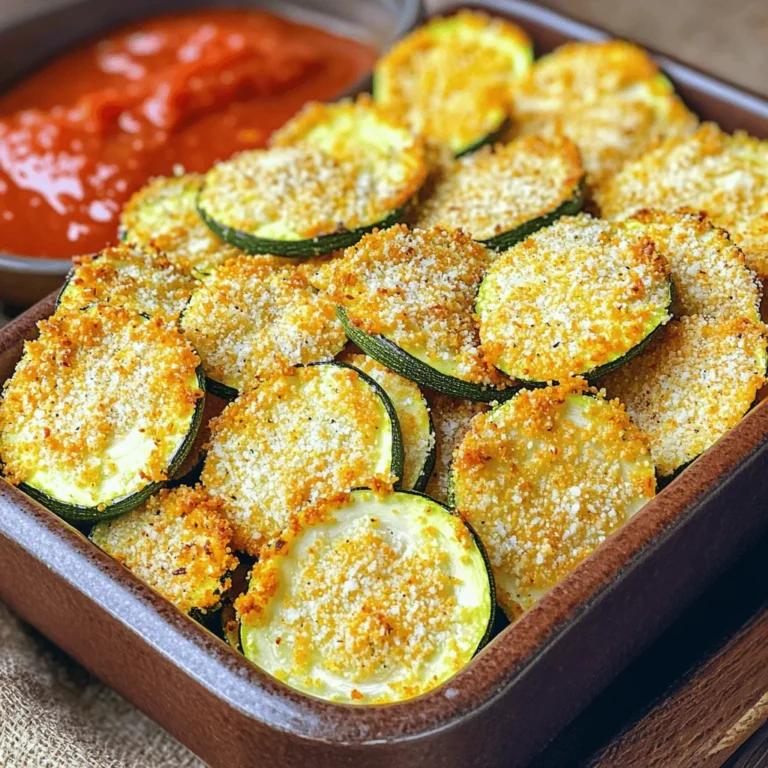 To make crispy air fryer zucchini chips, you need: - 2 medium zucchinis, thinly sliced - 1 cup panko breadcrumbs - ½ cup grated Parmesan cheese - 1 teaspoon garlic powder - 1 teaspoon onion powder - ½ teaspoon smoked paprika - Salt and pepper to taste - 2 large eggs, beaten - 1 tablespoon olive oil Using fresh ingredients makes a big difference in taste. Fresh zucchini is crisp and sweet. It adds a nice texture to the chips. Old zucchinis can be soft and watery. This can lead to soggy chips. Always pick firm, shiny zucchinis for the best results. Fresh panko breadcrumbs will also give you extra crunch. They help create that perfect crispy outside you want. You can switch some ingredients if needed. If you don’t have Parmesan, try using Pecorino Romano. It has a similar salty flavor. Instead of panko, you can use regular breadcrumbs, but the texture will change. If you're avoiding eggs, use a flaxseed mixture. Mix 1 tablespoon of ground flaxseed with 2.5 tablespoons of water. Let it sit until it thickens. This works well for binding. Olive oil can be replaced with any neutral oil, like canola or avocado oil. - Preheat Air Fryer Start by preheating your air fryer to 375°F (190°C). This step is key. A hot air fryer cooks food evenly and makes it crispy. - Prepare Zucchini Slices Next, take two medium zucchinis. Slice them thinly. Aim for about 1/4 inch thick. Thin slices cook better and get crispier. - Beating the Eggs In a bowl, beat two large eggs. This will help the breadcrumbs stick to the zucchini. - Mixing Breadcrumb and Seasoning In another bowl, mix one cup of panko breadcrumbs with ½ cup of grated Parmesan cheese, one teaspoon of garlic powder, one teaspoon of onion powder, ½ teaspoon of smoked paprika, salt, and pepper. Stir until well combined. This mix gives your chips a tasty crunch. - Coating Zucchini Slices Take each zucchini slice. Dip it in the beaten egg first. Then, dredge it in the breadcrumb mix. Press gently so the crumbs stick well. - Air Frying Instructions Place the coated zucchini chips in a single layer in the air fryer basket. Do not overcrowd; cook in batches if needed. Lightly spray the top with olive oil for extra crispiness. Air fry for 10-12 minutes. Flip them halfway through. Look for a golden brown color and crisp texture. Once done, remove them from the fryer. Let them cool on a wire rack for a few minutes to enhance the crunch. Repeat this with the remaining slices. Enjoy your crispy air fryer zucchini chips! For a full guide, check out the Full Recipe. To get those perfect, crispy air fryer zucchini chips, slicing is key. Thin slices cook evenly and become nice and crunchy. Aim for about 1/8 inch thick. This will help them crisp up well without burning. When using your air fryer, keep a few things in mind. Preheat it before adding your zucchini chips. This helps to kickstart the cooking process. Also, avoid overcrowding the basket. If you pile too many slices in, they won't crisp up. Cook in batches for the best results. Lastly, spray the tops lightly with olive oil. This adds flavor and enhances crispiness. You can have fun with flavors when making zucchini chips. Try mixing in different spices with your breadcrumbs. Some great options include Italian herbs or Cajun seasoning. You can even sprinkle some cheese on top for extra flavor. Want a kick? Add some cayenne pepper or chili powder to the mix. Prefer something sweet? A dash of cinnamon can bring a new twist. The great part is you can customize these chips to suit your taste. Zucchini chips pair well with many dips. Marinara sauce makes a great choice, adding a nice tang. You could also try a zesty yogurt dip for a creamy contrast. For a full meal, serve your chips alongside grilled chicken or a fresh salad. They also make a great snack on their own. Enjoy them immediately for the best crunch! For the complete recipe, check out the Full Recipe. {{image_2}} You can switch up the breading for your crispy zucchini chips. Try using almond flour instead of panko. Almond flour gives a nutty flavor and a great crunch. If you want a coarser texture, cornmeal works well too. Both options are tasty and add variety. For those who need gluten-free options, almond flour and cornmeal shine. They create a crispy layer without gluten. Many people enjoy these alternatives just as much as traditional breading. Adding herbs can make your zucchini chips even tastier. Try mixing dried oregano or basil into your breadcrumb mixture. These herbs add a nice touch and boost the flavor profile. You can also explore infused oils. A drizzle of garlic-infused olive oil can elevate the taste. You could use truffle oil for a gourmet twist. Just remember to use it sparingly, as it has a strong flavor. Feel free to experiment with your favorite herbs and oils to find your perfect combination. If you prefer baking, it’s easy to adapt. Preheat your oven to 425°F (218°C). Place the coated zucchini slices on a baking sheet lined with parchment paper. Spread them out so they don’t touch. Bake for about 20-25 minutes, flipping halfway through for even cooking. Keep an eye on them. Baking times may vary based on your oven. You want the chips to turn golden brown and crispy. While this method takes longer than air frying, it still gives you delicious results. For the full recipe, check out the Crispy Air Fryer Zucchini Chips section above. Enjoy customizing your snack! To keep your crispy zucchini chips fresh, let them cool completely. Place them on a wire rack after frying. This helps air circulate and keeps them from getting soggy. Once cooled, store them in an airtight container. Use a container that fits well, as this reduces air exposure. I recommend using glass or plastic containers with tight lids. These help maintain crispiness. If you want, you can also use resealable plastic bags. Just make sure to squeeze out as much air as possible before sealing. To enjoy your chips again, reheat them in your air fryer. Set it to 350°F (175°C) and cook for about 3-5 minutes. This keeps them crispy and warm. You can also use an oven, placing them on a baking sheet for about 5-7 minutes. Avoid using a microwave for reheating. Microwaves add moisture, making them soft. Air frying or baking is best for keeping the crunch. If you don't have an air fryer or oven, try using a skillet on low heat. Heat the skillet for a minute, then add the chips. Stir gently for a few minutes until warm. Your crispy zucchini chips last about 3-5 days in the fridge if stored right. Always check for any signs of spoilage before eating. Keep an eye on texture and smell. If they feel soft or have an off smell, toss them out. Signs include a change in color or smell. If you see any mold, it's time to say goodbye. Freshness is key to enjoying your crispy air fryer zucchini chips. For the full recipe, check out the complete guide! Yes, you can make zucchini chips in the oven. Slice the zucchini thinly and coat them as you would for the air fryer. Place them on a baking sheet lined with parchment paper. Bake at 225°F (107°C) for about 2 hours, flipping halfway through. This will give you a crispy texture, but it may take longer than using an air fryer. To keep your zucchini chips crispy, slice them thin. Aim for about 1/8 inch thick. After slicing, sprinkle salt on them. Let them sit for 15-20 minutes to draw out moisture. Pat them dry with a paper towel before breading. This helps remove excess water, leading to a crunchier chip. Seasoning can make a big difference. I like to use a mix of garlic powder, onion powder, and smoked paprika. You can also add cayenne for a bit of heat or Italian herbs for a fresh flavor. Feel free to experiment with your favorite spices. Just remember to keep the balance so the zucchini shines through. Yes, you can freeze them, but they are best fresh. To freeze, let the chips cool completely. Place them in a single layer on a baking sheet and freeze until firm. Then transfer them to a freezer-safe bag. When ready to eat, reheat in the air fryer for a few minutes to restore the crunch. You learned about making crispy air fryer zucchini chips in this guide. Fresh ingredients are key for great taste. With step-by-step instructions, you can easily prep and cook. Tips for crispiness and different flavor notes add fun to your dish. You can also explore baking options and proper storage. Try new ideas and enjoy zucchini chips your way!