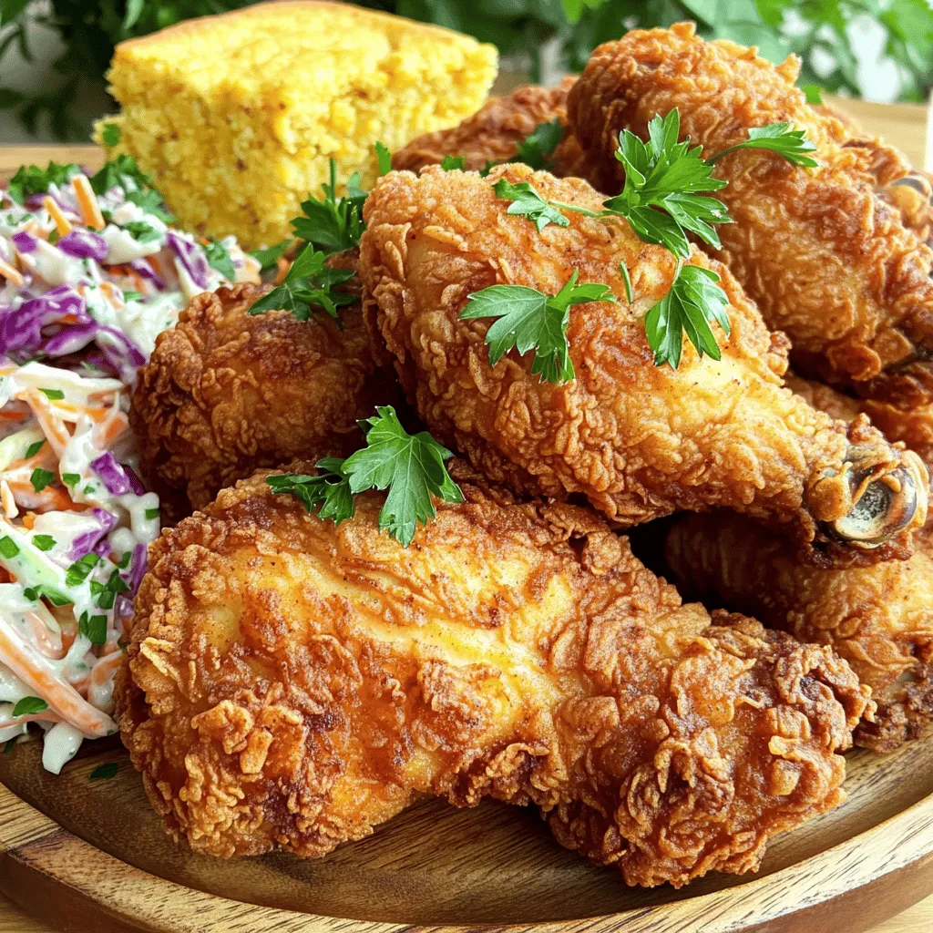 For the best Southern fried chicken, choose legs and thighs. These cuts stay juicy. They also have more flavor than breasts. Look for fresh chicken with no discoloration. Organic or free-range options can enhance taste. Always buy chicken that feels firm to the touch. To make your chicken tender and flavorful, you need buttermilk. Use 1 cup for this recipe. It adds a rich taste and helps the meat stay juicy. The main marinade is simple: - 1 cup buttermilk Marinate the chicken pieces for at least 2 hours or overnight. This step is key to great flavor. The dredging mixture gives your chicken that crispy coating. You will need: - 1 cup all-purpose flour - 1 tablespoon paprika - 1 teaspoon garlic powder - 1 teaspoon onion powder - 1 teaspoon cayenne pepper (adjust for heat) - 1 teaspoon salt - ½ teaspoon black pepper Mix all these dry ingredients in a shallow dish. This mixture adds layers of flavor to your fried chicken. Make sure to coat each piece well before frying. This helps get that perfect crunch. Now you have everything you need. Check out the Full Recipe for detailed steps! Start by placing your chicken pieces in a large bowl. Pour in one cup of buttermilk. This will make the chicken tender and juicy. Cover the bowl with plastic wrap. Let it sit in the fridge for at least two hours. If you have time, marinate it overnight. This step is key for flavor! Next, take a shallow dish and add one cup of all-purpose flour. Then, mix in the spices: one tablespoon of paprika, one teaspoon of garlic powder, one teaspoon of onion powder, and one teaspoon of cayenne pepper. Add one teaspoon of salt and half a teaspoon of black pepper. Stir well until all the ingredients blend perfectly. Now, it’s time to fry! Heat about one inch of vegetable oil in a large skillet or Dutch oven over medium-high heat. Aim for around 350°F. You can check the oil by dropping a bit of flour in it. If it sizzles, it’s ready. Take the marinated chicken out of the fridge. Let the extra buttermilk drip off. Dredge each piece in the flour mixture, ensuring it's nicely coated. Shake off any extra flour and place the chicken on a wire rack. Carefully place the chicken in the hot oil. Don’t overcrowd the pan; this helps it cook evenly. Cook for about 15-18 minutes on one side. Flip the chicken and cook for another 10-12 minutes. The chicken should be golden brown and reach an internal temperature of 165°F. Once done, put the chicken on a paper towel-lined plate to drain excess oil. Allow it to rest for a few minutes before serving. Enjoy your crispy Southern fried chicken! For the full recipe, check the earlier section. To get that crunchy bite, follow these steps. First, make sure your chicken is dry before dredging. Pat it with paper towels. Next, your oil needs to be hot enough. Aim for 350°F. If it’s too cold, the chicken will soak up oil and become greasy. Fry in small batches. This prevents the oil from cooling down too much. Lastly, let the chicken rest on a wire rack after frying. This keeps it crisp and avoids sogginess. For extra taste, think about your spices. The classic blend includes garlic and onion powder. But you can tweak it! Try adding herbs like thyme or rosemary for depth. A splash of hot sauce in the buttermilk marinade adds a nice kick. You can also mix in some lemon zest for brightness. Experiment and find what flavors you love most! Using the right tools makes a big difference. A heavy skillet or Dutch oven is best for frying. These hold heat well and cook evenly. A thermometer is key to check oil temperature. It helps you avoid burnt chicken. Don't forget a wire rack for cooling. This allows air to circulate and keeps your chicken crispy. For serving, a rustic platter adds charm to your dish. For the full recipe, check out the detailed instructions. {{image_2}} To make spicy Southern fried chicken, add more heat. Increase the cayenne pepper to two teaspoons. You can also add hot sauce to the buttermilk. This gives the chicken a nice kick. Serve it with a cooling dip, like ranch dressing or yogurt. For herb-infused fried chicken, use fresh herbs. Add chopped rosemary or thyme to your dredging mixture. You can also mix in garlic and onion powder for extra flavor. This version brings a fresh taste to your meal. It pairs well with lemon wedges for a bright touch. You can try different cooking methods for Southern fried chicken. Baking is a great option for a healthier twist. Coat the chicken and place it on a greased baking sheet. Bake at 400°F for 30-35 minutes or until golden brown. Another option is using an air fryer. This method uses hot air to cook the chicken. It gives you crispiness with less oil. Preheat the air fryer to 375°F and cook for about 25 minutes. Check for an internal temperature of 165°F to ensure it’s done. For the full recipe, refer to the earlier section. Enjoy experimenting with these variations! After you enjoy your delicious Southern fried chicken, store any leftovers. Place the chicken in an airtight container. This keeps it fresh and tasty. You can also wrap it tightly in foil or plastic wrap. Store it in the fridge for up to four days. If you want to keep it longer, consider freezing it. When it's time to enjoy your leftovers, reheating is key. The oven is the best choice to keep the skin crispy. Preheat your oven to 375°F (190°C). Place the chicken on a baking sheet. Heat for about 20 minutes, turning halfway. Use a meat thermometer to check that it reaches 165°F (74°C). If you're in a hurry, you can use the microwave, but the skin won't be as crispy. Freezing is a great option if you have extra chicken. First, let the chicken cool completely. Wrap each piece in plastic wrap or foil. Then, place them in a freezer-safe bag. Label the bag with the date. Your chicken can last up to three months in the freezer. When you’re ready to eat it, thaw it in the fridge overnight before reheating. This helps maintain its flavor and texture. For the full recipe, check the section above. Marinating chicken is key for flavor. I recommend at least 2 hours. For the best taste, try marinating overnight. The buttermilk makes the chicken juicy and tender. Yes, you can! An air fryer makes it healthier and still crispy. To do this, follow the same steps for marinating and coating. Preheat the air fryer to 375°F. Cook for about 25-30 minutes, turning halfway. Check that the chicken reaches 165°F inside. Southern fried chicken pairs well with many sides. Some great options include: - Coleslaw - Cornbread - Mashed potatoes - Green beans - Macaroni and cheese These sides bring out the chicken's rich flavors. Enjoy your meal! For the complete dish, check the Full Recipe. In this blog post, we explored how to make delicious Southern fried chicken. We began with the right chicken selection and marinade ingredients, then covered step-by-step instructions for marinating, dredging, and frying. I shared tips for crispy chicken, flavor boosts, and recommended equipment. We also discussed fun variations and smart storage tips. Now you’re ready to impress with your fried chicken. Enjoy your cooking and share your tasty results!