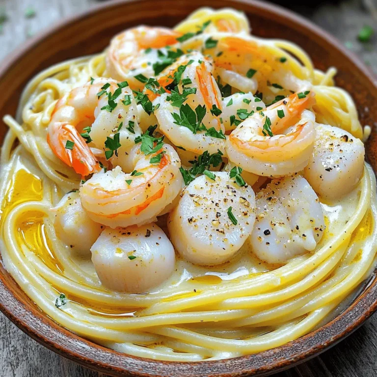 - 300g spaghetti - 200g shrimp, peeled and deveined - 200g scallops - 100g calamari, sliced - 2 tablespoons olive oil - 3 cloves garlic, minced - 1 cup heavy cream - 1 cup seafood broth - 1 tablespoon lemon juice - 1 teaspoon red chili flakes (optional) - Salt and pepper to taste - 2 tablespoons fresh parsley, chopped - Grated Parmesan cheese for serving - Vegetables to add for extra flavor (e.g., spinach, cherry tomatoes) - Alternative seafood options (e.g., crab, mussels) Gathering the right ingredients is key to making creamy seafood spaghetti. I like to start with fresh seafood. The shrimp, scallops, and calamari add great texture and taste. Use good quality spaghetti for the best bite. Don't skip the garlic; it brings out the flavor. Heavy cream makes the sauce rich and smooth. The seafood broth adds depth. You can adjust the spice with red chili flakes if you want some heat. Feel free to customize this dish. Adding vegetables like spinach or cherry tomatoes can brighten the dish. You can also swap in different seafood, like crab or mussels, for variety. For the full recipe, check out the detailed cooking steps and tips to make your meal a success! - Bring a large pot of salted water to a boil. - Cook the spaghetti until al dente, then drain. Cooking the spaghetti is simple. Start with a large pot, and fill it with water. Add salt for flavor. Once the water boils, add the spaghetti. Stir it well to keep it from sticking. Follow the package instructions for cooking time. You want it to be al dente, which means firm to the bite. After cooking, drain the spaghetti in a colander. Remember to save a bit of the pasta water for later. - Sauté garlic and optional chili flakes in olive oil. - Add and cook shrimp, scallops, and calamari. To prepare the seafood, take a large skillet and heat the olive oil over medium heat. Add minced garlic and red chili flakes if you like some heat. Stir it for about one to two minutes. The garlic should smell great but not burn. Next, add your shrimp, scallops, and calamari to the skillet. Cook them for about three to four minutes. The seafood should turn opaque and be fully cooked. Once done, remove it from the skillet and set it aside. - Combine seafood broth, heavy cream, and lemon juice in skillet. - Thicken the sauce and return seafood. In the same skillet, pour in the seafood broth. Bring it to a gentle simmer. Then, add the heavy cream and lemon juice. Stir well to mix everything. Let the sauce simmer for three to five minutes. It should thicken a bit. After it’s thickened, return the cooked seafood to the skillet. Season with salt and pepper to taste. If the sauce is too thick, add a little reserved pasta water until it reaches your desired consistency. - Toss spaghetti with the creamy seafood sauce. - Make adjustments using reserved pasta water if needed. Finally, it’s time to combine everything! Toss the drained spaghetti into the skillet with the creamy seafood sauce. Make sure every strand of pasta gets coated well. If the sauce seems too thick, don’t hesitate to add more reserved pasta water. This will help to keep the dish silky and rich. Now, your creamy seafood spaghetti is ready to serve! For the full recipe, check the earlier sections. - Choose high-quality spaghetti for the best texture. It holds sauce well and adds flavor. - Avoid overcooking the seafood for optimal tenderness. Cook just until it turns opaque. - Serve with a sprinkle of fresh parsley and grated Parmesan. This adds color and taste. - Enhance flavor with a drizzle of high-quality olive oil. It makes the dish richer. - Suggested side dishes include garlic bread and a fresh green salad. These complement the meal. - Ideal wine pairings are white wines like Chardonnay or Sauvignon Blanc. They balance the creaminess. For more details on creating this dish, check out the Full Recipe. {{image_2}} You can switch up the sauce to change the taste of your creamy seafood spaghetti. Try a tomato-based sauce for a rich and tangy flavor. This adds a nice twist and balances the sweetness of the seafood. If you want a lighter feel, use a pesto sauce. The fresh herbs in pesto will brighten the dish and give it a vibrant color. These simple swaps let you explore new flavors while keeping the dish enjoyable. You don’t have to stick with seafood. You can replace it with chicken or even go vegetarian. Chicken adds a hearty touch and cooks quickly. For a veggie option, use mushrooms or artichokes. Both give a nice texture. If you need a gluten-free option, swap regular spaghetti with gluten-free pasta. Many brands offer great alternatives that taste just as good. To make your dish more exciting, add some spices or herbs. Basil and oregano work well with seafood and cream. They give depth to the flavor. You can also add a touch of citrus zest. Lemon or lime zest brightens the dish and adds a fresh kick. These small changes can make your creamy seafood spaghetti feel special and unique. To keep creamy seafood spaghetti fresh, store it in an airtight container. Make sure it cools down first to avoid steam buildup. Place the container in the fridge. Your leftovers will last for up to three days. For longer storage, you can freeze the spaghetti. Use a freezer-safe bag or container. It’s best to freeze it without the seafood if possible. This way, the texture stays nice. When reheating creamy seafood spaghetti, use a stovetop. This keeps the sauce creamy and smooth. Heat it gently over low heat. Stir often to prevent sticking. If the sauce seems thick, add a splash of seafood broth or cream. This brings back its rich flavor. You can also use a microwave, but be careful. Heat in short bursts and stir in between. This helps it heat evenly. Creamy seafood spaghetti can last about three to four days in the fridge. Make sure to store it in an airtight container. Keep it cool and avoid leaving it out. If you notice any change in smell or color, it’s best to toss it. For the best taste, eat it within the first couple of days. Yes, you can use frozen seafood. Just thaw it in the fridge overnight before cooking. If you're in a hurry, you can run it under cold water for quick thawing. When using frozen seafood, make sure to drain any excess water before adding it to the skillet. This helps avoid a watery sauce. If you want a lower fat option, try using half-and-half or whole milk. You can also use a mix of Greek yogurt and milk for a creamy texture. Coconut milk is a good dairy-free option too. Just remember, these substitutes may change the flavor a bit, but they still work well in this dish. For the full recipe, check the earlier sections for a delicious way to make creamy seafood spaghetti. In this blog post, I covered a delicious creamy seafood spaghetti recipe. You learned about the key ingredients, from shrimp to scallops, and optional additions for flavor. The step-by-step instructions help you cook perfect pasta and create a rich sauce. I shared tips for serving and ways to customize your dish. Remember, you can make this meal your own by swapping ingredients or sauces. Enjoy cooking, and savor each bite of your creamy seafood spaghetti!