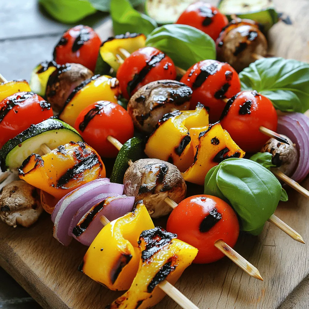 - Red bell pepper - Yellow bell pepper - Zucchini - Red onion - Cherry tomatoes - Mushrooms For the best grilled vegetable skewers, choose fresh, colorful veggies. The red and yellow bell peppers add sweetness. Zucchini brings a nice texture. Red onion gives a sharp flavor that balances well. Cherry tomatoes add juiciness, while mushrooms add an earthy taste. Each vegetable adds its own charm to this dish. - Olive oil - Balsamic vinegar - Garlic powder - Smoked paprika - Salt and pepper The marinade is the key to flavor. Olive oil helps the veggies grill nicely. Balsamic vinegar adds a sweet and tangy kick. Garlic powder gives a bold taste without being overpowering. Smoked paprika adds warmth and depth. Finally, salt and pepper enhance all the flavors. Mix these ingredients well to make your veggies shine. - Fresh basil leaves - Additional topping ideas Garnish your skewers with fresh basil leaves for a pop of color and flavor. You can also try adding crumbled feta or a sprinkle of nuts for texture. Serve these skewers as a side dish or on a salad. They also pair well with grilled meats or fish. Enjoy your vibrant grilled vegetable skewers with friends and family. For the full recipe, check out the details above. To make your grilled vegetable skewers, start by prepping the vegetables. Cut the red and yellow bell peppers into squares. Slice the zucchini into thick rounds. Cut the red onion into wedges. For a pop of color, use whole cherry tomatoes and whole or halved mushrooms. Next, create the marinade. In a large bowl, mix together 3 tablespoons of olive oil, 1 tablespoon of balsamic vinegar, 1 teaspoon of garlic powder, and 1 teaspoon of smoked paprika. Add salt and pepper to taste. Stir well until combined. This marinade adds great flavor to your skewers. Marinating is key for great taste. Let the vegetables sit in the marinade for at least 15 minutes. This time allows them to soak in the flavors. For even flavor distribution, toss the vegetables in the marinade a few times. Make sure every piece gets coated well. Before grilling, preheat your grill to medium-high heat. This ensures the vegetables cook evenly. Once heated, place the skewers on the grill. Cook for about 10-12 minutes. Turn the skewers every few minutes. You want them tender and lightly charred. After grilling, remove the skewers and let them cool for a few minutes. Garnish with fresh basil leaves for a flavorful finish. These grilled vegetable skewers are now ready to serve! For detailed instructions, check the Full Recipe. To get the best results when grilling vegetable skewers, control the heat. Set your grill to medium-high heat, around 400°F. This temperature allows the veggies to cook evenly without burning. To avoid burning your veggies, soak wooden skewers in water for 30 minutes before using them. This helps them resist catching fire. Also, cut your vegetables into uniform sizes. This way, they cook at the same rate. For extra flavor, add herbs like rosemary or thyme to your marinade. They bring out the natural taste of the veggies. You might also try spices like cayenne for heat or cumin for warmth. Pair your skewers with sauces for dipping. A tangy yogurt sauce works well, or try a zesty chimichurri. These sauces add a wonderful contrast to the grilled flavors. Grilled vegetable skewers shine when served with grilled meats or fish. They also make a great side for rice dishes or salads. For garnishing, sprinkle fresh herbs like parsley or cilantro on top. You can also squeeze fresh lemon juice over the skewers for a bright finish. This adds a nice pop of flavor and color. For the full recipe, be sure to check out the ingredients and instructions above. {{image_2}} You can switch up the veggies for your skewers. Use seasonal vegetables for the best taste. In summer, try fresh corn or eggplant. In fall, consider squash or sweet potatoes. These options add flavor and color. You can also add protein to your skewers. Tofu works well for a vegetarian option. Just cube it and marinate with the vegetables. If you prefer seafood, shrimp makes a great addition. It cooks quickly and adds a nice touch. Your marinade can change the whole flavor of your skewers. Try herb-infused marinades. Mix fresh herbs like rosemary, thyme, or dill with olive oil. This gives a bright taste to your veggies. Zesty citrus marinades are another fun option. Combine lemon or lime juice with garlic and olive oil. This adds a refreshing kick. You can switch the vinegar too. Use apple cider or rice vinegar for different flavors. When it comes to skewers, you have choices. Metal skewers are reusable and sturdy. They conduct heat well, cooking the veggies evenly. Just remember to soak them in water if you’re grilling for a long time. Wooden skewers are another option. They are easy to find and cheap. Soak them for about 30 minutes to prevent burning. You can even get creative with fruit skewers. Use pieces of pineapple or melon alongside veggies for a sweet twist. For the full recipe, check out the details on preparing vibrant grilled vegetable skewers. To store your leftover grilled vegetable skewers, use an airtight container. This keeps them fresh and tasty. You can keep them in the fridge for about three to five days. Make sure to let them cool before sealing the container. This helps prevent moisture buildup. When it comes to reheating, the best methods are the oven or a stovetop. For the oven, preheat it to 350°F (175°C) and bake for about 10 minutes. On the stovetop, heat a pan over medium heat and add a splash of olive oil. Place the skewers in the pan for a few minutes, turning them until warm. This keeps the flavor and texture just right. Avoid using a microwave, as it can make the vegetables soggy. Yes, you can freeze grilled vegetable skewers! To do this, wrap them tightly in plastic wrap or foil. Then place them in a freezer-safe bag. They can be frozen for up to three months. When you're ready to eat, thaw them in the fridge overnight. You can reheat them on a grill or in the oven for the best results. This way, you keep the great taste and texture intact. To prevent burning, soak wooden skewers in water for 30 minutes. This step helps slow the burning process. Always use medium-high heat on your grill. Keep an eye on the skewers and turn them often. You can also brush the veggies with oil to create a barrier against direct heat. Sturdy vegetables work best for grilling. Here are my top picks: - Bell peppers - Zucchini - Red onion - Cherry tomatoes - Mushrooms These veggies hold their shape and develop great flavor when grilled. Yes, you can prep skewers ahead of time. Cut and marinate your veggies a few hours before grilling. Store them in the fridge until you’re ready to cook. This saves time and allows flavors to develop. Grilling time varies by vegetable: - Bell peppers: 10-12 minutes - Zucchini: 8-10 minutes - Red onion: 10-12 minutes - Cherry tomatoes: 5-7 minutes - Mushrooms: 8-10 minutes Always turn the skewers to ensure even cooking. Grilling veggie skewers is fun and easy. You learned about choosing ingredients, making marinades, and grilling techniques. Remember to prep well and marinate for great flavor. Consider tips for grilling and storage to enjoy leftovers. Explore variations for new tastes and ideas. With these steps, you can create tasty, colorful dishes anytime. Enjoy your skewers, and be creative with flavors!