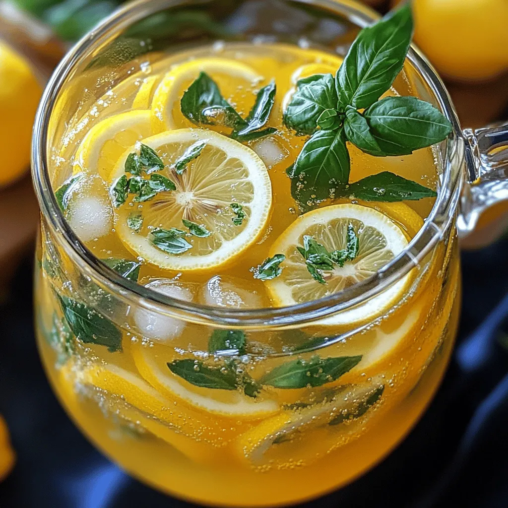 When making Lemon Iced Tea, fresh ingredients make a big difference. Here's what you need: - 4 cups water - 4 black tea bags (or green tea bags for a lighter flavor) - 1/2 cup fresh lemon juice (about 3-4 lemons) - 1/4 cup honey or agave syrup (adjust to taste) - 1/4 cup fresh basil leaves, lightly crushed - Lemon slices for garnish - Ice cubes Using fresh lemon juice gives your tea a bright flavor. Store-bought juice lacks that zest. The honey or agave syrup adds sweetness, so you can adjust it based on your taste. For herbs, fresh basil leaves add a nice touch. You can also try mint. Always choose fresh ingredients when possible. They make the drink taste better and more vibrant. For the tea, you can use black or green tea bags. Black tea gives a strong flavor, while green tea offers a lighter option. Both work well. Enjoy experimenting with these choices to find your favorite mix. This recipe is quick and perfect for any occasion. Check out the Full Recipe for more details! Start by bringing 4 cups of water to a rolling boil in a pot. This step is key. The hot water helps release the tea's flavors. After boiling, remove the pot from heat. Add 4 black tea bags (or green tea bags, if you like it lighter). Let the tea steep for 5 to 7 minutes. The steeping time matters. If you steep too long, the tea can taste bitter. While the tea steeps, grab a separate container. Mix 1/2 cup of fresh lemon juice with 1/4 cup of honey or agave syrup. Stir until the honey dissolves completely. Once the tea is ready, take out the tea bags. Let it cool for a few minutes. Then, pour the lemon and honey mixture into the brewed tea. Stir well to combine. This makes your iced tea sweet and tangy. Now, it’s time to add some fun flavor! Crush 1/4 cup of fresh basil leaves lightly. Add these leaves to the tea. Let it sit for about 10 minutes. This step allows the basil to infuse its taste into the tea. After that, strain the tea into a pitcher to remove the basil leaves. Chill the pitcher in the fridge for at least 1 hour. When you’re ready to serve, fill glasses with ice cubes. Pour the chilled tea over the ice. Garnish with lemon slices and a basil leaf for a lovely touch. For the full recipe, check out the Zesty Lemon Basil Iced Tea . To make a great lemon iced tea, you can adjust the sweetness and acidity. If you want a sweeter drink, add more honey or agave syrup. If you like it tart, squeeze in more lemon juice. Start with the amounts in the recipe, then taste and tweak. For a stronger brew, steep the tea bags longer than 7 minutes. If you prefer a lighter flavor, steep for less time. Always use fresh water for better taste. Garnishing adds charm to your drink. Thin lemon slices look lovely on top. You can also add fresh basil leaves for a pop of color. Choose clear glassware to show off the drink's golden hue. Tall glasses work well and hold more ice. You can even use mason jars for a rustic look. You can add fruits or herbs to make your iced tea unique. Try adding sliced strawberries or peaches for a fruity twist. Fresh mint leaves also taste great with lemon. Experiment with different tea types. Green tea gives a lighter flavor, while herbal teas can add a floral note. Each choice brings a new taste to your lemon iced tea. {{image_2}} You can easily make both sweetened and unsweetened Lemon Iced Tea. To create sweetened tea, follow the Full Recipe and add honey or agave syrup. Adjust the amount based on your taste. For unsweetened tea, skip the sweeteners. The natural tartness of lemon shines through, making it refreshing. If you want to explore other sweeteners, consider using stevia or maple syrup. These options can offer unique flavors. The key is to taste as you go; this way, you can find the perfect balance for you. Flavored Lemon Iced Tea can be a fun twist! You can add fruits like peach or raspberry to the mix. Just slice them up and toss them into your pitcher. Let them infuse for an hour or two. The flavor from the fruits will brighten your tea. Herbs are another great option. Mint adds a cool touch, while lavender gives a floral hint. Simply add a handful of fresh leaves to the tea while it steeps. This will create a unique flavor profile that excites your taste buds. If you want a fizzy twist, try making Sparkling Lemon Iced Tea. Start with the Full Recipe and let it chill. Once it's cold, pour the iced tea into a glass filled with ice. Then, top it off with sparkling water or club soda. This adds bubbles and a fun texture to your drink. For the best results, use a high-quality sparkling water. This keeps the flavors bright and fresh. You can also add a slice of lemon on top for a lovely presentation. Enjoy the refreshing sparkle on a hot day! To keep your Lemon Iced Tea fresh, pour any leftover tea into a clean pitcher. Seal it with a lid or cover it tightly with plastic wrap. Store it in the fridge to keep it cool. Properly stored, your Lemon Iced Tea lasts about 3 to 5 days. The flavors may change slightly over time, but it will still taste great. You can freeze Lemon Iced Tea into ice cubes for a fun twist. Pour the tea into an ice cube tray and freeze it. Once frozen, pop the cubes out and store them in a zip-top bag. You can also make iced tea popsicles. Just pour the tea into popsicle molds and freeze. These treats are perfect for hot days! Iced tea is usually enjoyed cold. However, if you want hot tea, you can reheat it. Pour the iced tea into a pot and heat it on low. Stir gently until warm. Avoid boiling it, as this can change the taste. You can also microwave it in a microwave-safe cup for quick reheating. Just heat in short bursts, stirring in between. For Lemon Iced Tea, I recommend using black or green tea. Black tea gives a strong flavor, while green tea offers a lighter taste. Herbal teas also work well, like chamomile or mint. Each type adds a unique twist, so feel free to try different ones! You can use bottled lemon juice, but fresh juice tastes better. Fresh lemons give a bright, zesty flavor. Bottled juice is convenient and lasts longer. However, it may lack the fresh taste and aroma. If you choose bottled juice, look for a brand with no additives for the best flavor. To make Lemon Iced Tea without sugar, try natural sweeteners like stevia or monk fruit. You can also use fruit like mashed berries for sweetness. Another option is to skip sweeteners altogether and focus on the lemon flavor. Herbal teas can be sweeter than black or green teas, making them a great choice. Yes, Lemon Iced Tea is quite healthy! Both lemon and tea offer many benefits. Lemons are high in vitamin C, which supports immunity. Tea contains antioxidants that help fight free radicals. Plus, drinking tea keeps you hydrated. Enjoying this drink can be a tasty way to boost your health! In this blog post, we explored how to make refreshing Lemon Iced Tea. We covered ingredients, step-by-step instructions, and helpful tips for perfecting your drink. You can customize flavors, adjust sweetness, and even make it sparkling. Whether you prefer fresh ingredients or fun variations, there's a recipe for you. Now, you have all the tools you need to create a delightful drink. Enjoy your Lemon Iced Tea and share it with friends!