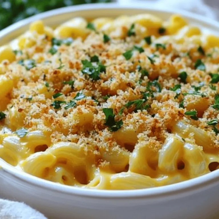 To make the perfect cheesy truffle mac and cheese, gather these ingredients: - 8 oz elbow macaroni - 2 tablespoons unsalted butter - 2 tablespoons all-purpose flour - 2 cups milk (whole or 2%) - 1 cup shredded sharp cheddar cheese - 1 cup shredded Gruyère cheese - 1/2 cup grated Parmesan cheese - 1 tablespoon truffle oil - 1/2 teaspoon garlic powder - 1/2 teaspoon onion powder - Salt and pepper to taste - 1/2 cup panko breadcrumbs - 2 tablespoons chopped fresh parsley (for garnish) When choosing your ingredients, quality matters. Use fresh cheeses for the best taste. Sharp cheddar gives a rich flavor. Gruyère adds creaminess and depth. If you can find it, go for high-quality truffle oil. It enhances the dish without being too strong. Always check that your pasta is firm but tender. This ensures it absorbs the sauce well. You can change some ingredients based on what you have. For the elbow macaroni, use any pasta shape you like. If you want a lighter dish, choose low-fat milk. Instead of truffle oil, try a splash of olive oil or butter for richness. You can swap cheeses too! Mozzarella gives a gooey texture, while feta adds a tangy twist. For a crunchy topping, use crushed crackers or cornflakes instead of panko. First, you need to cook the pasta. In a large pot, boil salted water. Add 8 oz of elbow macaroni. Cook it according to the package instructions until it is al dente. This means it should still have a little bite to it. Once it is done, drain the pasta and set it aside. Next, let’s make the cheese sauce. In the same pot, melt 2 tablespoons of unsalted butter over medium heat. Once melted, whisk in 2 tablespoons of all-purpose flour. Cook this for about 1-2 minutes until it is lightly golden and bubbly. Slowly whisk in 2 cups of milk, making sure there are no lumps. Keep whisking until the mixture thickens, which should take about 5-7 minutes. Reduce the heat to low, then stir in 1 cup of shredded sharp cheddar cheese, 1 cup of shredded Gruyère cheese, and 1/2 cup of grated Parmesan cheese. Mix until the cheese melts and the sauce is smooth. Add 1 tablespoon of truffle oil, 1/2 teaspoon of garlic powder, 1/2 teaspoon of onion powder, and season with salt and pepper to taste. Now it's time to combine the pasta and sauce. Fold in the cooked macaroni until it is well coated with the cheese sauce. Preheat your oven to 350°F (175°C). Transfer the mac and cheese to a greased baking dish. For the topping, mix 1/2 cup of panko breadcrumbs with a drizzle of olive oil and a pinch of salt. Sprinkle this evenly over the mac and cheese. Bake it in the oven for about 20-25 minutes or until the top is golden brown and crispy. When it is done, remove it from the oven and let it cool for a few minutes. You can garnish it with 2 tablespoons of chopped fresh parsley before serving. For the full recipe, check out the Cheesy Truffle Mac & Cheese ! To make your mac and cheese super creamy, use a mix of cheeses. I love sharp cheddar, Gruyère, and Parmesan. Each cheese adds its own flavor and creaminess. You can also stir in some cream cheese or sour cream. They melt well and boost the creaminess. Use a bit more milk or cream when making the cheese sauce. This helps keep it smooth and rich. If you're looking for a healthier twist, try using whole grain pasta. It adds fiber and nutrients. You can swap regular cheese for low-fat or dairy-free options. Nutritional yeast is a great choice for a cheesy flavor without dairy. Adding veggies like spinach or broccoli boosts the nutrition. You can also use cauliflower to make a lighter cheese sauce. Simply steam it and blend it smooth with spices. You don’t need fancy gear to make great mac and cheese. Here are the must-haves: - Large pot for boiling pasta - Whisk for mixing sauces - Measuring cups for ingredients - Baking dish for the final bake - Wooden spoon for stirring These tools make cooking easy and fun. They help you create that perfect dish every time. {{image_2}} Classic mac and cheese is a warm hug on a plate. It uses simple, tasty ingredients. You can make it with just elbow macaroni and cheese. But gourmet mac and cheese takes it to the next level. It adds rich flavors and unique ingredients. You can use fancy cheeses like Gruyère or add truffle oil. These changes make the dish special for fancy meals or gatherings. You can mix in many flavors to enhance your mac and cheese. Bacon is a favorite. It adds a nice crunch and smoky taste. Lobster is another great choice, making it feel luxurious. You can also try vegetables, like spinach or roasted peppers. Each flavor twist keeps the dish exciting and new. Many people have special diets today. You can still enjoy mac and cheese if you are gluten-free or vegan. For gluten-free mac and cheese, use gluten-free pasta. Almond or oat milk works well for the sauce. For vegan options, use cashew cheese or nutritional yeast. These swaps keep the creamy goodness without dairy. Each variation makes sure everyone can have a bowl of comfort. Check out the Full Recipe for a delicious cheesy truffle option. To store leftover mac and cheese, wait until it cools. Transfer it to an airtight container. This keeps your dish fresh. You can store it in the fridge for up to three days. If you want to keep it longer, freezing is a great option. Reheating mac and cheese is easy. For the best results, use the oven. Preheat it to 350°F (175°C). Place the mac and cheese in an oven-safe dish. Add a splash of milk to keep it creamy. Cover with foil and heat for about 20 minutes. You can also use the microwave. Heat in short bursts, stirring in between. Freezing mac and cheese works well. First, cool it completely. Portion it into freezer-safe bags or containers. Make sure to remove as much air as possible. Label the bags with the date. You can freeze it for up to three months. When ready to eat, thaw in the fridge overnight before reheating. Try the full recipe for a creamy delight! The best cheeses for mac and cheese are sharp cheddar and Gruyère. These cheeses melt well. They add great flavor and creaminess. You can also mix in some Parmesan for a salty kick. Feel free to try different cheeses. Mozzarella and Fontina are good options too. Each cheese gives a unique taste to your dish. Yes, you can make mac and cheese ahead of time. Just prepare it as usual, then store it. Place your dish in the fridge before baking. Cover it tightly with foil or plastic wrap. When you are ready to bake, take it out and let it sit for about 30 minutes. Then bake as directed in the Full Recipe. This makes it easy for parties or busy nights. If your mac and cheese is grainy, don't worry. This can happen if the cheese overheats. To fix it, add a splash of milk or cream. Stir this in over low heat until smooth. You can also blend the sauce in a blender. This will help mix everything well. Remember to add the cheese slowly when making the sauce. This helps keep it creamy. In this article, we explored how to make delicious mac and cheese. We outlined the best ingredients, plus tips for quality and substitutes. You learned step-by-step cooking methods for the pasta and cheese sauce. We also shared tricks for creaminess and healthy swaps. Different variations let you customize this dish to your taste. Finally, we covered how to store and reheat leftovers. With these tips, you can create a cozy meal that everyone will love. Enjoy your cooking and your tasty mac and cheese!