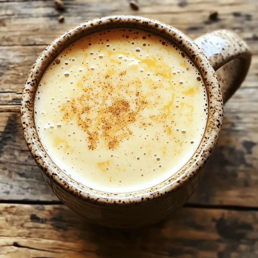 To make a Cardamom Vanilla Oat Latte, you need the following ingredients: - 1 cup rolled oats - 3 cups water - 1 teaspoon ground cardamom - 1 vanilla bean (or 1 teaspoon vanilla extract) - 2 tablespoons maple syrup (or to taste) - A pinch of salt - 1 cup brewed espresso or strong coffee - Ground cinnamon for garnish You can customize your latte with these optional ingredients: - A splash of almond or coconut milk for creaminess - A dash of nutmeg for extra warmth - Sweeteners like honey or agave syrup - Flavored syrups, such as hazelnut or caramel For the best flavor, source your ingredients wisely: - Oats: Look for organic rolled oats at health food stores. - Cardamom: Choose whole cardamom pods and grind them fresh for the best taste. - Vanilla: Buy whole vanilla beans or pure extract from specialty shops. - Maple Syrup: Select pure maple syrup, not imitation, for a rich flavor. Using fresh and high-quality ingredients makes your Cardamom Vanilla Oat Latte shine. For the full recipe, check the ingredient list above. To start, you need rolled oats, water, cardamom, and salt. In a blender, mix 1 cup of rolled oats with 3 cups of water. Add 1 teaspoon of ground cardamom and a pinch of salt for flavor. Blend on high speed for about 30 seconds until it's smooth. This oat milk will be creamy and rich, perfect for your latte. Next, you should strain the blended mixture. Pour it through a nut milk bag or a fine mesh sieve into a bowl. This step separates the oat milk from the solids. Squeeze the bag or press the solids gently to get every drop of milk. This gives you a smooth, tasty base for your drink. To make the drink flavorful, you need to add sweetness and depth. If you have a vanilla bean, slice it open and scrape out the seeds. If not, use 1 teaspoon of vanilla extract. Combine this with 2 tablespoons of maple syrup and the strained oat milk. Blend it briefly again to mix the flavors. Now, you’re ready to combine everything. Brew 1 cup of strong coffee or espresso. In a large mug, pour in the brewed coffee first. Slowly add the warm oat milk mixture on top, stirring gently to combine. This will create a beautiful and cozy drink. For more detailed instructions, check the Full Recipe. Enjoy your Cardamom Vanilla Oat Latte! To get the best froth, start with fresh oat milk. Blend your oats and water well. Strain it properly to avoid grainy bits. When heating the milk, keep it warm but do not boil. Use a milk frother for the best results. If you don’t have one, whisk vigorously to create bubbles. This makes your drink creamy and light. One common mistake is not blending the oats long enough. This can leave your milk chunky. Always use a fine mesh sieve or a nut milk bag for straining. This helps remove the solids. Avoid boiling the oat milk as it can change the texture. Also, don’t forget to taste and adjust the sweetener to your liking. To boost the flavor, try using fresh vanilla beans instead of extract. The seeds add a rich taste. You can also experiment with spices. A dash of nutmeg or ginger can add warmth. For a sweeter touch, adjust the maple syrup. Lastly, sprinkle some cinnamon on top for a lovely finish. These small tweaks can take your Cardamom Vanilla Oat Latte to the next level. For a complete guide, check out the Full Recipe. {{image_2}} If you want a dairy-free option, using oat milk is a great start. It's creamy and blends well with flavors. You can also try almond milk or coconut milk for different tastes. Each milk brings its own unique flavor. Almond milk adds a nutty twist, while coconut milk gives a tropical vibe. Both work great in a Cardamom Vanilla Oat Latte. Sweetness is a personal choice. The recipe calls for maple syrup, but you can change it up. If you prefer less sweetness, use less syrup. You can also try honey or agave syrup. For those who want a sugar-free option, use stevia or monk fruit. Adjust according to your taste buds for the perfect drink. Spices can change the whole drink. While cardamom is the star, you can experiment. Try adding ground ginger for warmth or nutmeg for a cozy feel. Each spice will create a new experience. You can also mix in a little cocoa powder for a chocolatey twist. The spices you choose can transform your Cardamom Vanilla Oat Latte into something special. After making your oat milk, you may have some left over. To store it, pour it into a clean, airtight container. A glass jar works well. Keep it in the fridge. This oat milk will stay fresh for about 4 days. Always shake it before using, as it can separate. When you want to enjoy your oat milk again, gently reheat it. Pour the milk into a small saucepan. Heat it over low to medium heat. Stir it often to prevent burning. Do not let it boil, or it may change texture. You can also warm it in the microwave. Use a microwave-safe container. Heat in short bursts of 20 seconds, stirring in between. The prepared Cardamom Vanilla Oat Latte tastes best fresh. However, if you have leftovers, store them in the fridge as well. They will last about 2 days. When you reheat, keep in mind that the flavor may change slightly. The spices and sweetness might settle, so stir well before drinking. Always check for any off smells or changes in texture before enjoying. The best coffee for a Cardamom Vanilla Oat Latte is brewed espresso or strong coffee. Espresso adds rich flavor and boldness. If you don't have espresso, use a dark roast coffee. This choice gives you depth and goes well with cardamom and vanilla. Yes, you can make this latte without an espresso machine. Just brew strong coffee using a French press or pour-over method. Aim for a strong brew to match the oat milk's rich flavor. This way, you still enjoy a cozy drink. Yes, oat lattes offer a few health benefits. Oats are high in fiber, which aids digestion. They also have antioxidants that help fight inflammation. Oat milk is lower in calories than whole milk, making it a lighter option. Adding cardamom may help with digestion and boost metabolism. To adjust for more servings, simply multiply the ingredients. For example, if you want four servings, use two cups of rolled oats and six cups of water. Scale the flavorings, like cardamom and vanilla, to taste. Keep the same steps in the Full Recipe for best results. You learned how to create a delicious Cardamom Vanilla Oat Latte. We covered the ingredients you can use, optional flavors for a personal touch, and where to get fresh ingredients. I provided easy steps to prepare, strain, and flavor your latte. You also found tips for frothing and avoiding common mistakes. Plus, we explored variations and storage tips. This latte is a fun drink to explore. Each sip brings unique flavors to your day. Enjoy making it your own!
