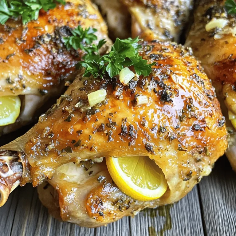 - 1 whole chicken (about 4-5 lbs) - 4 cloves of garlic, minced - 2 large lemons (1 sliced, 1 juiced) - 1/4 cup olive oil - 2 teaspoons fresh rosemary, chopped (or 1 teaspoon dried) - 2 teaspoons fresh thyme, chopped (or 1 teaspoon dried) - Salt and black pepper to taste - 1 cup chicken broth or vegetable broth - Fresh parsley for garnish In this dish, I focus on simple, fresh ingredients. A whole chicken is the star. I prefer one around 4 to 5 pounds for even cooking. Garlic adds a nice kick. I use four cloves, minced finely, for bold flavor. Lemons bring brightness. I recommend using two lemons: one for juice and one for slices. For the marinade, I combine olive oil, fresh herbs, and seasonings. The olive oil helps keep the chicken moist. Rosemary and thyme add earthy notes. I use fresh herbs when I can, but dried works too. Don’t skip the salt and pepper! They enhance the chicken's taste. I also add chicken broth to the pan. This keeps the chicken juicy and helps make a tasty sauce. Lastly, fresh parsley brightens the plate. It makes the dish look beautiful and fresh. For the full recipe, check out the section above. You'll find all the steps to create this delicious Lemon Garlic Roasted Chicken. - Preheat the oven to 425°F (220°C). - In a small bowl, mix the minced garlic, lemon juice, olive oil, rosemary, thyme, salt, and pepper. - Pat the chicken dry with paper towels. This step helps achieve crispy skin. - Rub the marinade all over the chicken. Make sure to coat the inside of the cavity. If you can, gently separate the skin from the breast meat. Rub some marinade under the skin for more flavor. - Stuff the chicken cavity with lemon slices. - Place the chicken breast-side up on a roasting rack in a roasting pan. Pour the chicken broth into the bottom of the pan to keep it moist. - Roast the chicken for 1 hour and 15 minutes. Baste it with the pan juices halfway through. This keeps the chicken juicy and adds flavor. It is ready when the internal temperature reaches 165°F (75°C) and the skin is golden brown. For the full recipe, refer to the complete instructions to enjoy this simple and flavorful dish. To get that perfect crispy skin on your chicken, start by drying it well. Use paper towels to pat the skin dry. This step is key because moisture makes it hard for the skin to crisp up. Next, gently separate the skin from the meat. This lets the marinade seep in and adds more flavor. For the best taste, marinate the chicken for at least one hour. If you have the time, letting it sit overnight works wonders. Use fresh herbs like rosemary and thyme to boost flavor. Fresh herbs give a brighter taste than dried ones. Basting helps keep the chicken moist. Use a spoon or a brush to apply the pan juices over the chicken. Do this halfway through the cooking time for the best results. It helps lock in moisture and adds flavor. {{image_2}} You can change the taste of your Lemon Garlic Roasted Chicken by using different herbs. Oregano and sage can give it a new twist. Fresh herbs add great flavor, and you can mix them up based on your taste. You might also try adding citrus fruits like oranges. The sweet taste of oranges with lemon makes the chicken even better. If you want to try a different way to cook your chicken, consider a slow cooker. This method makes the chicken very tender. You can set it in the morning and come home to a warm meal. Grilling is another option. It gives the chicken a nice smoky flavor. This method is perfect for summer cookouts. When serving Lemon Garlic Roasted Chicken, think about sides that match well. Roasted vegetables or fluffy rice work great. They soak up the chicken's juices and add color to your plate. You can also use the chicken in a sandwich or a salad. Pull the meat apart and add it to greens for a fresh and tasty meal. For the full recipe, check out the [Full Recipe]. To store leftover chicken effectively, let it cool first. Then, place it in an airtight container. This helps keep it fresh. You can also wrap it tightly in plastic wrap or foil. Make sure to remove as much air as possible. The best containers for preserving freshness are glass or BPA-free plastic. They prevent odors and keep the chicken tasty. Store the chicken in the fridge for up to four days. When you are ready to eat, you can reheat the chicken safely. Use the oven or microwave for best results. To reheat in the oven, preheat it to 350°F (175°C). Place the chicken in a baking dish and cover it with foil. This keeps the moisture in. Heat for about 20-30 minutes or until warm throughout. In the microwave, place the chicken on a microwave-safe plate. Cover it with a damp paper towel to keep it tender. Heat it in short bursts, checking often to avoid dryness. For freezing, cut the chicken into portions. Wrap each piece tightly in plastic wrap. Then place them in a freezer bag. Remove any excess air to avoid freezer burn. To thaw, move the chicken to the fridge the night before you plan to eat it. If you need it fast, use the microwave on the defrost setting. Once thawed, reheat as mentioned above. Following these tips helps keep your Lemon Garlic Roasted Chicken tasty for later meals! The best way to check chicken is to use a meat thermometer. The safe internal temperature for chicken is 165°F (75°C). Insert the thermometer into the thickest part of the chicken, avoiding the bone. This ensures accurate readings. If it reads 165°F, your chicken is safe and ready to eat. Yes, you can use bone-in pieces like thighs or drumsticks. Bone-in pieces cook faster, so you need to adjust the cooking time. Cook them for about 45 minutes to 1 hour. Use the same marinade and seasonings. Make sure the internal temperature still reaches 165°F for safety. If you're missing some ingredients, don't worry! You can use substitutes. For example, if you lack fresh rosemary, use dried rosemary or even oregano. Citrus juice can replace lemon juice, but the flavor will change. Garlic powder works if you don’t have fresh garlic. Get creative with what you have! Lemon Garlic Roasted Chicken goes well with many sides. Roasted vegetables, like carrots and potatoes, are great choices. A crisp green salad adds freshness. Rice or quinoa makes a nice base to soak up juices. You can also serve it with crusty bread for a hearty meal. This blog post covers a tasty lemon garlic roasted chicken recipe. I shared key ingredients, steps, and tips to make it perfect. You learned about different herbs and cooking methods to create your own twist. Plus, I included useful storage and reheating tips. In the end, you can enjoy this dish easily. It’s sure to impress your family and friends. Happy cooking!