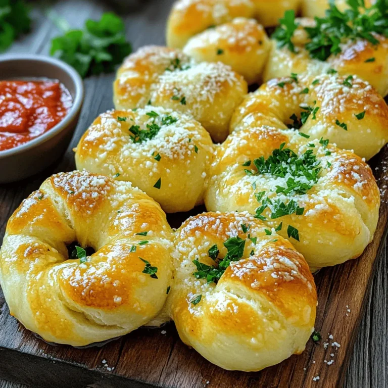 To make Quick Garlic Parmesan Knots, you need fresh and simple ingredients. Gather the following: - 1 pack of refrigerated pizza dough (16 oz) - 3 tablespoons unsalted butter, melted - 4 cloves garlic, minced - 1/4 cup grated Parmesan cheese - 1 teaspoon dried Italian herbs (oregano, basil, thyme) - 1/2 teaspoon salt - 1/4 teaspoon black pepper - Fresh parsley, chopped (for garnish) Using these ingredients, you can create a tasty treat that your family will love. The pizza dough saves time and effort, making this recipe quick and easy. Garlic and Parmesan cheese are a classic combo. They bring rich flavor to every bite. The herbs add a lovely aroma and taste. With just a few simple steps, you can whip up these knots in no time. Perfect for snacks, parties, or family dinners, they are sure to impress. For the full recipe, check out the instructions in my other section. - Preheat your oven to 400°F (200°C) and prepare a baking sheet with parchment paper. - Roll out the pizza dough on a floured surface. Cut it into strips, about 1 inch wide. - Take each strip and form a knot. To do this, make a loop, wrap the ends around, and tuck them underneath. Place each knot on the baking sheet. - In a small bowl, combine melted butter with minced garlic, dried Italian herbs, salt, and black pepper. Stir the mixture well to blend the flavors. - Brush the garlic butter mixture over each knot, ensuring they are evenly coated. - Bake the knots in the preheated oven for 12-15 minutes, or until they turn golden brown. - Once baked, immediately brush with any leftover garlic butter. Garnish with chopped parsley for a fresh touch. To check out the full recipe, simply visit the section above. Enjoy your delicious garlic Parmesan knots! To make your garlic knots pop, add herbs. You can use fresh basil or dill. Just chop them finely and mix them into the garlic butter. This small change can give your knots a fresh taste. You can also try different cheeses. Instead of Parmesan, use mozzarella for a gooey center. Or add feta for a tangy kick. These choices can change the whole dish. For a crispy outside, bake your knots until golden brown. Keep an eye on them in the last few minutes. You want that perfect crunch! To ensure a fluffy inside, do not overbake. The knots should rise nicely. This balance gives you a great bite. Pair your garlic knots with dipping sauces. Marinara sauce is a classic choice. You can also try ranch or garlic aioli for a twist. For a fun presentation, arrange the knots on a wooden board. Add a small bowl of sauce in the center. This makes a great centerpiece for any meal. For the full recipe, check the [Full Recipe]. {{image_2}} You can change up the flavor of your Quick Garlic Parmesan Knots with some fun variations. Let’s explore cheese and seasoning options that will make these knots even more exciting. - Mozzarella knots: Swap out the Parmesan for fresh mozzarella. Cut it into small cubes. Place a cube inside each knot before baking. The gooey cheese melts and adds a delightful stretch. - Feta and herb twists: Crumble feta cheese and mix it with fresh herbs like dill or parsley. Add this mixture to the dough before forming knots. This gives a tangy flavor that pairs well with garlic. - Spicy garlic knots: Add red pepper flakes to the garlic butter mixture. This will give your knots a nice kick. If you enjoy heat, this is a great option. - Pesto-infused knots: Instead of garlic butter, brush the knots with basil pesto. This adds a fresh, herby taste. You can also sprinkle some grated cheese on top for extra flavor. Feel free to mix and match these ideas. Experimenting with flavors can make your garlic knots even more special. For the full recipe, check out the details above. To keep your garlic parmesan knots fresh, use airtight containers. Glass or plastic containers work best. Make sure they seal tightly to lock in moisture. Place the knots in a single layer if possible. This helps avoid squishing them. Store the knots in the fridge for up to three days. If you want to keep them longer, freezing is an option. When reheating, the oven is best for keeping that fresh taste. Preheat your oven to 350°F (175°C). Place the knots on a baking sheet. Heat for about 10 minutes or until warm. This method keeps the knots crispy. If you're in a hurry, use the microwave. Heat for 15-20 seconds. Microwaving is quick, but it may make the knots soft. For the best result, choose the oven. Enjoy your warm and tasty garlic knots again! Garlic knots will stay fresh for about three days in the fridge. Store them in an airtight container. This keeps them soft and tasty. If you need them to last longer, consider freezing them. Yes, you can freeze garlic parmesan knots! Let them cool completely, then place them in a freezer-safe bag. They can last up to three months in the freezer. When ready to enjoy, just bake them straight from the freezer. Garlic knots taste great with various dips. Marinara sauce is a classic choice. You might also try ranch dressing or garlic butter for extra flavor. A zesty pesto can add a fun twist, too. Absolutely! You can use your favorite homemade dough recipe. Just roll it out like the refrigerated dough. Follow the same steps to form knots and bake them. Homemade dough adds a personal touch! Yes, you can prepare garlic knots ahead of time. Form the knots and place them on the baking sheet. Cover them and store them in the fridge for up to a day. When ready, bake them fresh for a warm treat. For the full recipe, check out the details above. These garlic knots are easy and tasty. You now know the ingredients, steps, and tips. Try different cheeses or spices for fun twists. Store leftovers properly to keep them fresh. Enjoy them with dips or at any meal. I hope these ideas inspire your cooking. Happy baking!