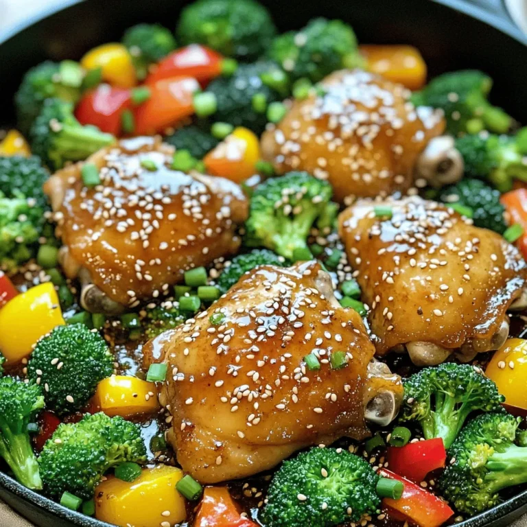 Here is what you need to make One Pan Honey Garlic Chicken: - 4 boneless, skinless chicken thighs - 1/4 cup honey - 3 tablespoons soy sauce - 4 cloves garlic, minced - 1 tablespoon fresh ginger, grated - 2 tablespoons olive oil - 1 cup broccoli florets - 1 cup bell peppers, sliced (red and yellow) - 1 teaspoon sesame seeds - 2 green onions, chopped - Salt and pepper to taste Each ingredient plays a key role. The chicken gives protein and heartiness. Honey adds sweet notes, while soy sauce provides saltiness and depth. Garlic and ginger bring warmth and aroma. Broccoli and bell peppers add color and crunch, making this dish vibrant and healthy. When shopping, choose fresh veggies and good-quality chicken. The better your ingredients, the better your meal! You can find the Full Recipe in the article to guide you through the cooking process. - In a small bowl, whisk together honey, soy sauce, minced garlic, and grated ginger. - Season the chicken thighs with salt and pepper on both sides. - Heat olive oil in a large oven-safe skillet over medium-high heat. - Once hot, add the chicken thighs and sear for about 5 minutes on each side, or until golden brown. - Pour the honey garlic mixture over the chicken. Make sure it is well coated. - Turn the heat to low and let it simmer for 5 minutes. - Add broccoli florets and bell pepper slices around the chicken in the skillet. Toss the vegetables gently in the sauce. - Cover the skillet and let it cook on low heat for another 10 minutes. The chicken should be cooked through and the veggies tender. - For a nice glaze, you can broil the dish for an additional 2-3 minutes if desired. - Remove from heat and sprinkle with sesame seeds and chopped green onions before serving. This One Pan Honey Garlic Chicken is quick and easy. You get a full meal in one pan, which means less cleanup! Enjoy it hot, and feel free to use the Full Recipe for more details. - Ensure the skillet is hot before searing. This helps get a nice crust on the chicken. - Use a meat thermometer for perfect chicken. Cook chicken to 165°F for safety. - Adjust sweetness or saltiness to preference. If you like it sweeter, add more honey. For saltiness, increase the soy sauce. - Best served hot with rice or noodles. The sauce pairs perfectly with these sides. You can also add fresh herbs for a burst of flavor. {{image_2}} You can easily switch up the veggies in this dish. Try using zucchini or carrots for a fresh twist. If you want a different protein, swap the chicken for tofu or shrimp. Both options absorb the sweet, garlicky sauce well, making your meal just as tasty. For a bit of heat, add crushed red pepper to the honey garlic mixture. This small change gives the dish a spicy kick. You can also squeeze in some lime juice for extra zest. The bright flavor of lime adds a nice touch and balances the sweetness of the honey. These variations let you customize your One Pan Honey Garlic Chicken to fit your taste. Every bite will feel fresh and exciting! For the full recipe, check the section above. To store leftovers, let the dish cool down. Place the chicken and vegetables in an airtight container. Make sure the lid seals tightly. This keeps the meal fresh and safe to eat. Store it in the fridge for up to three days. When you’re ready to eat, reheat it gently on the stove or in the microwave. If you want to save it longer, freezing is a great option. Portion out the chicken and veggies into freezer-safe bags. Remove as much air as possible before sealing. Label the bags with the date. You can freeze it for up to three months. When ready to eat, thaw in the fridge overnight. Reheat in a skillet over low heat until hot. One Pan Honey Garlic Chicken lasts well in the fridge. It’s best to eat it within three days. If you freeze it, it will keep its best quality for about three months. Always check for any signs of spoilage before eating. Enjoy your delicious meal again! It takes about 30 minutes to cook One Pan Honey Garlic Chicken. This includes 10 minutes for prep and 20 minutes for cooking. To ensure doneness, use a meat thermometer. The chicken should reach 165°F (75°C) at the thickest part. Keep an eye on the chicken as it cooks. This way, you avoid overcooking and drying it out. Yes, you can make this dish ahead of time. Cook it fully and let it cool. Store it in an airtight container in the fridge for up to three days. For meal prep, divide it into portions. Reheat in the microwave or on the stove over low heat. Add a splash of water to keep the sauce moist. You can use chicken breasts, but the taste and texture will change. Chicken thighs are juicier and more tender, while breasts can be drier. If you use breasts, cook them for less time. They may need only 15-20 minutes. Check their internal temperature to ensure they are cooked through. To thicken the sauce, simmer it longer to reduce it. You can also mix a tablespoon of cornstarch with water to create a slurry. Add it to the sauce and stir while it cooks. This will help achieve a nice, thick consistency. This blog post outlined a simple and tasty One Pan Honey Garlic Chicken recipe. You learned about the main ingredients, step-by-step cooking instructions, and how to adapt the recipe. I shared tips for great results, plus ideas for storing and serving. Remember, you can swap ingredients or adjust flavors to suit your taste. Experiment and enjoy the process! Cooking should be fun and rewarding. You now have everything to make a delicious meal that your whole family will love. Happy cooking!