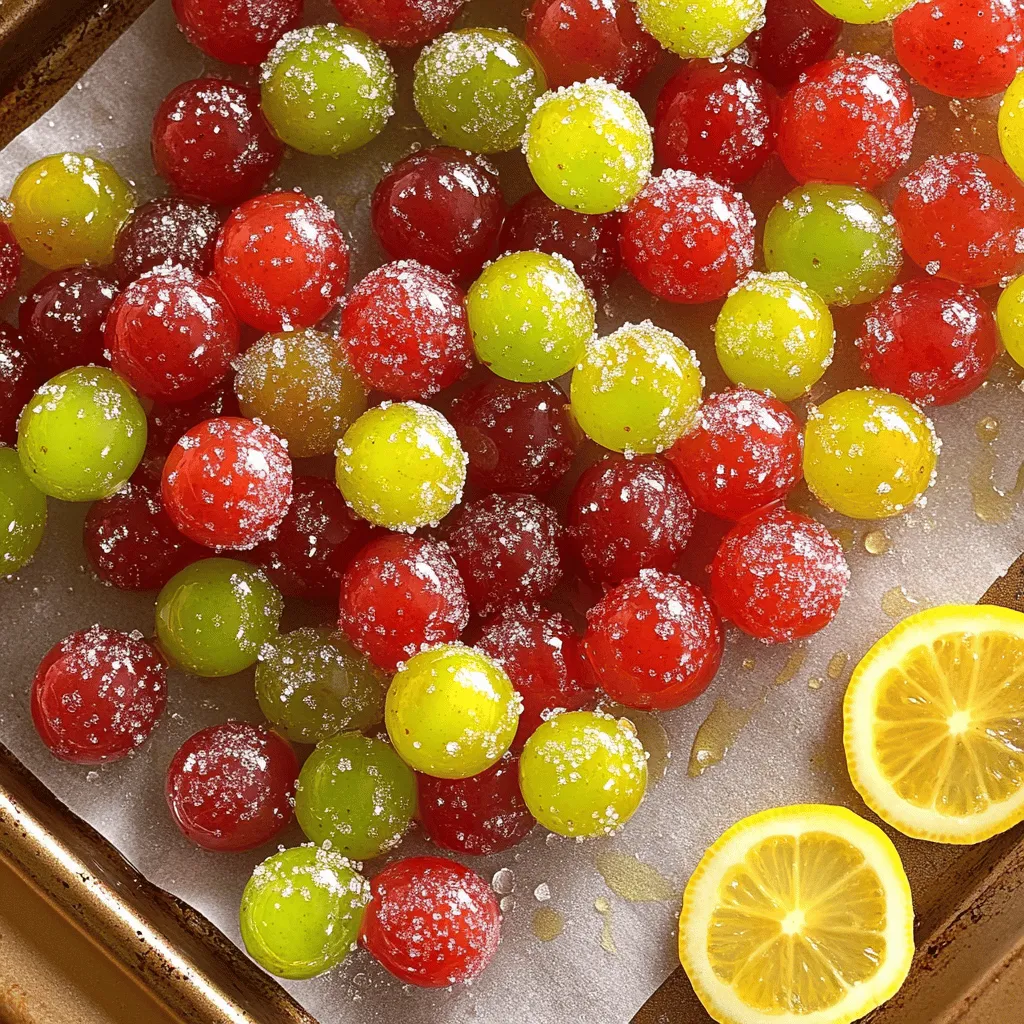 - 2 cups seedless grapes (red or green) - 1 cup granulated sugar - 1/2 cup citric acid - 1 teaspoon lemon juice - 1 tablespoon water To make Sour Patch Grapes, you need only a few simple ingredients. The grapes can be red or green, and both taste great. I like using seedless grapes because they are easier to eat. Granulated sugar and citric acid give the grapes their sweet and sour taste. Citric acid is easy to find in bulk food stores or online. A bit of lemon juice adds a nice citrus flavor, while a touch of water helps the sour coating stick. Gather these ingredients, and you are ready to start this fun snack. Remember, you can find the full recipe above to guide you through the steps. Start by rinsing the grapes. Use cold water to wash them well. This step gets rid of dirt and any wax. After rinsing, dry the grapes using a clean towel. Make sure they are completely dry. This helps the sour coating stick well. Now, let’s make the sour coating. In a medium bowl, combine the granulated sugar and citric acid. Stir them together until they mix evenly. This mixture gives the grapes their fun sour taste. Next, prepare the citrus flavor. In a small bowl, mix the lemon juice and water. This liquid adds a fresh zing to the sugar mixture. Once mixed, add this to the sugar and citric acid blend. Stir until it looks like wet sand. It's time to coat the grapes! Place the dry grapes into a large mixing bowl. Gradually sprinkle the sour sugar mixture over the grapes. Gently toss them to coat evenly. Keep going until all grapes are covered in that delightful sour mix. Arrange the coated grapes on a baking sheet lined with parchment paper. Make sure they are in a single layer. Let them sit at room temperature for about 30 minutes. You can also refrigerate them for about 15 minutes. This helps the coating set nicely. Enjoy your Sour Patch Grapes right away! They make a sweet and tangy snack. If you want to save some for later, store them in an airtight container. They will stay fresh in the fridge for up to 3 days. For the full recipe, check the above section. To make the best Sour Patch Grapes, start with dry grapes. Wet grapes won't hold the sour coating well. After rinsing them, pat them dry with a clean towel. This step is key to achieving that perfect, tangy bite. You can tweak the flavor to your liking. If you want a stronger sour taste, add more citric acid. For a sweeter snack, use less sugar. Adjust these amounts to find what makes your taste buds happy! Want to switch things up? Try using other citrus juices! Instead of lemon juice, use lime or orange juice. Each adds a unique twist to your Sour Patch Grapes. Experiment with different flavors to discover your favorite combination. {{image_2}} You can swap grapes for other fruits. Strawberries and pineapple work well. Their shapes and textures provide fun variety. Just follow the same steps in the recipe. The sour coating sticks well to these fruits too. You can create a mix of flavors that everyone will love. Mixing red and green grapes adds a visual pop. This makes your snack even more fun. The two colors look great together on a plate. Plus, they taste different, giving a nice twist to each bite. You can even try using black grapes for more colors and flavors. Want a unique kick? Try adding spices. Cinnamon adds warmth and sweetness. Chili powder gives a surprising heat. Start with a small amount and adjust to your taste. Mix it in with the sugar and citric acid for a new spin. This will make your Sour Patch Grapes more exciting and tasty. To keep your Sour Patch Grapes fresh, store them in an airtight container. This prevents moisture and air from ruining their sour crunch. Make sure the container seals well. You might want to use a glass jar or plastic container with a lid. Avoid using bags, as they can let air in. These grapes last about three days in the fridge. After that, they may lose their flavor and texture. Keep an eye on them! If they start to look sad or mushy, it’s time to toss them out. Always check for any signs of spoilage before snacking. If your Sour Patch Grapes lose their sour punch, don’t worry! You can refresh them. Just mix more sugar and citric acid in a bowl. Roll the grapes in this mix to give them a new tart coating. This can bring back that tasty zing and make them fun again! To make Sour Patch Grapes, follow these simple steps: 1. Prepare the Grapes: Rinse 2 cups of seedless grapes under cold water. Pat them dry with a clean towel. Make sure they are dry. 2. Make the Sour Coating: In a bowl, mix 1 cup of granulated sugar with 1/2 cup of citric acid. 3. Add Citrus Flavor: In another bowl, mix 1 teaspoon of lemon juice with 1 tablespoon of water. Add this to the sugar and citric acid mix. 4. Coat the Grapes: Place the dry grapes in a large bowl. Sprinkle the sour sugar mixture over the grapes. Toss gently until all grapes are coated. 5. Set and Dry: Spread the coated grapes on a baking sheet lined with parchment paper. Let them sit for 30 minutes to set. 6. Serve: Enjoy your Sour Patch Grapes right away or store them in the fridge for up to three days. For the full recipe, check out the details above. Sour Patch Grapes can be a fun treat. They are made from grapes, which are healthy. Grapes are low in calories and high in vitamins. They also contain antioxidants. However, the sugar and citric acid add extra calories. Enjoy them in moderation! Yes, you can use frozen grapes. They work well for this recipe. Just keep in mind that frozen grapes may be softer after thawing. This might affect how well the coating sticks. For best results, use fresh grapes if you want a crunchier snack. This blog post shows you how to make sour patch grapes. You learned the ingredients and steps needed for perfect sour grapes. We covered tips for customizing the taste and variations like using other fruits or spices. Protecting your grapes with proper storage makes them last longer. In the end, this snack is fun and easy to make. Enjoy these tasty treats anytime with friends or family!