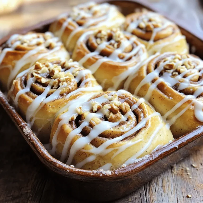 - 4 cups all-purpose flour - 1/4 cup honey - 1 cup warm milk (about 110°F) - 1/4 cup unsalted butter, melted - 2 1/4 teaspoons active dry yeast (1 packet) - 1/2 teaspoon salt - 2 large eggs - 1 tablespoon ground cinnamon - 1/2 cup brown sugar - 1/2 cup chopped walnuts (optional) - 1/4 cup powdered sugar (for icing) - 1 tablespoon milk (for icing) When you make cinnamon rolls, choose fresh ingredients for the best taste. Look for flour that is finely milled. Use honey that is pure and raw if possible. Warm milk should feel cozy, about the same as bath water. The yeast needs warmth to grow, so check the milk temperature. For a richer flavor, use high-quality unsalted butter. If you have allergies, substitute eggs with applesauce or flaxseed meal. Use almond milk instead of regular milk for a dairy-free option. Each roll has about 250 calories. They contain 35 grams of carbs, 10 grams of fat, and 5 grams of protein. If you add walnuts, the protein and healthy fats increase. This treat is a wonderful balance of sweetness and richness. Enjoy them fresh for the best taste! Activating the yeast is the first step. Mix warm milk and active dry yeast in a small bowl. Let it sit for about five minutes. You will see bubbles forming. This means the yeast is alive and ready. Next, gather a large mixing bowl. Add flour, honey, melted butter, salt, and eggs. Once the yeast mixture is foamy, pour it into the bowl. Stir everything together until it forms a sticky dough. Now, it’s time to knead the dough. Sprinkle some flour on a clean surface. Place the dough on it and push it with your palms. Fold it over and push again. Do this for about five to seven minutes. The dough should feel smooth and elastic when ready. Place the kneaded dough in a greased bowl. Cover it with a kitchen towel. Set it in a warm spot. Let it rise for about one hour. Look for the dough to double in size. A good sign is that it will feel puffy. After the dough rises, punch it down gently. This helps release air bubbles. Roll it out on a floured surface. Aim for a rectangle about 16 by 12 inches. Spread melted butter on the rolled-out dough. Then, sprinkle brown sugar and ground cinnamon evenly over the top. For a crunchy touch, add chopped walnuts if you like. Start from one long side and carefully roll the dough into a tight log. Pinch the seam to seal it. Cut the log into twelve equal rolls. Place them in a greased baking dish. Cover and let them rise for another thirty minutes. This will help them become fluffy. To get the right dough consistency, focus on moisture. Your dough should be soft but not sticky. If it sticks to your fingers, add a bit more flour. Knead it well until it feels smooth and elastic. This helps develop gluten, which gives the rolls their lovely chew. Rising times are key. After mixing, let the dough rise until it doubles in size. This usually takes about an hour. A warm, draft-free spot works best. You can check if it’s ready by gently pressing a finger into the dough. If it bounces back slowly, it’s perfect! Be careful not to under-knead or over-knead your dough. Under-kneading can lead to dense rolls. You may end up with something closer to bread than fluffy rolls. On the other hand, over-kneading can make them tough. Aim for about 5-7 minutes of kneading for the best texture. Not letting the dough rise enough is another common pitfall. If you rush this step, your rolls won’t be light and airy. Always give the dough the full rising time. You want those beautiful air pockets for the perfect bite! To boost flavor, consider adding spices or extras. Chopped nuts, like walnuts or pecans, add a nice crunch. You might also sprinkle in some nutmeg or cardamom for a unique twist. For icing, you can mix it up! Instead of just powdered sugar and milk, try adding cream cheese for a richer topping. A splash of vanilla or maple syrup can elevate the taste, too. Experiment with what you like best to complement your warm rolls! {{image_2}} To make vegan cinnamon rolls, you can swap out eggs and milk easily. Use unsweetened almond milk or oat milk instead of regular milk. For eggs, try using ground flaxseed mixed with water. This mix works well as a binder. You can also use applesauce; it adds moisture and sweetness. For sweeteners, maple syrup or agave nectar are great options. They blend well and keep the rolls moist. If you need gluten-free cinnamon rolls, use a good gluten-free flour blend. Look for blends that include xanthan gum to help with texture. Almond flour or coconut flour can also work, but you may need to adjust the liquid. Adapt the recipe by adding more moisture if using these flours. Keep an eye on baking time, too, as gluten-free rolls can bake faster. You can also get creative with flavors! Try adding chocolate chips to the cinnamon filling for a sweet twist. They melt and mix well with the cinnamon and sugar. Another fun idea is to make apple pie-inspired cinnamon rolls. Just add diced apples and cinnamon to the filling. This gives you a mix of sweet and fruity flavors. Enjoy the endless possibilities! To keep your cinnamon rolls fresh, let them cool completely. Then, wrap each roll in plastic wrap. This keeps the moisture in. Place the wrapped rolls in an airtight container. Store them at room temperature for up to three days. If your kitchen is warm, refrigerate them to prevent spoilage. You can freeze cinnamon rolls unbaked or baked. For unbaked rolls, place them in a greased baking dish. Cover the dish tightly with plastic wrap and foil. Freeze for up to three months. When you want to bake, thaw them overnight in the fridge. Let them rise for 30 minutes before baking. For baked rolls, allow them to cool completely. Wrap each roll in plastic wrap and place in a freezer bag. To reheat, thaw in the fridge overnight. Then, warm them in the oven at 350°F for 10 minutes. Homemade cinnamon rolls last about three days at room temperature. In the fridge, they can last for up to a week. Look for signs of spoilage, like mold or an off smell. If the rolls feel dry or hard, it’s time to toss them. Proper storage keeps them fresh and tasty for longer. For the full recipe, check out Heavenly Honey Cinnamon Rolls. Yes, you can make the dough ahead. Here’s how: - Prepare the dough as usual. - After kneading, place it in a greased bowl. - Cover it tightly with plastic wrap. - Refrigerate the dough overnight. - When ready, let it sit at room temperature for about 30 minutes before rolling. To get fluffy cinnamon rolls, follow these tips: - Use warm milk when mixing the dough. - Ensure your yeast is fresh and active. - Knead the dough well for about 5-7 minutes. - Let the dough rise in a warm place until it doubles in size. - Avoid adding too much flour while kneading. If your dough doesn’t rise, check these common issues: - Make sure your yeast is fresh. - Ensure the milk isn’t too hot or cold. - Let it rise in a warm, draft-free place. - If it still fails, try adding a bit more yeast. For detailed steps, check out the Heavenly Honey Cinnamon Rolls [Full Recipe]. Making delicious cinnamon rolls starts with fresh ingredients and simple steps. You learned how to prepare the dough, knead it right, and shape perfect rolls. Remember to watch your rising times and avoid common mistakes. Variations like vegan or gluten-free options let everyone enjoy these treats. Store your rolls well to keep them fresh. When cravings hit, you now have the tools to create tasty cinnamon rolls at home. Happy baking!