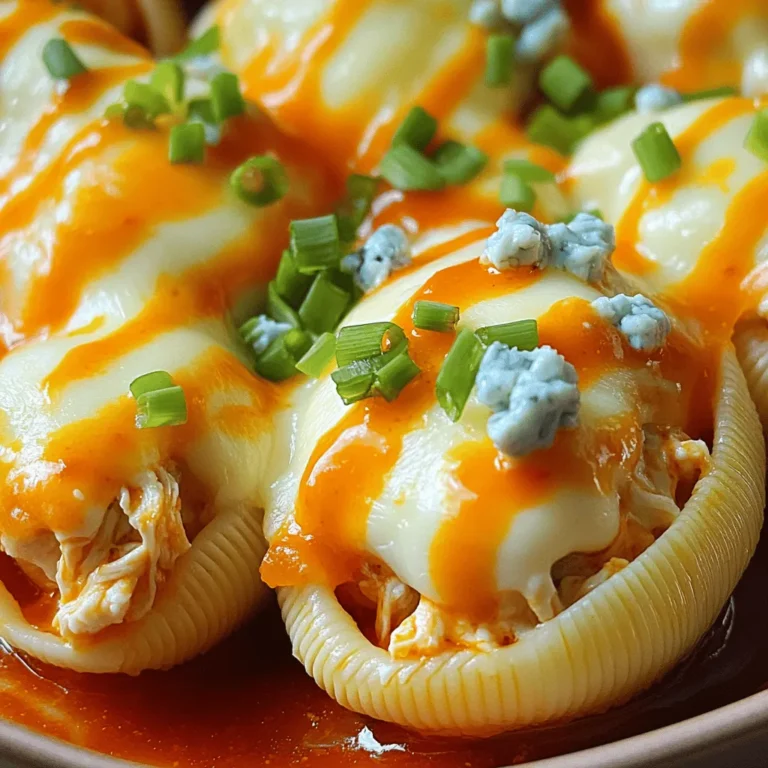 - 12 jumbo pasta shells - 1 cup cooked chicken, shredded - 1/2 cup cream cheese, softened - 1/4 cup buffalo wing sauce - 1/2 cup shredded mozzarella cheese - 1/4 cup blue cheese crumbles (optional) To make Quick Buffalo Chicken Stuffed Shells, these main ingredients are key. The jumbo pasta shells hold the delicious filling. The cooked chicken adds protein and flavor. Cream cheese makes the filling creamy. Buffalo wing sauce gives it a spicy kick. Shredded mozzarella adds a melty texture. You can add blue cheese if you like its tangy taste. - 1/4 teaspoon garlic powder - 1/4 teaspoon onion powder - Salt and pepper to taste These spices and seasonings are important for flavor. Garlic powder adds depth, while onion powder enhances the taste. Salt and pepper balance all the flavors. Adjust them to fit your taste buds. - 1/4 cup chopped green onions for garnish - 1 cup marinara sauce Garnishes and sauces elevate the dish. Chopped green onions add a fresh crunch on top. Marinara sauce provides a rich base for the stuffed shells. Together, they create a beautiful and tasty presentation. For the full recipe, check the details above. - Preheat your oven to 375°F (190°C). - Cook the jumbo pasta shells according to package instructions until al dente. Start by heating your oven. This step is key to ensuring everything bakes evenly. While the oven warms, boil water for your pasta. You want those shells just right—not too soft. Al dente gives the best texture and helps hold the filling. - In a mixing bowl, combine shredded chicken, cream cheese, buffalo wing sauce, and seasonings. Next, grab a bowl. Here, mix shredded chicken with cream cheese. Add buffalo wing sauce for that spicy kick! I often adjust the sauce based on your heat preference. Toss in garlic powder, onion powder, salt, and pepper. Stir until everything blends well. This mix should have a creamy and zesty flavor. - Carefully stuff each shell with the mixture and arrange in a baking dish. - Spread marinara sauce and top with cheeses before baking. Now for the fun part! Take each shell and stuff it with your tasty filling. Place them seam side up in a baking dish. Once all shells are in, spread marinara sauce over them. Top with mozzarella cheese and blue cheese crumbles if desired. Cover the dish with foil to keep moisture in. Bake for 20 minutes, then remove the foil and bake for another 10 minutes. Wait for that cheese to bubble and turn golden. You can find the complete recipe [Full Recipe]. - Ensure shells are cooked al dente for better texture. This means they should be firm yet tender. - Mix filling ingredients thoroughly for even flavor distribution. This helps every bite taste great. - Cover with foil to retain moisture during the first bake. This keeps the dish juicy and delicious. - Remove foil for the last few minutes to achieve a golden cheese topping. This adds a nice crispness. - Serve with a side salad or garlic bread for a complete meal. This adds freshness and balance to your plate. - Drizzle with extra buffalo sauce for more heat. This gives it that extra kick everyone loves. {{image_2}} - Use cooked rotisserie chicken for faster prep. This saves time and adds flavor. - Swap buffalo sauce for barbecue sauce for a different flavor profile. This can make it sweeter and less spicy. - Make it gluten-free by using gluten-free pasta shells. This way, everyone can enjoy the dish. - Use dairy-free cream cheese and mozzarella for a dairy-free version. This caters to those with lactose intolerance. - Add diced celery or carrots to the filling for extra crunch. This gives the dish more texture. - Include spices like cayenne or paprika for an extra kick. This enhances the heat and depth of flavor. Try these variations to make your Quick Buffalo Chicken Stuffed Shells even more exciting. For the full recipe, check out the details above. You can store leftovers in an airtight container in the fridge for up to 3 days. This keeps the shells fresh and tasty. When you're ready to eat, reheat them in the oven or microwave. Using the oven gives the best results. You will enjoy the warm, cheesy goodness again. You can freeze baked stuffed shells in individual portions. This makes for easy meals later on. When you want to eat them, thaw overnight in the fridge. This way, they will heat evenly when you’re ready to enjoy. If you plan to freeze the stuffed shells, assemble them but do not bake. Baking them fresh gives the best taste and texture. The flavors will shine through, and you will enjoy them more. For the full recipe, check out the earlier section. Yes, you can prepare the shells a day in advance and refrigerate before baking. This makes meal prep easy. Just store them covered in the fridge. When you're ready, bake as directed. This saves time on busy nights. Pair with a fresh salad, garlic bread, or veggie sticks for a balanced meal. These sides add color and nutrition. A crisp salad cools the spicy flavors. Garlic bread offers a nice crunch. Veggie sticks provide a crunchy contrast. The cheese should be bubbly and golden brown, and the filling should be heated through. You can check by inserting a fork into the shells. If it feels hot, they are ready to enjoy. This ensures every bite is delicious. In this post, I shared how to make delicious Buffalo Chicken Stuffed Shells. We covered key ingredients, step-by-step instructions, and tips for perfecting your dish. Remember, the right cooking methods and ingredients can elevate your meal. Feel free to mix things up with variations or dietary swaps. Plus, you can store leftovers easily for later. Enjoy this tasty recipe as part of your family meals and impress your guests with the bold flavors.